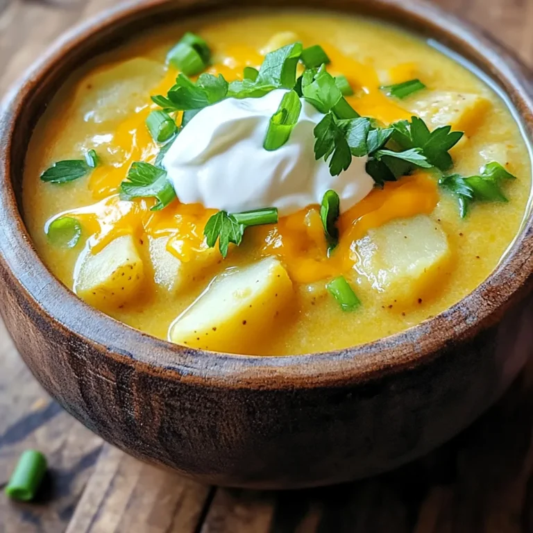 - 4 large russet potatoes, peeled and diced - 1/2 cup unsalted butter - 1 medium onion, finely chopped - 4 cloves garlic, minced - 1/2 cup all-purpose flour - 6 cups vegetable broth - 1 cup whole milk - 1 cup sour cream - 1 teaspoon smoked paprika - 1 teaspoon onion powder - Salt and pepper to taste - 1 cup shredded cheddar cheese - 1 cup cooked and crumbled turkey bacon (optional) - 1/2 cup green onions, sliced - Fresh parsley, chopped for garnish Making loaded baked potato soup is easy with these simple ingredients. I use russet potatoes for their creamy texture. The unsalted butter adds richness, while the onions and garlic give a strong base flavor. Flour helps thicken the soup, making it hearty. Vegetable broth keeps it light and healthy. Whole milk and sour cream make it creamy and dreamy. The smoked paprika adds a subtle heat and depth. Season with salt and pepper to taste. I like to add shredded cheddar cheese for that classic loaded taste. If you want a twist, try crumbled turkey bacon for extra flavor. Lastly, green onions and fresh parsley add bright colors and freshness to each bowl. Gather these ingredients, and you’re ready to create a bowl of comfort that warms the soul! First, you need to melt the butter in a large pot over medium heat. The butter adds richness to the soup. Next, chop the onion finely and add it to the pot. Sauté the onion for about five minutes until it softens. This step builds a great flavor base. Afterward, mince four cloves of garlic and add them. Cook the garlic for one minute, but watch closely. You don’t want it to burn. Now, it's time to create the roux. Sprinkle half a cup of flour over the onion and garlic mixture. Stir it well to combine. Cook this mixture for about three minutes. This step thickens the soup later. Gradually pour in six cups of vegetable broth. Whisk continuously as you do this. This helps prevent lumps in your soup. Bring the soup to a simmer. Now, take four large russet potatoes, peel, and dice them. Add the diced potatoes to the pot along with one teaspoon of smoked paprika and one teaspoon of onion powder. Season with salt and pepper to taste. Cover the pot and let it simmer for about 15 to 20 minutes. This cooks the potatoes until they become tender. Once the potatoes are soft, use a potato masher to mash some of them in the soup. This gives the soup a creamy texture while keeping some chunks for heartiness. Next, stir in one cup of whole milk and one cup of sour cream. Mix until everything is well combined. If needed, adjust the seasoning for taste. Now, slowly mix in one cup of shredded cheddar cheese. If you like, you can also add crumbled turkey bacon for extra flavor. Stir until the cheese melts completely. Remove the pot from heat and let the soup cool slightly. Finally, ladle the soup into bowls. Top each bowl with a dollop of sour cream, a sprinkle of sliced green onions, and chopped parsley for garnish. Enjoy your creamy and comforting loaded baked potato soup! To boost the taste of your loaded baked potato soup, consider adding a few spices. I recommend: - Smoked paprika for a rich, smoky flavor. - Onion powder brings out the onion's essence without overpowering. - A pinch of cayenne pepper for a mild heat kick. Using homemade broth also elevates the flavor. Store-bought broth is fine, but homemade adds depth. Just simmer vegetable scraps, herbs, and water for a rich base. The type of potato matters. I suggest using russet potatoes. They become fluffy and creamy when cooked. For mashing, a potato masher works best. It gives a nice mix of creamy and chunky textures. If you want it smoother, use an immersion blender for a quick blend. Pair your soup with simple sides for a complete meal. A fresh garden salad adds crunch and color. For bread, crusty sourdough or garlic bread are perfect. They soak up the soup's flavors well. Serve with a sprinkle of fresh parsley on top for a bright touch. {{image_2}} You can make small changes to fit your diet. Try substituting turkey bacon with another protein. Grilled chicken or crumbled tofu works well. Both add flavor and keep it healthy. For dairy, use low-fat milk and sour cream. Almond or oat milk can replace whole milk. This keeps your soup creamy without the extra fat. Add herbs to boost flavor. Thyme or rosemary add a fresh taste. Just a sprinkle can change the whole soup. You can also use different cheeses. Swap cheddar for gouda or pepper jack. Each cheese brings its own twist to the soup. Make your meal fun by turning it into a baked potato soup bar. Set out bowls of toppings. Think crispy bacon, cheese, and chives. Let everyone build their own bowl. Get creative with toppings! Try adding jalapeños, roasted corn, or even chili. Each bite can be a new experience. To keep your loaded baked potato soup fresh, use airtight containers. Glass or plastic containers work well. Make sure to let the soup cool before sealing it. The soup will last in the fridge for about 3 to 5 days. Always check for signs of spoilage before eating. To freeze the soup, let it cool completely. Pour it into freezer-safe bags or containers. Leave some space at the top for expansion. The soup can freeze well for up to 3 months. For thawing, place it in the fridge overnight. You can also use the microwave on low power. For reheating, you can use the stovetop or microwave. On the stovetop, heat it slowly over low heat, stirring often. In the microwave, use a microwave-safe bowl and cover it loosely. Heat in short bursts, stirring in between. After reheating, you may need to adjust the soup's consistency. Add a splash of milk or broth if it seems too thick. You can thicken your soup in a few easy ways. First, mash some of the potatoes in the soup. This adds creaminess and keeps some chunks. Second, you can mix in more flour or add a cornstarch slurry. To make a slurry, mix equal parts cornstarch and cold water, then stir it into the soup. Let it simmer until it thickens. Yes, you can easily make this soup vegan! Start by using vegan butter instead of regular butter. Replace the whole milk and sour cream with plant-based options. Almond milk, coconut milk, or oat milk work well. Use dairy-free sour cream for a creamy finish. Make sure to check the vegetable broth is vegan too! Loaded baked potato soup pairs great with many sides. Here are some tasty options: - Crusty bread or dinner rolls - A fresh green salad - Steamed broccoli or green beans - A side of roasted vegetables These sides add more flavor and texture to your meal. You can store leftover soup in the fridge for 3 to 4 days. Keep it in an airtight container for best results. When ready to eat, reheat it on the stove or in the microwave. If the soup thickens too much, just add a little water or broth to get the right consistency. In this blog post, we explored how to make a delicious loaded baked potato soup. We covered essential ingredients, step-by-step instructions, and helpful tips to enhance flavor and texture. You can also find ways to store leftovers and make variations to suit your taste. Making this soup is fun and easy. Enjoy it with loved ones and try new toppings. With this guide, you can create a warm bowl of comfort any time.