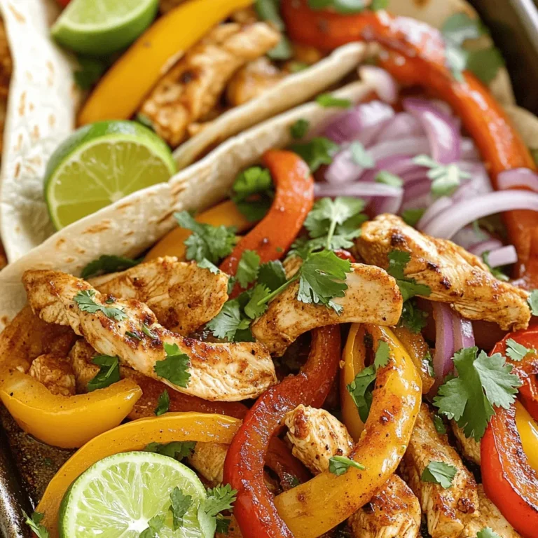 - 1 pound chicken breast - 2 bell peppers (red and yellow) - 1 medium red onion - 3 tablespoons olive oil - 2 tablespoons lime juice - 1 tablespoon chipotle powder - 1 teaspoon cumin - 1 teaspoon garlic powder - 1 teaspoon onion powder - 1 teaspoon smoked paprika - Salt and pepper to taste - Small tortillas - Fresh cilantro and lime wedges For this recipe, I focus on fresh, vibrant ingredients. Start with 1 pound of chicken breast. Slice it into strips for easy cooking. Next, grab 2 bell peppers—one red and one yellow. Slice them to add color and sweetness. A medium red onion adds flavor and crunch. Now, let’s talk about the marinade. Combine 3 tablespoons of olive oil with 2 tablespoons of fresh lime juice. This mix brings brightness to the dish. Add 1 tablespoon of chipotle powder for a smoky kick. For the spices, use: - 1 teaspoon cumin - 1 teaspoon garlic powder - 1 teaspoon onion powder - 1 teaspoon smoked paprika - Salt and pepper to taste This blend enhances every bite. You can adjust the seasonings to your taste, but this mix gives a great balance. When serving, small tortillas work best. They hold all the flavors without falling apart. Don't forget fresh cilantro and lime wedges. They add a fresh touch and extra zing. 1. Preheat your oven to 425°F (220°C). This step gets your oven ready for cooking. 2. Prepare the chicken and vegetables. Slice 1 pound of chicken breast into strips. Then, slice the red and yellow bell peppers and the red onion. Keep the slices even for uniform cooking. 1. Mix the ingredients together. In a large bowl, combine 3 tablespoons of olive oil, 2 tablespoons of lime juice, 1 tablespoon of chipotle powder, 1 teaspoon each of cumin, garlic powder, onion powder, and smoked paprika. Don’t forget to add salt and pepper to taste. Stir well to blend all the flavors. 1. Spread on a baking sheet. Take the chicken and vegetables, pour the marinade over them, and toss until everything is coated. Spread the mixture out in a single layer on a large baking sheet. 2. Cooking time and tips for checking doneness. Bake in the preheated oven for 20-25 minutes. Stir the mixture halfway through to ensure even cooking. Check the chicken for doneness; it should reach an internal temperature of 165°F (74°C). The vegetables should be tender and slightly caramelized. - Ensuring even cooking: Spread the chicken and veggies in a single layer on the baking sheet. Make sure they are not crowded. This helps them cook evenly and get a nice char. - Tips for marinating chicken: For best flavor, let the chicken sit in the marinade for at least 30 minutes. If you have time, marinate overnight in the fridge. This allows the spices to soak in deeply. - Best tortillas to use: Small flour tortillas work best for these fajitas. They are soft and hold the filling well. You can also use corn tortillas if you prefer a gluten-free option. - Pairing with sides or dips: Serve with guacamole, salsa, or sour cream. A side of Mexican rice or black beans complements the meal nicely. Fresh corn salad also adds a bright touch. - Adding more spices: If you want a bolder flavor, try adding chili powder or cayenne pepper. Fresh herbs like cilantro or parsley add freshness, too. - Adjusting heat level: For more heat, increase the chipotle powder or add jalapeños to the mix. If you prefer less heat, cut back on the chipotle. You can also add a touch of honey to balance the spice. {{image_2}} You can swap the chicken for other proteins. Shrimp or beef works great. Just adjust the cooking time based on what you choose. For shrimp, cook for 10-15 minutes. For beef, 20-25 minutes is good. You can also change the veggies. Zucchini or mushrooms add nice flavors. They will roast well with the other ingredients. Mix and match to find your favorite combo! Fajitas are fun to serve in different ways. You can make a fajita bowl. Use cooked rice or quinoa as a base. Top it with the chicken and veggies. Add your favorite toppings like cheese or sour cream. If you want a taco twist, use larger tortillas. Fill them with the chicken and veggies. Add lime wedges and cilantro for freshness. Both styles are tasty and easy to enjoy! You can get creative with your seasonings. Try adding fresh herbs like cilantro or parsley. They will brighten up the dish. You can also play with different spice blends. For a smoky taste, use smoked paprika. If you want more heat, add cayenne pepper. Experiment to find the flavor you love most! To keep your fajitas fresh, follow these steps. First, let the fajitas cool to room temperature. Place them in an airtight container for best results. Use a glass or plastic container that seals well. This will help maintain the taste and texture. You can store them in the fridge for up to three days. When you're ready to eat your leftovers, there are quick ways to reheat them. The microwave works well for a fast method. Place fajitas on a microwave-safe plate and cover with a damp paper towel. Heat in short bursts of 30 seconds until they are warm. For a crispier option, use the oven. Preheat it to 350°F (175°C). Spread the fajitas on a baking sheet. Heat them for about 10 minutes, stirring halfway through. To keep the fajitas moist, add a splash of water or broth before reheating. This prevents them from drying out. If you want to save fajitas for later, freezing is easy. First, let them cool completely. Next, wrap individual portions in plastic wrap. Then, place them in a freezer-safe bag or container. Remove as much air as possible to avoid freezer burn. They can last up to three months in the freezer. When you're ready to eat them, thaw in the fridge overnight. For a quicker option, you can use the microwave's defrost setting. After thawing, reheat using the methods mentioned above. This way, you can enjoy your delicious fajitas anytime! It takes about 35 minutes to cook sheet-pan fajitas. You spend 10 minutes prepping the ingredients. The baking time is 20-25 minutes. Make sure to check the chicken for doneness. It should reach an internal temperature of 165°F (75°C). Stir halfway through to ensure even cooking. Yes, you can make chicken fajitas ahead of time. You can marinate the chicken and vegetables a few hours before cooking. Just keep them in the fridge until you’re ready. You can also cook the fajitas and store them in the fridge. They stay good for up to three days. Just reheat them before serving. You can serve chicken fajitas with many sides. Here are some tasty options: - Mexican rice - Refried beans - Corn on the cob - Guacamole - Salsa - A fresh salad These sides complement the flavors of the fajitas well. You can also serve extra lime wedges and cilantro for a fresh touch. This blog covered how to make tasty sheet-pan chicken fajitas. You learned about the right ingredients, marinade, and cooking steps. I shared tips for even cooking and serving ideas, like using fresh tortillas. You can switch up ingredients for fun variations. Store and reheat leftovers the right way to keep them fresh. Now, you have the tools to enjoy delicious fajitas anytime. Get cooking and savor every bite!
