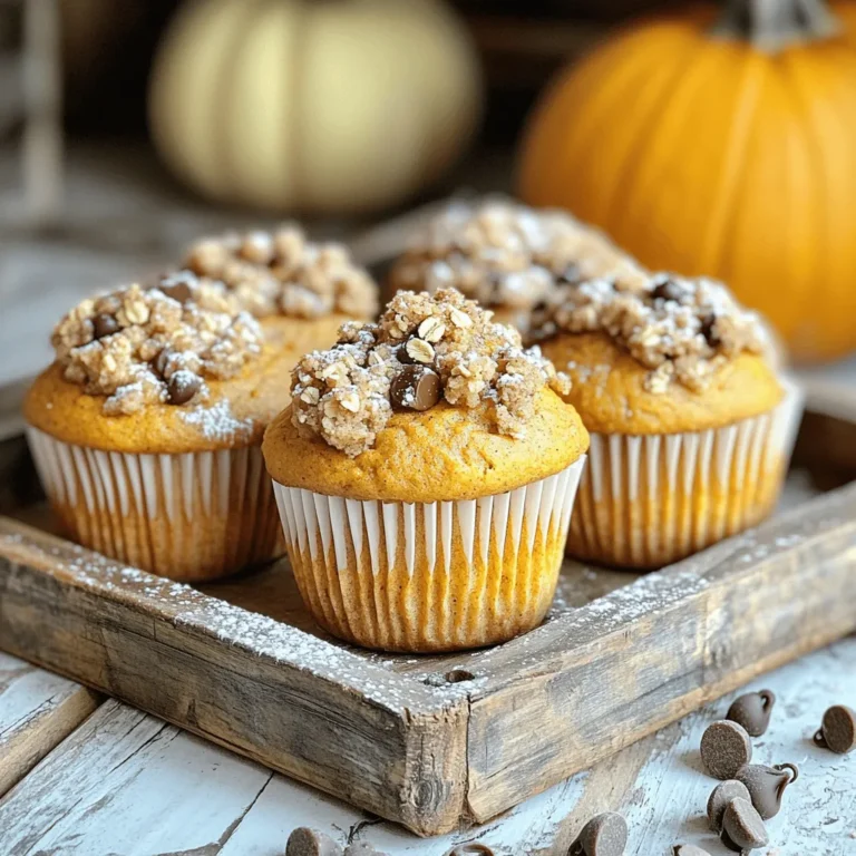 - 1 cup pumpkin puree - 1 cup granulated sugar - 1/2 cup brown sugar, packed - 1/2 cup vegetable oil - 2 large eggs - 1 teaspoon vanilla extract - 2 cups all-purpose flour - 1 teaspoon baking soda - 1/2 teaspoon baking powder - 1 teaspoon ground cinnamon - 1/2 teaspoon ground nutmeg - 1/2 teaspoon salt - 1 cup chocolate chips These main ingredients make the muffins moist and sweet. The pumpkin puree adds a rich flavor and soft texture. The sugars give a perfect balance of sweetness. The vegetable oil helps keep the muffins tender. Eggs provide structure and moisture. The spices bring warmth and depth to each bite. - 1/4 cup all-purpose flour - 1/4 cup brown sugar, packed - 1/4 cup rolled oats - 1 teaspoon ground cinnamon - 2 tablespoons cold butter, cubed The streusel topping adds a delightful crunch. The oats give it a nice texture. The brown sugar adds sweetness and a hint of caramel flavor. Cold butter makes the topping crumbly and rich. This topping will make your muffins irresistible. - Muffin tin (12-cup) - Mixing bowls - Whisk and spatula - Toothpick for testing Using the right tools makes baking easier. A good muffin tin helps the muffins rise evenly. Mixing bowls allow you to combine ingredients well. A whisk helps blend wet ingredients smoothly. A spatula is great for folding in chocolate chips. A toothpick tests if the muffins are done. 1. Preheat your oven to 350°F (175°C). Line a muffin tin with paper liners or grease it well. 2. In a large mixing bowl, whisk together: - 1 cup pumpkin puree - 1 cup granulated sugar - 1/2 cup brown sugar, packed - 1/2 cup vegetable oil - 2 large eggs - 1 teaspoon vanilla extract This mix should be smooth and creamy. 3. In another bowl, combine the dry ingredients by sifting together: - 2 cups all-purpose flour - 1 teaspoon baking soda - 1/2 teaspoon baking powder - 1 teaspoon ground cinnamon - 1/2 teaspoon ground nutmeg - 1/2 teaspoon salt Gradually add the dry mix to the wet mix. Stir until just combined. 4. Gently fold in: - 1 cup chocolate chips Make sure they are evenly spread throughout the batter. 5. To prepare the streusel topping, in a small bowl, mix: - 1/4 cup all-purpose flour - 1/4 cup brown sugar, packed - 1/4 cup rolled oats - 1 teaspoon ground cinnamon Add 2 tablespoons cold butter, cubed. Mix until it resembles coarse crumbs. 6. Fill each muffin cup about two-thirds full with batter. Sprinkle the streusel topping generously over each muffin. 7. Bake in the preheated oven for 20-25 minutes. Check for doneness by inserting a toothpick into the center. It should come out clean. 8. Allow the muffins to cool in the tin for 5 minutes. Then, transfer them to a wire rack to cool completely. To make the best muffins, focus on texture. Mix wet and dry ingredients gently. Overmixing makes muffins tough. Aim for a few lumps in the batter. Each oven is different. Check muffins around 20 minutes. A toothpick should come out clean when they are done. If your oven runs hot, lower the temp slightly. If you need an alternative for pumpkin puree, use sweet potato puree or butternut squash. They give a similar taste and texture. For oils, you can swap vegetable oil with melted coconut oil. You may also use unsweetened applesauce for a lighter option. For sugars, try using honey or maple syrup. Adjust the amount, as these are sweeter than granulated sugar. Want to add more flavor? Mix in chopped nuts like walnuts or pecans. Dried fruits like cranberries or raisins also work well. For a twist, use flavored chocolate chips. Try mint or peanut butter chips for a fun surprise. These additions can make your muffins even more delightful! {{image_2}} You can make these muffins fit different diets easily. For gluten-free pumpkin chocolate chip muffins, swap all-purpose flour for a gluten-free blend. This change keeps the muffins moist and tasty. You can find many gluten-free blends in stores. If you're looking for a vegan version, replace eggs with flaxseed meal. Mix 1 tablespoon of flaxseed meal with 2.5 tablespoons of water for each egg. Let it sit for a few minutes until it thickens. You can also use plant-based milk and oil instead of regular ones. The texture stays great, and the flavor shines through. Want to change up the flavor? Add spices like ginger or cloves. These spices give a warm touch to the muffins. You can mix in half a teaspoon of each to find your perfect balance. Another fun twist is using different kinds of chocolate. You can use white chocolate chips for a sweeter treat or dark chocolate for a richer taste. Each version brings a unique flavor to your muffins. You can make these muffins special for holidays. For Halloween, add colorful sprinkles on top of the streusel. For Thanksgiving, try adding a sprinkle of nutmeg for a festive flair. You can also use unique toppings for celebrations. Try a drizzle of icing or a sprinkle of chopped nuts. These small changes can make your muffins stand out at any gathering. To keep your muffins fresh, store them in an airtight container. This helps prevent them from drying out. Place a piece of parchment paper between layers if stacking. It keeps them from sticking together. You can also use a zip-top bag for storage. Make sure to press out as much air as possible before sealing. To freeze muffins properly, let them cool completely first. Wrap each muffin in plastic wrap. After that, place them in a freezer-safe bag. Label the bag with the date for easy tracking. When you want to enjoy a muffin, take it out and thaw it at room temperature. You can also heat it in the microwave for about 15-20 seconds for a warm treat. At room temperature, these muffins last about 3 days. Keep them in a cool, dry place. If you notice any mold or an off smell, it’s best to discard them. The muffins will stay fresh longer if stored in the fridge but may lose some softness. Enjoy your pumpkin chocolate chip streusel muffins while they are at their best! Yes, you can use fresh pumpkin. Just cook it, blend it, and drain excess water. Canned pumpkin is easier and saves time. Both options give great flavor. You can use applesauce or mashed banana. Each egg can be replaced with 1/4 cup of these. They add moisture and sweetness to the muffins. Insert a toothpick into the center of a muffin. If it comes out clean, the muffins are ready. They should also look golden brown on top. Yes, you can! Just fill the mini muffin cups halfway. Bake them for about 12-15 minutes. Keep an eye on them to avoid overbaking. Serve them warm for the best taste. A sprinkle of powdered sugar adds a sweet touch. Enjoy with hot cider or coffee for a cozy treat. These pumpkin chocolate chip muffins combine simple ingredients and easy steps for great results. You learned how to prepare the batter, add toppings, and ensure they bake perfectly. Remember the tips for storage and variations that can make your muffins unique. Whether you're making them for a holiday or a cozy day, these muffins are sure to please. Enjoy your baking journey and savor each bite!