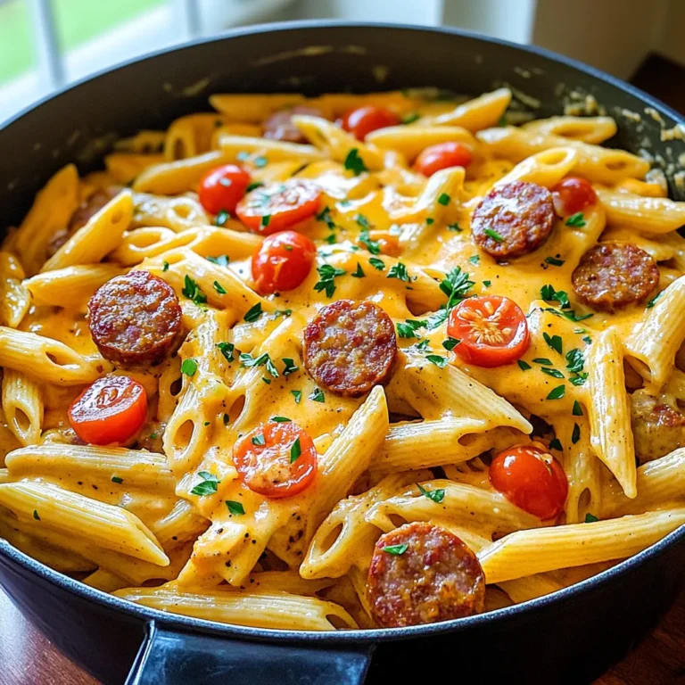 To make One-Pot Creamy Cajun Sausage Pasta, gather these items: - 12 oz penne pasta - 1 lb smoked sausage, sliced (like andouille or turkey sausage) - 1 tablespoon olive oil - 1 medium onion, diced - 3 cloves garlic, minced - 1 bell pepper (red or green), diced - 2 cups chicken broth - 1 cup heavy cream - 2 tablespoons Cajun seasoning - 1 cup cherry tomatoes, halved - 1 cup shredded cheddar cheese - Salt and pepper to taste You can enhance your dish with these garnishes: - Fresh parsley, chopped - Extra cheddar cheese on top - A sprinkle of red pepper flakes for heat For this recipe, you will need the following tools: - A large pot - A cutting board - A sharp knife - A wooden spoon for stirring - Measuring cups and spoons These tools help you cook smoothly and keep everything organized. Enjoy your cooking! Start by heating 1 tablespoon of olive oil in a large pot over medium heat. Once hot, add 1 pound of sliced smoked sausage. I like andouille or turkey sausage for its flavor. Cook the sausage for about 4-5 minutes until it turns golden brown. This step adds a nice depth to your dish. Next, add 1 medium diced onion, 3 minced garlic cloves, and 1 diced bell pepper to the pot. Sauté these for about 3-4 minutes. You want the veggies to soften and blend. The smell will make you hungry! Stir in 2 tablespoons of Cajun seasoning. Cook this mix for another minute. This helps release those bold flavors. You’ll notice the aroma filling your kitchen! Now, add 12 ounces of penne pasta and 2 cups of chicken broth to the pot. Bring everything to a boil. Once it boils, reduce the heat to low and cover the pot. Let it simmer for 12-15 minutes. Stir occasionally to prevent sticking. The pasta will absorb most of the liquid and become tender. Once the pasta is cooked, lower the heat again. Stir in 1 cup of heavy cream and 1 cup of halved cherry tomatoes. Mix everything well. Let it simmer for another 2-3 minutes. This will warm up the tomatoes and make the dish creamy. Finally, remove the pot from heat. Stir in 1 cup of shredded cheddar cheese. Keep stirring until the cheese melts and makes the pasta creamy. Season with salt and pepper to taste. Garnish with fresh chopped parsley before serving. Enjoy your creamy, spicy, and delicious meal! To get the best Cajun flavor, use high-quality Cajun seasoning. I like to mix my own for a fresh taste. Combine paprika, cayenne, garlic powder, and thyme. Add this mix to your sausage early. This step helps the spices bloom and makes the dish pop. Don't be shy with the seasoning; it brings life to the pasta. For a rich and creamy sauce, heavy cream is key. After cooking the pasta, lower the heat before adding the cream. This step prevents the cream from curdling. Stir continuously as you add the cream. This method helps the sauce to blend smoothly. Adding shredded cheddar cheese at the end creates a luscious texture. Cook the sausage until it’s browned. This process adds depth to the dish. When you add the pasta, ensure it’s submerged in broth. Cover the pot to retain steam while it cooks. Stir occasionally to prevent sticking. After about 12-15 minutes, check for doneness. The pasta should be tender but firm. {{image_2}} If you want to change the sausage, you have great options. Try turkey sausage for a lighter meal. Chicken sausage works well, too. You can even use vegetarian sausage if you prefer. Each type brings its own flavor. This way, you can tweak it to suit your needs! To make a tasty vegetarian version, skip the sausage. Use mushrooms, zucchini, or bell peppers instead. These veggies add great texture and flavor. You can also add beans or lentils for protein. Use vegetable broth instead of chicken broth. This keeps the dish rich and creamy without meat. If you like more heat, add crushed red pepper flakes. You can also toss in chopped jalapeños for a fresh kick. Another option is to use a spicier Cajun seasoning. A touch of hot sauce can also enhance the flavor. Adjust the spice level to your liking and enjoy the heat! To store leftovers of your One-Pot Creamy Cajun Sausage Pasta, let it cool first. Pour the pasta into an airtight container. It stays fresh in the fridge for up to three days. Label the container with the date for easy tracking. When you are ready to eat again, reheating is easy. You can use the microwave. Place the pasta in a bowl and cover it. Heat for one minute, then stir. If it is too thick, add a splash of water or broth. You can also reheat it on the stove. Use low heat and stir often until it warms up. If you want to freeze this dish, use a freezer-safe container. Make sure to leave some space at the top. The pasta can freeze well for about three months. When you want to eat it, thaw it in the fridge overnight. Reheat it as described above. This keeps the flavor and texture nice. Yes, you can use any pasta you like. I often use rotini or fusilli. These shapes hold the sauce well. Just make sure to adjust the cooking time. Check the box for timing. To reduce the spice, use less Cajun seasoning. You can also add more cream. This will cool down the heat. Adding a dollop of sour cream helps too. This dish pairs well with a simple salad. A side of garlic bread complements it nicely. You can also serve steamed veggies for color and nutrition. You learned how to make One-Pot Creamy Cajun Sausage Pasta. We covered the key ingredients, optional garnishes, and useful tools. I shared step-by-step instructions to prepare and cook the dish. You also got tips for great flavor and creamy sauce. Consider trying different sausage or adding spice for extra flavor. Store any leftovers properly to enjoy later. Now, you're ready to make a delicious meal. Enjoy every step in your cooking journey!