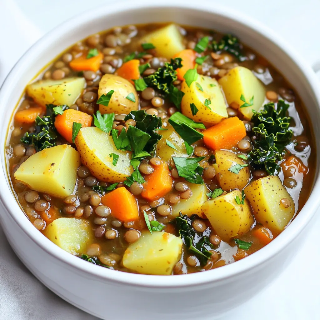 - 1 cup dry green or brown lentils, rinsed - 2 medium potatoes, diced - 2 carrots, sliced - 2 celery stalks, diced - 1 onion, chopped - 3 cloves garlic, minced - 4 cups vegetable broth - 1 can (14 oz) diced tomatoes, with juices - 1 teaspoon dried thyme - 1 teaspoon cumin - 1 teaspoon smoked paprika - Salt and pepper to taste - 1 cup chopped kale or spinach (optional) - 2 tablespoons olive oil - Fresh parsley, for garnish - Alternative vegetables (e.g., bell peppers, zucchini) - Different herbs and spices (e.g., rosemary, bay leaves) - Calories per serving: Approximately 200 - Key vitamins and minerals: Rich in fiber, vitamins A, C, and K, and iron Gather these ingredients before you start. The lentils bring a hearty base, while the veggies add color and flavor. This stew is not just tasty; it’s also packed with nutrients. Adding kale or spinach boosts the vitamins even more. Using vegetable broth enhances the flavor without meat. Feel free to swap in your favorite vegetables for variety. This stew is flexible and easy to customize! Start by rinsing 1 cup of dry lentils. Place them in a fine mesh strainer. Rinse them under cold water until the water runs clear. This step removes dirt and debris. Next, chop the vegetables. Dice 2 medium potatoes, slice 2 carrots, and dice 2 celery stalks. Chop 1 onion and mince 3 cloves of garlic. If you want to use greens like kale, chop 1 cup into small pieces. In a large skillet, heat 2 tablespoons of olive oil over medium heat. Add the chopped onion and minced garlic. Sauté for about 3-4 minutes. You want them soft and fragrant. This step helps build flavor for the stew. Transfer the sautéed onion and garlic to your slow cooker. Add the rinsed lentils, diced potatoes, sliced carrots, and diced celery. Now, pour in 4 cups of vegetable broth. Add 1 can of diced tomatoes with their juices. Stir in 1 teaspoon of dried thyme, 1 teaspoon of cumin, and 1 teaspoon of smoked paprika. Season with salt and pepper to taste. Cover the slow cooker. Set it to low for 6-8 hours or high for 3-4 hours. The lentils and vegetables should become tender. In the last 30 minutes of cooking, stir in the chopped kale or spinach if you want to add greens. Before serving, taste the stew and adjust the seasonings if needed. Enjoy the rich flavors! To create the best lentil vegetable stew, focus on the right texture and taste. Use fresh veggies for more flavor. The lentils should be tender but not mushy. Cook them low and slow for the best results. Aim for a nice balance of spices. Smoked paprika adds depth, while thyme provides earthiness. Don’t forget to season with salt and pepper at the end. This way, you can adjust as needed. Meal prep can make cooking easier. Chop your veggies ahead of time. Store them in the fridge for up to three days. Rinsing lentils takes only a few minutes. You can also use pre-cut vegetables from the store. This cuts down on your prep time. If you want to speed things up, consider using canned lentils. They are cooked and ready to go. Just rinse them before adding to the stew. Presentation matters. Serve the stew in deep bowls for a cozy feel. Top with freshly chopped parsley for a bright look. Pair it with crusty whole-grain bread. This adds a nice crunch to each bite. You can also serve it with a side salad for a fresh touch. A sprinkle of cheese on top can add creaminess, too. Enjoy your meal in a warm atmosphere for the best experience. {{image_2}} You can easily make this stew vegetarian or vegan. Just swap the vegetable broth for a rich, homemade broth. If you want to add protein, consider chickpeas or black beans. Rinse and drain canned beans before adding them to your stew. This will give you a hearty meal that is still plant-based. You can enhance your stew by adding different legumes or grains. Try mixing in quinoa or barley. They pair well with lentils. If you want to add variety, toss in split peas or black-eyed peas. Both options add unique flavors and textures to your dish. Using seasonal produce makes your stew even more delicious. In spring, add fresh peas or asparagus. In summer, zucchini or bell peppers work well. In fall, try butternut squash or sweet potatoes. Winter brings hearty greens like collards or Swiss chard. These swaps keep your stew fresh and exciting all year round. To keep your stew fresh, use airtight containers. Glass or BPA-free plastic containers work best. Make sure the stew cools down before sealing it. This helps prevent moisture buildup. Store leftovers in the fridge for up to five days. You can freeze this lentil stew for longer storage. First, let the stew cool completely. Then, pour it into freezer-safe bags or containers. Remove as much air as possible to avoid freezer burn. Label the bags with the date. This stew will stay good for up to three months in the freezer. To thaw, place it in the fridge overnight or use the microwave on low. Reheat your stew on the stove for the best taste. Pour the stew into a pot and warm over medium heat. Stir often to avoid sticking. You can also use the microwave. Place the stew in a microwave-safe bowl and cover it. Heat for two to three minutes, stirring halfway through. Adding a splash of broth can help keep the stew moist. Enjoy the rich flavors all over again! I recommend using green or brown lentils. They hold their shape well and add a nice texture. Red lentils cook faster and become mushy. So, they are not the best choice for this stew. Yes, you can! To make it on the stovetop, simply follow the same steps. Cook the stew in a pot over medium heat. It will take about 30-40 minutes. Make sure to stir often until the lentils are tender. To boost protein, add cooked beans or lentils. You can also mix in shredded chicken or diced tofu. Stir these in during the last 10 minutes of cooking. This way, they warm through but keep their texture. You can store leftovers in an airtight container for 3-5 days. Be sure to let it cool before sealing. This keeps the stew fresh and tasty. Absolutely! This recipe is naturally gluten-free. Just make sure your vegetable broth is labeled gluten-free. Enjoy this healthy meal without worry! This stew recipe provides a healthy meal packed with flavor. You learned about key ingredients, preparation, and slow cooking steps. Don’t forget to adjust spices to fit your taste. Try different vegetables and herbs for fun twists. Store leftovers properly to enjoy later. Feel free to adapt the recipe based on seasons or diet needs. Now, cooking this stew can be an easy, enjoyable task. I hope you dive in and enjoy your delicious creation!