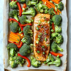 To make Sheet-Pan Teriyaki Salmon & Broccoli, you need a few simple ingredients. - 4 salmon fillets (about 6 oz each) - 2 cups broccoli florets - 1 red bell pepper, sliced - 1 carrot, julienned - 1 tablespoon sesame oil - 1/4 cup low-sodium soy sauce - 2 tablespoons honey - 1 tablespoon rice vinegar - 1 teaspoon grated ginger - 2 cloves garlic, minced - 1 tablespoon sesame seeds - Salt and pepper to taste - Green onions, chopped (for garnish) Each ingredient plays a key role in flavor and nutrition. Salmon is rich in omega-3 fatty acids, which are great for heart health. Broccoli adds fiber and vitamins. The bell pepper and carrot bring color and crunch. The teriyaki sauce components blend sweet and savory flavors. Honey balances the saltiness of soy sauce. Rice vinegar adds a hint of tang. Ginger and garlic give a warm spice. Gather these ingredients before starting. This way, you can enjoy cooking without interruptions. 1. Preheat oven and prepare baking sheet Start by preheating your oven to 400°F (200°C). While it heats, line a large baking sheet with parchment paper. This makes cleanup easy and helps the food cook evenly. 2. Make the teriyaki sauce In a small bowl, whisk together the soy sauce, honey, rice vinegar, ginger, garlic, and sesame oil. Mix until it’s smooth. This teriyaki sauce will give your dish a sweet and savory flavor. 3. Season the salmon fillets Place the salmon fillets on one side of the sheet pan. Sprinkle salt and pepper on top. This simple seasoning enhances the salmon’s natural taste. 1. Arrange vegetables and season In a large bowl, toss the broccoli, red bell pepper, and carrot with a drizzle of olive oil, salt, and pepper. Make sure the veggies are well-coated for the best flavor. Then, spread them on the other side of the sheet pan. 2. Bake salmon and vegetables Brush half of the teriyaki sauce over the salmon. Then, place the sheet pan in the oven. Bake for 12-15 minutes. The salmon should flake easily when done, and the veggies should be tender-crisp. 3. Add final touches before serving Once the salmon and veggies are ready, drizzle the remaining teriyaki sauce over everything. Sprinkle sesame seeds on top for a nice crunch. Finally, garnish with chopped green onions for a fresh touch. To achieve perfectly cooked salmon, make sure to use salmon fillets that are the same size. This helps them cook evenly. When you bake salmon, keep an eye on the time. Salmon usually cooks in 12 to 15 minutes at 400°F (200°C). Check for doneness by using a fork. If it flakes easily, it is ready! For cutting vegetables, uniform size is key for even cooking. Cut your broccoli florets into similar sizes. Aim for pieces about one to two inches. Slice the red bell pepper into strips and julienne the carrot thinly. This way, all your veggies will cook at the same rate, giving you tender, crisp bites. Adjusting the teriyaki sauce sweetness can make a big difference. If you like it sweeter, add more honey. If you prefer less sweetness, reduce the honey and soy sauce. Taste the sauce before adding it to the salmon. This lets you find the balance that suits your palate. For garnishing and presentation, sprinkle sesame seeds on top of the salmon and veggies after baking. This adds crunch and a nice look. Chopping up green onions for garnish also adds a pop of color. You can even serve the dish on a colorful plate to make it stand out on your table. {{image_2}} You can switch up the protein in this dish. If you don’t have salmon, try chicken breasts. They work well and absorb the teriyaki flavor nicely. Simply follow the same steps, but adjust the cooking time. Chicken usually needs a bit more time in the oven, about 20-25 minutes. For a vegetarian option, use firm tofu. Cut the tofu into cubes and press it to remove excess water. Toss the tofu in the teriyaki sauce before baking. It will soak up the flavors, making it delicious and satisfying. Feel free to mix in different veggies! Seasonal vegetables like asparagus or green beans can add variety to your meal. If you want a sweeter touch, try adding snap peas or zucchini. You can also adapt the recipe based on your family’s tastes. If someone doesn’t like broccoli, use cauliflower or carrots instead. Just make sure to cut them into similar sizes for even cooking. The key is to keep it colorful and tasty! Store your leftovers in an airtight container. This keeps them fresh and safe. Make sure to cool the salmon and broccoli first. They can last in the fridge for up to three days. If you want to enjoy them later, keep the teriyaki sauce separate. This helps maintain the flavor and texture. To freeze your meal, place it in a freezer-safe bag or container. Be sure to remove as much air as you can. This prevents freezer burn. You can freeze the salmon and veggies for about three months. For reheating, thaw the meal overnight in the fridge. Then, reheat it in the oven at 350°F (175°C). This method keeps the salmon moist and the veggies crisp. You can also use a microwave, but be careful not to overcook. Enjoy your meal just like the first time! You can tell the salmon is done when it flakes easily with a fork. The fish should look opaque and not translucent. Cook it for 12-15 minutes at 400°F (200°C). This will give you moist, tender salmon that melts in your mouth. Yes, you can make the teriyaki sauce ahead of time. Just mix the soy sauce, honey, rice vinegar, ginger, garlic, and sesame oil in a bowl. Store it in an airtight container in the fridge. It will stay fresh for about a week, making meal prep easier. This recipe is not gluten-free due to the soy sauce. However, you can use gluten-free soy sauce or tamari as a substitute. This small change keeps the flavor while making the dish safe for those with gluten sensitivities. You can serve this dish with rice or quinoa for a complete meal. Steamed rice works well, or try jasmine rice for added flavor. You could also add a side salad for some extra crunch and freshness. In this post, I shared a simple recipe for sheet-pan teriyaki salmon with fresh veggies. We covered each step, from preparing the salmon and sauce to cooking and serving. I also offered tips for perfecting flavors and suggested variations for different tastes. Remember, you can customize this dish to fit your needs. Follow my storage tips to enjoy leftovers later. Cooking can be fun and easy! Try this recipe, and enjoy a tasty meal that’s good for you.