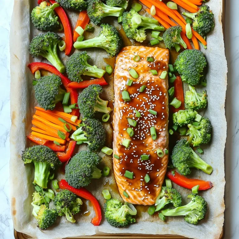 To make Sheet-Pan Teriyaki Salmon & Broccoli, you need a few simple ingredients. - 4 salmon fillets (about 6 oz each) - 2 cups broccoli florets - 1 red bell pepper, sliced - 1 carrot, julienned - 1 tablespoon sesame oil - 1/4 cup low-sodium soy sauce - 2 tablespoons honey - 1 tablespoon rice vinegar - 1 teaspoon grated ginger - 2 cloves garlic, minced - 1 tablespoon sesame seeds - Salt and pepper to taste - Green onions, chopped (for garnish) Each ingredient plays a key role in flavor and nutrition. Salmon is rich in omega-3 fatty acids, which are great for heart health. Broccoli adds fiber and vitamins. The bell pepper and carrot bring color and crunch. The teriyaki sauce components blend sweet and savory flavors. Honey balances the saltiness of soy sauce. Rice vinegar adds a hint of tang. Ginger and garlic give a warm spice. Gather these ingredients before starting. This way, you can enjoy cooking without interruptions. 1. Preheat oven and prepare baking sheet Start by preheating your oven to 400°F (200°C). While it heats, line a large baking sheet with parchment paper. This makes cleanup easy and helps the food cook evenly. 2. Make the teriyaki sauce In a small bowl, whisk together the soy sauce, honey, rice vinegar, ginger, garlic, and sesame oil. Mix until it’s smooth. This teriyaki sauce will give your dish a sweet and savory flavor. 3. Season the salmon fillets Place the salmon fillets on one side of the sheet pan. Sprinkle salt and pepper on top. This simple seasoning enhances the salmon’s natural taste. 1. Arrange vegetables and season In a large bowl, toss the broccoli, red bell pepper, and carrot with a drizzle of olive oil, salt, and pepper. Make sure the veggies are well-coated for the best flavor. Then, spread them on the other side of the sheet pan. 2. Bake salmon and vegetables Brush half of the teriyaki sauce over the salmon. Then, place the sheet pan in the oven. Bake for 12-15 minutes. The salmon should flake easily when done, and the veggies should be tender-crisp. 3. Add final touches before serving Once the salmon and veggies are ready, drizzle the remaining teriyaki sauce over everything. Sprinkle sesame seeds on top for a nice crunch. Finally, garnish with chopped green onions for a fresh touch. To achieve perfectly cooked salmon, make sure to use salmon fillets that are the same size. This helps them cook evenly. When you bake salmon, keep an eye on the time. Salmon usually cooks in 12 to 15 minutes at 400°F (200°C). Check for doneness by using a fork. If it flakes easily, it is ready! For cutting vegetables, uniform size is key for even cooking. Cut your broccoli florets into similar sizes. Aim for pieces about one to two inches. Slice the red bell pepper into strips and julienne the carrot thinly. This way, all your veggies will cook at the same rate, giving you tender, crisp bites. Adjusting the teriyaki sauce sweetness can make a big difference. If you like it sweeter, add more honey. If you prefer less sweetness, reduce the honey and soy sauce. Taste the sauce before adding it to the salmon. This lets you find the balance that suits your palate. For garnishing and presentation, sprinkle sesame seeds on top of the salmon and veggies after baking. This adds crunch and a nice look. Chopping up green onions for garnish also adds a pop of color. You can even serve the dish on a colorful plate to make it stand out on your table. {{image_2}} You can switch up the protein in this dish. If you don’t have salmon, try chicken breasts. They work well and absorb the teriyaki flavor nicely. Simply follow the same steps, but adjust the cooking time. Chicken usually needs a bit more time in the oven, about 20-25 minutes. For a vegetarian option, use firm tofu. Cut the tofu into cubes and press it to remove excess water. Toss the tofu in the teriyaki sauce before baking. It will soak up the flavors, making it delicious and satisfying. Feel free to mix in different veggies! Seasonal vegetables like asparagus or green beans can add variety to your meal. If you want a sweeter touch, try adding snap peas or zucchini. You can also adapt the recipe based on your family’s tastes. If someone doesn’t like broccoli, use cauliflower or carrots instead. Just make sure to cut them into similar sizes for even cooking. The key is to keep it colorful and tasty! Store your leftovers in an airtight container. This keeps them fresh and safe. Make sure to cool the salmon and broccoli first. They can last in the fridge for up to three days. If you want to enjoy them later, keep the teriyaki sauce separate. This helps maintain the flavor and texture. To freeze your meal, place it in a freezer-safe bag or container. Be sure to remove as much air as you can. This prevents freezer burn. You can freeze the salmon and veggies for about three months. For reheating, thaw the meal overnight in the fridge. Then, reheat it in the oven at 350°F (175°C). This method keeps the salmon moist and the veggies crisp. You can also use a microwave, but be careful not to overcook. Enjoy your meal just like the first time! You can tell the salmon is done when it flakes easily with a fork. The fish should look opaque and not translucent. Cook it for 12-15 minutes at 400°F (200°C). This will give you moist, tender salmon that melts in your mouth. Yes, you can make the teriyaki sauce ahead of time. Just mix the soy sauce, honey, rice vinegar, ginger, garlic, and sesame oil in a bowl. Store it in an airtight container in the fridge. It will stay fresh for about a week, making meal prep easier. This recipe is not gluten-free due to the soy sauce. However, you can use gluten-free soy sauce or tamari as a substitute. This small change keeps the flavor while making the dish safe for those with gluten sensitivities. You can serve this dish with rice or quinoa for a complete meal. Steamed rice works well, or try jasmine rice for added flavor. You could also add a side salad for some extra crunch and freshness. In this post, I shared a simple recipe for sheet-pan teriyaki salmon with fresh veggies. We covered each step, from preparing the salmon and sauce to cooking and serving. I also offered tips for perfecting flavors and suggested variations for different tastes. Remember, you can customize this dish to fit your needs. Follow my storage tips to enjoy leftovers later. Cooking can be fun and easy! Try this recipe, and enjoy a tasty meal that’s good for you.