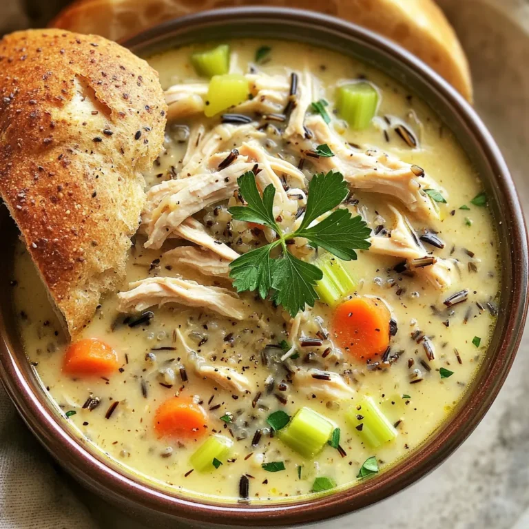 - 1 lb boneless, skinless chicken breasts - 1 cup wild rice, rinsed - 4 cups chicken broth (low sodium) - 1 medium onion, diced - 2 cloves garlic, minced - 2 carrots, diced - 2 celery stalks, diced - 1 teaspoon dried thyme - 1 teaspoon dried rosemary - 1 bay leaf - 1 cup heavy cream (or coconut milk for a dairy-free option) - Salt and pepper to taste - Fresh parsley, chopped (for garnish) Gathering fresh ingredients makes a big difference. The chicken breasts give the soup its heartiness. Wild rice adds a nutty flavor and a chewy texture. Chicken broth brings it all together with rich taste. For veggies, you need onion, garlic, carrots, and celery. They add layers of flavor and color. Thyme and rosemary bring warmth and depth. The bay leaf ties everything together during cooking. Don't forget the cream! It makes the soup rich and smooth. If you want a dairy-free option, coconut milk works great. Finish with salt, pepper, and fresh parsley for a burst of flavor. Each ingredient plays a role in this dish. Make sure to use high-quality items for the best result. This comforting soup will warm you up on any chilly day. Start by placing the boneless chicken breasts at the bottom of your slow cooker. This helps the chicken cook evenly and keeps it moist. Next, season the chicken with salt, pepper, thyme, and rosemary. These spices add great flavor to the soup. Make sure to coat the chicken well for the best taste. Layer the rinsed wild rice over the chicken. The wild rice will absorb flavors as it cooks. Now, add the diced onion, minced garlic, diced carrots, and diced celery on top of the rice. These vegetables bring freshness and crunch to the soup. Pour the chicken broth over all the ingredients in the slow cooker. This broth is the base of your soup. Toss in the bay leaf for added flavor and stir gently to combine everything. Be careful not to disturb the chicken too much. Cover the slow cooker and set it on low heat. Cooking on low allows all the flavors to meld together. The cooking time is about 6 to 7 hours. You know it’s done when the chicken is fully cooked and shreds easily with a fork. Once the soup is ready, take out the chicken breasts. Shred them using two forks and return the shredded chicken to the slow cooker. This gives the soup a nice texture and hearty feel. Stir in the cream or coconut milk into the soup. This adds richness and makes the soup creamy. Let it warm for an additional 15 minutes on low heat to incorporate the cream fully. Finally, taste the soup and adjust the seasoning with salt and pepper if needed. Before serving, remember to remove the bay leaf. Garnish your soup with chopped fresh parsley for a touch of color and freshness. To make your soup shine, choose fresh herbs. I love using thyme and rosemary. They add great taste. If you have fresh herbs, use them! Dried herbs work well too. When it comes to broth, homemade is best. It has deep flavor and richness. But store-bought broth is fine if you’re short on time. Just pick low sodium versions to keep it healthy. For creaminess, I often use heavy cream. It makes the soup rich and smooth. If you want a dairy-free option, coconut milk is a great choice. It adds a nice sweetness. To get the right thickness, let the soup cook longer. The wild rice will absorb some broth and thicken the soup. If it’s too thick, just add a bit of water or broth. Serve your soup in warm bowls for a cozy touch. I like to sprinkle fresh parsley on top. It adds color and freshness. Pair the soup with crusty bread. A nice slice will soak up all the goodness. For a twist, add a sprinkle of black pepper before serving. It gives a little kick! {{image_2}} You can easily make this soup dairy-free. Instead of heavy cream, use coconut milk. This swap gives a creamy feel without dairy. For gluten-free needs, wild rice is a great choice. It naturally fits this diet. Just ensure all other ingredients are gluten-free too. Want to add more greens? Toss in some spinach or kale. These veggies boost nutrition and flavor. You can also play with herbs and spices. Try adding parsley, dill, or even a pinch of cayenne for warmth. Each choice brings new life to the soup. Chicken is great, but turkey works too. Use it if you have leftovers. For a meatless option, replace chicken with beans or lentils. This gives protein while keeping it hearty. You could also use tofu for an interesting twist. Each choice makes the soup unique while keeping it cozy. To store leftover soup, let it cool to room temperature first. Then, place the soup in airtight containers. I recommend using glass or BPA-free plastic containers for safety. Make sure to leave some space at the top since the soup can expand as it cools. For best results when freezing soup, use freezer-safe containers or heavy-duty freezer bags. Be sure to label them with the date. When you are ready to eat, thaw the soup in the fridge overnight. You can also use the microwave for a quick thaw. When reheating, warm it on the stove until it bubbles. This helps keep the flavors intact. In the fridge, your soup will last about three to four days. Always check for signs of spoilage before eating. If you see any strange smells, mold, or changes in color, it’s best to throw it away. Keeping your soup safe means enjoying every bite! Yes, you can use frozen chicken breasts in your soup. Just keep in mind that it will change the cooking time. If you start with frozen chicken, it may take an extra hour to cook. The texture may be slightly different too. The chicken might not shred as easily, but it will still be tasty. Just ensure it reaches an internal temperature of 165°F for safety. If you can't find wild rice, don't worry! You have some great options. Brown rice works well and cooks faster. Quinoa is another choice; it adds protein and a nice texture. You could also use barley for a heartier soup. Each option changes the flavor a bit, but they all make a warm, filling soup. To add some heat, try adding red pepper flakes or cayenne pepper. Start with a small amount and taste as you go. You can also mix in diced jalapeños for a fresh kick. Another idea is to use a spicy chicken broth. This will enhance the flavor and warmth of your soup without overpowering it. This soup recipe combines simple ingredients and easy steps for a healthy meal. You learned how to layer fresh chicken, wild rice, and vegetables in a slow cooker. We also explored ways to adjust flavors and textures with herbs, spices, and cream options. Consider the storage tips and variations to make it your own. Cooking should be fun and creative. Enjoy your warm bowl of goodness, tailored to your taste. Your family will love it!