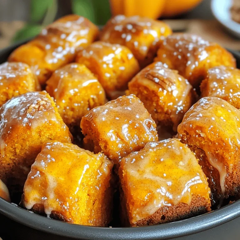 To make pumpkin spice monkey bread, you need a few key items. Here’s the list of ingredients: - 2 cans (16.5 oz each) refrigerated biscuits - 1 cup pumpkin puree - 3/4 cup brown sugar - 1 teaspoon ground cinnamon - 1/2 teaspoon ground nutmeg - 1/4 teaspoon ground ginger - 1/4 teaspoon allspice - 1/4 cup pecans, chopped (optional) - 1/4 cup melted butter - 1/2 cup powdered sugar (for glaze) - 1-2 tablespoons milk (for glaze) Each ingredient plays a part. The refrigerated biscuits serve as the base. They puff up and become soft. The pumpkin puree adds moisture and flavor. Brown sugar brings sweetness and a nice caramel note. The spices like cinnamon, nutmeg, ginger, and allspice give that warm fall taste. Pecans add crunch if you choose to use them. Butter helps everything stick together and adds richness. The glaze made from powdered sugar and milk adds the finishing touch. It makes the monkey bread sweet and glossy. Don’t skip this step! Each ingredient works together to create an amazing fall treat. First, preheat your oven to 350°F (175°C). This step is key for even baking. Next, grab a 10-12 cup bundt pan. Grease it well with non-stick spray. This will help your monkey bread release easily later. In a large mixing bowl, combine the pumpkin puree, brown sugar, ground cinnamon, ground nutmeg, ground ginger, and allspice. Stir until the mix is smooth and well-blended. This mixture gives your monkey bread that classic pumpkin spice flavor. Open the cans of refrigerated biscuits and cut each biscuit into quarters. Take each quarter and dip it into the pumpkin mixture. Make sure each piece is well-coated. If you like, you can toss the coated pieces in a bowl with chopped pecans at this point. Layer the coated biscuit pieces in the greased bundt pan. Arrange them evenly for a nice rise. Drizzle any leftover pumpkin mixture and melted butter over the top. This will add richness and flavor. Now, it's time to bake. Put the bundt pan in the preheated oven. Bake for about 30 to 35 minutes. You want the top to be golden brown. To check for doneness, insert a toothpick into the center. If it comes out clean, your monkey bread is ready. While the monkey bread bakes, prepare the glaze. In a small bowl, whisk together powdered sugar and milk until smooth. You can adjust the milk amount to get your desired glaze thickness. Once baked, let the monkey bread cool in the pan for about 10 minutes. This helps it set. Then, invert the pan onto a serving platter. Drizzle the glaze over the warm monkey bread. Let it sit for a few minutes to set before serving. Enjoy this delightful treat! - Adjusting glaze thickness: To get the glaze just right, start with 1 tablespoon of milk. Add more milk slowly until you reach the desired thickness. A thicker glaze coats better, while a thinner glaze drizzles nicely. - Coating biscuit pieces thoroughly: Make sure to dip each biscuit piece fully into the pumpkin mixture. This adds flavor and color to each piece. Use a fork or your fingers to help coat all sides. - Suggestions for additional spices: Want to boost the flavor? Try adding a pinch of cloves or cardamom. These spices give a warm, cozy taste that enhances the pumpkin. - Optional toppings and garnishes: For a fun twist, top your monkey bread with chopped walnuts or a dusting of cinnamon sugar. You can also serve it with whipped cream for extra indulgence. - Overbaking or underbaking: Keep an eye on the baking time. If it bakes too long, it can dry out. If it bakes too short, the center may be gooey. Use a toothpick to check for doneness. - Skipping the greasing step: Never skip greasing the bundt pan. This will help the bread release easily once it's baked. A non-stick spray works best for a clean release. {{image_2}} You can customize your pumpkin spice monkey bread in fun ways. Adding chocolate chips gives it a sweet twist. Just toss in about 1/2 cup of semi-sweet or dark chocolate chips when mixing the pumpkin mixture. The chocolate melts and mixes well with the spices, making every bite a treat. Incorporating other nuts can also change the flavor. If you like, use walnuts or almonds instead of pecans. Chopped nuts add crunch and richness. Sprinkle in about 1/4 cup when you coat the biscuit pieces to boost texture and taste. If you need gluten-free options, use gluten-free refrigerated biscuits. Many brands offer great alternatives that work well in this recipe. Just check the labels to ensure they are gluten-free. For vegan substitutes, swap the butter with coconut oil or a vegan butter spread. You can also replace milk with almond milk or oat milk in the glaze. These changes keep the recipe plant-based and still delicious. To give your monkey bread a festive flair, try a Christmas spice blend. Add a pinch of cloves or cardamom to the pumpkin mixture. This will create a warm, holiday flavor that’s perfect for winter gatherings. Thanksgiving-inspired additions can also enhance the dish. Consider adding a few tablespoons of dried cranberries or apple pieces. These ingredients bring a fall harvest vibe to the bread. They add sweetness and a bit of chewiness, making it even more delightful. To keep your pumpkin spice monkey bread fresh, use a sealed container. A glass or plastic container works well. Make sure it is airtight to prevent drying out. If you have a lot left, consider wrapping it in plastic wrap first. This extra layer helps keep the moisture in. Store your leftovers in the fridge for best results. When it's time to enjoy your leftovers, there are a few great ways to reheat them. The oven is the best method. Preheat it to 350°F (175°C). Place the monkey bread on a baking sheet and cover it with foil. Heat for about 10-15 minutes. This keeps it warm and soft. You can also use a microwave, but be careful. Heat it in short bursts of 15 seconds to avoid drying it out. After reheating, drizzle a bit of glaze on top for extra flavor. Your pumpkin spice monkey bread can last about 3-5 days in the fridge. After that, it may start to lose its taste and texture. Watch for signs of spoilage. If you see mold or if it smells off, it’s best to toss it. Freshness is key to enjoying this yummy treat! You can use several options instead of refrigerated biscuits. Here are a few: - Frozen dough: This dough is ready to bake and easy to find. - Homemade dough: Make your own with flour, baking powder, and milk for a fresh taste. - Scone dough: It adds a nice flavor and texture twist. - Croissant dough: This option gives a flaky, buttery touch to your monkey bread. Each of these substitutes can change the taste and feel of the bread, so choose one that fits your style. Yes, you can prepare this recipe in advance. Here are some planning tips: - Prepare the pumpkin mixture: Mix the pumpkin, sugar, and spices. Store it in the fridge for up to two days. - Cut the biscuits: Cut and coat them in the pumpkin mixture the night before. Keep them in an airtight container in the fridge. - Bake it later: When you are ready, layer the biscuits in the pan and bake as directed. This saves time on busy mornings or gatherings. Check for doneness with a few easy tests: - Visual cues: The top should be golden brown. - Toothpick test: Insert a toothpick into the center. If it comes out clean, it’s ready. - Time check: Bake it for 30 to 35 minutes, but oven times may vary. These tips will ensure your monkey bread is perfectly baked and delicious. You can reduce the sweetness with these tips: - Cut back on sugar: Use half or even a third of the brown sugar. - Choose unsweetened pumpkin puree: It adds flavor without extra sugar. - Add more spices: Increase the cinnamon or nutmeg for a stronger flavor. - Serve with less glaze: Drizzle less glaze on top or skip it entirely. These adjustments keep the taste while lowering the sugar content. This blog post covered how to make pumpkin monkey bread step by step. You learned about the key ingredients, from refrigerated biscuits to spices and the glaze. I shared tips for perfecting your bread, plus ways to make it your own with flavors and dietary adjustments. Remember to store leftovers properly and enjoy them later. With this recipe, you can create a warm, tasty treat for any season. Happy baking!