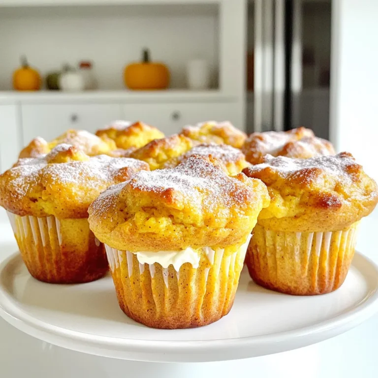 To make pumpkin cream cheese muffins, you need the following ingredients: - 1 cup canned pumpkin puree - 1/2 cup cream cheese, softened - 1/2 cup granulated sugar - 1/4 cup brown sugar, packed - 1/3 cup vegetable oil - 2 large eggs - 1 teaspoon vanilla extract - 1 1/2 cups all-purpose flour - 1 teaspoon baking powder - 1 teaspoon baking soda - 1/2 teaspoon salt - 1 teaspoon ground cinnamon - 1/2 teaspoon ground nutmeg - 1/4 teaspoon ground ginger - 1/4 teaspoon ground cloves These ingredients create a rich and moist muffin. The pumpkin puree adds flavor and moisture, while the cream cheese gives a creamy surprise inside each bite. You can add some nuts to boost flavor and texture. Consider these options: - 1/2 cup chopped walnuts - 1/2 cup chopped pecans These nuts add crunch and taste. You can mix them into the batter or sprinkle them on top before baking. If you don’t have some ingredients, don’t worry! Here are some easy swaps: - Replace vegetable oil with melted coconut oil for a twist. - Use applesauce instead of oil for a lower-fat option. - Swap granulated sugar with brown sugar for deeper flavor. These substitutions help you adjust the recipe to your pantry. Feel free to get creative while keeping the muffins delicious! Start by preheating your oven to 350°F (175°C). This temperature gives the muffins a nice rise and helps them bake evenly. While the oven heats, grab your muffin tin. Line it with paper liners or grease each cup with a bit of oil. This step keeps the muffins from sticking and makes for easy serving. In a medium bowl, take 1/2 cup of softened cream cheese. Add 2 tablespoons of granulated sugar to the bowl. Use a hand mixer or a whisk to beat the cream cheese until it's smooth and creamy. This mixture adds a rich, tangy layer to your muffins, making them even more delicious. Set this bowl aside for later. In a large bowl, combine 1 cup of canned pumpkin puree, 1/3 cup of vegetable oil, and the remaining granulated sugar and brown sugar. Crack in 2 large eggs and add 1 teaspoon of vanilla extract. Whisk these ingredients together until they are well blended. In another bowl, mix 1 1/2 cups of all-purpose flour, 1 teaspoon of baking powder, 1 teaspoon of baking soda, and 1/2 teaspoon of salt. Then, add 1 teaspoon of ground cinnamon, 1/2 teaspoon of ground nutmeg, 1/4 teaspoon of ground ginger, and 1/4 teaspoon of ground cloves. Use a whisk to combine these dry ingredients. Now, carefully add the dry ingredients to the wet ingredients. Stir gently until everything is just mixed. Be careful not to overmix, as this can make the muffins tough. If you like nuts, fold in 1/2 cup of chopped walnuts or pecans for extra crunch. To get the best muffin texture, mix gently. Overmixing makes them tough. Stir the dry ingredients into the wet until just combined. You want a few lumps. This helps keep them light and fluffy. Also, make sure your oven is preheated. An accurate temperature ensures even baking. Store your muffins in an airtight container. They stay fresh for about three days. If you want to keep them longer, freeze them. Wrap each muffin tightly in plastic wrap. Then place them in a freezer bag. When you want one, just thaw it at room temperature. Reheat in the microwave for 10-15 seconds. They will taste fresh again! Add fun flavors to your muffins! Try adding chocolate chips or dried fruit. You can also top them with a crumbly streusel. For serving, enjoy them warm with a cup of coffee or tea. Dust with powdered sugar for a lovely finish. You can even spread a little extra cream cheese on top for a rich treat. {{image_2}} To make vegan pumpkin cream cheese muffins, swap the eggs and cream cheese. Use flax eggs instead of regular eggs. Mix 1 tablespoon of flaxseed meal with 2.5 tablespoons of water. Let it sit for five minutes to thicken. For cream cheese, use a store-bought plant-based option or make your own with soaked cashews blended with lemon juice and a bit of maple syrup. These changes keep the flavor rich and creamy. For gluten-free pumpkin cream cheese muffins, replace all-purpose flour with gluten-free flour blend. Make sure it has a good binding agent. Check that all other ingredients are gluten-free. Enjoy a soft, moist muffin without gluten. Be aware that gluten-free blends may need a bit more liquid, so adjust if needed. You can easily change the flavor profile of your muffins. Try adding spices like allspice or cardamom for warmth. You could also fold in fruits, like cranberries or apples, for a fresh twist. If you want a nutty flavor, adding walnuts or pecans works well. These small changes can make your muffins unique and delightful. To keep your pumpkin cream cheese muffins fresh, store them in an airtight container. This helps keep moisture in and prevents them from drying out. You can place parchment paper between layers to avoid sticking. Keep them at room temperature for short-term storage. If you need to store them for longer, the fridge is a good option. Freezing your muffins is simple. First, let them cool completely. Then, wrap each muffin in plastic wrap. Place the wrapped muffins in a freezer bag or container. This method helps prevent freezer burn. When you want to enjoy them, just take out a muffin and let it thaw at room temperature. You can also warm it in the microwave for a few seconds. These muffins stay fresh for about 2-3 days at room temperature. In the fridge, they can last up to a week. If frozen, they can stay good for about 3 months. Always check for any signs of spoilage before eating. Enjoy your delicious muffins any time within these time frames! Yes, you can use fresh pumpkin. First, cook the pumpkin until it’s soft. Then, mash it and drain any extra water. Use the same amount of fresh pumpkin as canned. This gives a fresh taste. Just be sure to measure it carefully. You know the muffins are done when a toothpick stuck in the center comes out clean. They should be golden brown and spring back when you touch them. If the toothpick has wet batter, bake for a few more minutes. These muffins go well with a hot drink. Try coffee or tea for a cozy treat. You can also serve them with cream cheese spread on top. Add a sprinkle of nuts for crunch. Yes, you can make mini muffins! Just fill the mini muffin cups about halfway. Bake them for about 12-15 minutes. Check with a toothpick to see if they are done. Enjoy these tasty bites! You now know how to make delicious pumpkin cream cheese muffins. We covered key ingredients, steps, and tips for the best results. Remember, you can customize flavors and store them easily. Enjoy these muffins fresh or as a quick treat later. Baking is fun, and experimenting with recipes makes it even better. Get baking and share your tasty results with friends and family!