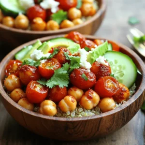 - 2 cans (15 oz each) chickpeas, drained and rinsed - 3 tablespoons harissa paste - 2 tablespoons olive oil - 1 teaspoon garlic powder - 1 teaspoon smoked paprika - Salt and pepper to taste Chickpeas are the star of this dish. They provide protein and fiber. I use two cans for easy prep. Harissa paste adds a spicy kick. Olive oil helps the chickpeas roast well. Garlic powder and smoked paprika boost the flavor. Don't forget salt and pepper for seasoning. - 1 cup cherry tomatoes, halved - 1 cucumber, diced - 1 avocado, sliced - Fresh cilantro or parsley for garnish Fresh ingredients brighten up the bowl. Cherry tomatoes add sweetness and color. Diced cucumber gives a nice crunch. Sliced avocado adds creaminess and healthy fats. Garnish with cilantro or parsley for a fresh touch. - ¼ cup feta cheese, crumbled - 1 cup cooked quinoa Feta cheese adds a salty bite. If you love cheese, go for it! Quinoa serves as a great base. It makes the meal heartier and adds more protein. You can also use other grains if you wish. First, preheat your oven to 425°F (220°C). A hot oven helps the chickpeas get nice and crispy. Make sure to set a timer so you don’t forget! In a large bowl, add the drained chickpeas. Then, mix in 3 tablespoons of harissa paste and 2 tablespoons of olive oil. Add 1 teaspoon of garlic powder, 1 teaspoon of smoked paprika, and sprinkle in salt and pepper to taste. Toss everything well. You want each chickpea to be coated in flavor. Spread the seasoned chickpeas in a single layer on a baking sheet lined with parchment paper. Roast them in the oven for 25 to 30 minutes. Shake the pan halfway through. This helps them cook evenly. Look for a crispy, golden finish. While the chickpeas roast, cook your quinoa. Follow the package instructions for best results. Once it’s done, fluff it with a fork. Set it aside to cool a bit. Grab your serving bowls. Start with a base of cooked quinoa. Then, top it with roasted chickpeas. Add halved cherry tomatoes, diced cucumber, and sliced avocado. Each layer adds color and taste. If you like, sprinkle crumbled feta cheese on top. For a fresh finish, add chopped cilantro or parsley. Serve the bowls warm. An extra drizzle of olive oil or a squeeze of lemon adds even more flavor! To get crispy chickpeas, follow these tips: - Dry the Chickpeas: After rinsing, pat the chickpeas dry with a towel. Moisture makes them soggy. - Use Parchment Paper: Line your baking sheet with parchment. It helps with easy cleanup and even roasting. - Spread Evenly: Make sure the chickpeas are in a single layer. This helps them cook evenly. - Shake Halfway: Halfway through cooking, shake the pan. This lets all sides get crispy. You can change this recipe to fit your needs: - For Vegan: Skip the feta cheese. The dish stays tasty without it. - For Gluten-Free: This recipe is naturally gluten-free. Enjoy it as is. - Different Beans: Use black beans or white beans if you want a change. They work well with harissa. These bowls are great on their own, but you can add more: - Grains: Serve with rice or farro instead of quinoa. - Greens: Add spinach or kale for extra color and nutrition. - Sauces: Drizzle tahini sauce or a yogurt sauce on top for creaminess. - Nuts and Seeds: Sprinkle some pumpkin seeds or nuts for crunch and flavor. {{image_2}} You can change the flavor of your chickpeas easily. Try using different spice blends. Here are some ideas: - Cumin and Coriander: These spices add warmth and depth. - Curry Powder: This gives a nice twist with a hint of sweetness. - Chili Powder: For more heat, this is a great option. - Lemon Pepper: This adds brightness and tang. These blends can make your dish exciting and new. Experiment and find what you like best! While quinoa is tasty, you can switch up the base. Here are some ideas: - Brown Rice: A hearty choice that adds fiber. - Couscous: This cooks quickly and has a nice texture. - Farro: A nutty grain that pairs well with chickpeas. - Cauliflower Rice: For a low-carb option, this works well. Feel free to mix and match these bases. It keeps your meals fun and fresh. Making this dish vegan and gluten-free is simple. Here’s how: - Skip the Feta: Just leave out the cheese for a vegan meal. - Check Labels: Ensure your harissa and other ingredients are gluten-free. - Use Gluten-Free Grains: Choose quinoa, rice, or other gluten-free bases. This dish can fit many diets. You can enjoy it no matter your needs! To keep your Harissa Roasted Chickpea Bowls fresh, store leftovers in an airtight container. Make sure the chickpeas and veggies are cool before sealing. This helps keep the flavors intact. You can store them in the fridge for up to three days. If you want to keep the chickpeas crispy, store them separately from the other ingredients. When you're ready to enjoy leftovers, reheating is key for taste. You can use the oven for best results. Preheat it to 350°F (175°C). Place the chickpeas on a baking sheet and heat for about 10 minutes. This will help them regain some crunch. If you’re in a rush, use the microwave. Heat it for about 1-2 minutes, but the chickpeas may lose their crispiness. Harissa Roasted Chickpea Bowls last for about three days in the fridge. If you want to store them longer, consider freezing the chickpeas. They should keep well for up to three months in the freezer. Just remember to label your containers with the date! This way, you can enjoy these tasty bowls later without any worry. Yes, you can use dried chickpeas. To do this, first soak them overnight in water. This helps them soften. Next, drain and rinse the chickpeas. Cook them in boiling water for about 1 to 1.5 hours until tender. Then, use them in the recipe just like canned chickpeas. Harissa can be spicy, but it varies by brand. Some types are hot, while others are milder. I suggest starting with a small amount. You can always add more if you enjoy the heat. The spices in harissa add depth and flavor, too. These bowls are great with many sides. You can serve them with a fresh green salad or some roasted veggies. Pita bread and hummus make nice additions. If you want a grain, consider serving with couscous or rice. This way, you can create a filling and tasty meal! This blog post explored how to make Harissa Roasted Chickpea Bowls. We covered key ingredients, including chickpeas and fresh veggies, along with optional additions like feta. You learned step-by-step instructions to roast chickpeas and assemble your bowl. I shared tips for perfecting your dish and offered variations for different diets. Remember, cooking should be fun and adaptable. Try your own twists and enjoy a meal that's healthy and easy!