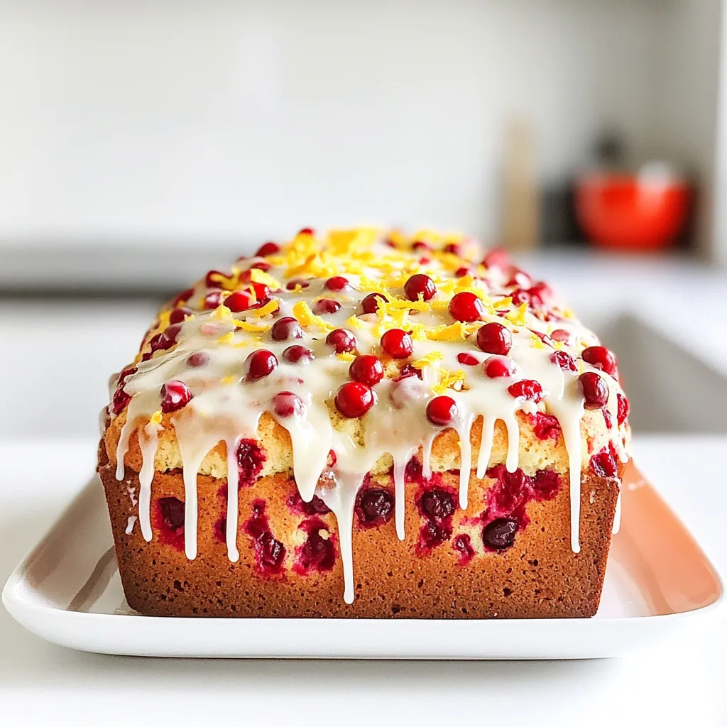 - 2 cups all-purpose flour - 1 cup fresh cranberries, chopped - 1 cup granulated sugar - 1 large orange (zest and juice) - 1/2 cup unsalted butter, melted - 1/2 cup buttermilk - 2 large eggs - 2 teaspoons baking powder - 1 teaspoon baking soda - 1/2 teaspoon salt - 1 teaspoon vanilla extract - 1 cup powdered sugar - 2 tablespoons orange juice - 1/2 teaspoon vanilla extract Gathering the right ingredients is key to making Cranberry Orange Bread with Vanilla Glaze. First, pick fresh cranberries. They add a tart burst of flavor. Then, choose a large orange for its zest and juice. The zest gives a bright, fresh taste, while the juice adds moisture. You will also need flour, sugar, eggs, and buttermilk. Each one plays a vital role. Flour gives the bread structure. Sugar sweetens and helps the bread rise. Eggs bind the mix, and buttermilk adds tenderness. Don’t forget the melted butter, baking powder, baking soda, salt, and vanilla extract. Butter adds richness. Baking powder and soda help the bread rise. Salt enhances all the flavors, and vanilla brings warmth. For the glaze, use powdered sugar, orange juice, and vanilla extract. This simple mix gives a sweet finish. Drizzle it over the cooled bread for a lovely touch. Enjoy the process of gathering these ingredients. They will come together to create a delicious treat that fills your kitchen with warm scents. 1. Preheat your oven to 350°F (175°C). This step is key for even baking. 2. Grease a 9x5-inch loaf pan to keep the bread from sticking. Set it aside. 3. In a large mixing bowl, combine the flour, sugar, baking powder, baking soda, and salt. Whisk these dry ingredients until well mixed. 1. In a separate bowl, whisk together the melted butter, buttermilk, eggs, orange juice, orange zest, and vanilla extract. This mixture adds moisture and flavor. 2. Gradually pour the wet mixture into the dry ingredients. Stir gently until just combined. Be careful not to overmix, as this can make the bread tough. 1. Carefully fold in the chopped cranberries. This adds a tart burst of flavor. 2. Pour the batter into the prepared loaf pan. Smooth the top with a spatula to ensure even baking. 3. Bake in the preheated oven for 55-65 minutes. Check doneness by inserting a toothpick in the center. It should come out clean. 4. Once baked, remove the bread from the oven. Let it cool in the pan for about 10 minutes. Then, transfer it to a wire rack to cool completely before glazing. To prevent overmixing the batter, mix the wet and dry ingredients gently. Use a spatula to fold them together. Stop mixing when you still see some dry flour. This keeps the bread light and fluffy. The ideal baking time for Cranberry Orange Bread is between 55 to 65 minutes at 350°F (175°C). Check the bread by inserting a toothpick in the center. If it comes out clean, your bread is ready. To achieve the perfect vanilla glaze consistency, mix the powdered sugar with orange juice and vanilla extract. If the glaze is too thick, add a bit more orange juice. If it's too runny, add more powdered sugar. For drizzling the glaze effectively, use a spoon or a small whisk. Drizzle back and forth over the cooled bread for a nice pattern. Let the glaze set for about 10 minutes before you slice the bread. Cranberry Orange Bread pairs well with tea or coffee. Serve slices warm or at room temperature. Garnish each slice with fresh orange slices for a bright touch. For presentation, place the bread on a rustic wooden board. Add a few whole cranberries and some orange slices around it. This makes your dish inviting and beautiful. {{image_2}} You can enjoy this bread even more by swapping some ingredients. If you want a gluten-free option, use almond flour or a gluten-free blend. Both work well and keep the bread tasty. For sweeteners, you can use honey or maple syrup instead of sugar. These options also add a nice flavor twist. Adding nuts can give your bread a nice crunch. Try walnuts or pecans for a rich taste. You can also mix in other fruits. Dried apricots or raisins can add sweetness. If you love spices, sprinkle in some cinnamon or nutmeg. These spices add warmth and depth to the bread. Garnishing can make your bread look stunning. Consider adding fresh cranberries or orange slices on top. This adds color and a nice touch. When serving the glaze, try using a squeeze bottle for a fun design. You can drizzle it over the bread in a zig-zag pattern or make swirls. This makes the bread look fancy and inviting. To keep leftover Cranberry Orange Bread fresh, wrap it tightly in plastic wrap. Place it in an airtight container or a resealable bag. Store it at room temperature for up to three days. If the weather is warm, put it in the fridge to avoid mold. Keep slices separate with parchment paper to prevent sticking. For freezing, first, let the bread cool completely. Wrap it in plastic wrap and then in aluminum foil. This double wrap protects it from freezer burn. Store in the freezer for up to three months. For defrosting, move the bread to the fridge overnight. You can also unwrap it and let it sit at room temperature for a few hours. Cranberry Orange Bread stays fresh for about three days at room temperature. In the fridge, it can last up to a week. Look for signs of spoilage like discoloration or a sour smell. If you see mold, discard the bread immediately. Enjoy your delicious bread at its best! Yes, you can make this bread ahead of time. Bake it and let it cool completely. Then, wrap it tightly in plastic wrap. Store it at room temperature for up to three days. For longer storage, freeze it for up to three months. When ready to eat, thaw it overnight in the fridge. To check if the bread is done, insert a toothpick into the center. If it comes out clean or with a few crumbs, the bread is ready. If it has wet batter on it, bake for a few more minutes. Keep an eye on it to prevent overbaking. If you don’t have buttermilk, you can make your own. Mix one cup of milk with one tablespoon of lemon juice or vinegar. Let it sit for five minutes. This will create a similar tangy flavor. You can also use yogurt or sour cream as a substitute. If fresh cranberries are hard to find, use frozen ones. Just toss them directly into the batter without thawing. They will add the same tart flavor and juicy texture to your bread. You can store any leftover glaze in a sealed container in the fridge. Just whisk it again before use. If it’s too thick, add a little more orange juice to reach the desired consistency. Absolutely! Chopped walnuts or pecans would be great. Just fold them in with the cranberries. This adds a nice crunch to the soft bread. Cranberry orange bread pairs well with coffee or tea. You can also serve it with a dollop of butter or cream cheese for extra flavor. Fresh orange slices make a lovely garnish too. This blog post shared a simple recipe for Cranberry Orange Bread. You learned about key ingredients, step-by-step instructions, and helpful tips. Exploring variations and storage advice can help you enjoy this treat longer. Remember to experiment with flavors to make it your own. Follow the methods and suggestions, and you'll bake a great loaf. Crafting this bread can bring joy to your kitchen and impress your friends. Enjoy your baking adventure!
