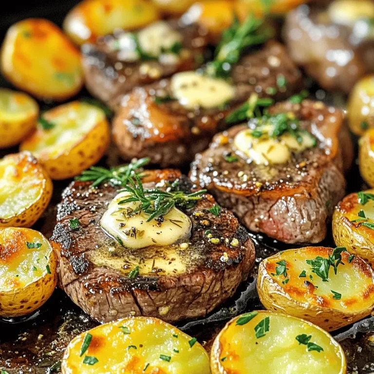 To make Sheet Pan Garlic Butter Steak Bites & Potatoes, gather these key items: - 1 pound sirloin steak, cut into bite-sized pieces - 1 pound baby potatoes, halved - 4 tablespoons unsalted butter, melted - 4 cloves garlic, minced - 2 teaspoons fresh rosemary, chopped (or 1 teaspoon dried) - 2 teaspoons fresh thyme (or 1 teaspoon dried) - Salt and pepper to taste - 1 tablespoon olive oil - Optional: Fresh parsley, for garnish These ingredients work together to create a tasty, garlic-infused dish. The sirloin steak provides rich flavor, while the baby potatoes add heartiness. If you need substitutes, here are some options: - Use flank steak instead of sirloin for a different texture. - Swap baby potatoes for Yukon gold or red potatoes. - For a dairy-free version, replace unsalted butter with olive oil or plant-based butter. - Fresh herbs like parsley or oregano can stand in for rosemary and thyme. These alternatives keep the dish delicious while allowing room for personal taste. Want to elevate the dish? Consider these gourmet touches: - Add a splash of Worcestershire sauce for depth of flavor. - Toss in some cherry tomatoes or bell peppers for extra veggies. - Sprinkle crumbled blue cheese or feta over the finished dish for richness. - Try adding a squeeze of lemon juice before serving for a bright finish. These gourmet additions can take your meal from simple to stunning, making it a hit for any occasion. First, set your oven to 425°F (220°C). This high heat helps cook the steak bites and potatoes evenly. While the oven heats, get your ingredients ready. You will need one pound of baby potatoes and one pound of sirloin steak. Cut the steak into bite-sized pieces. Halve the baby potatoes for quick cooking. In a large bowl, mix the halved potatoes with one tablespoon of olive oil, salt, and pepper. Add one teaspoon of rosemary for extra flavor. Toss the potatoes well until they are coated. Spread the seasoned potatoes on a large sheet pan in a single layer. Put the pan in the oven and roast for 20-25 minutes. Stir them halfway through cooking. They should be soft and golden when done. While the potatoes roast, it's time to prepare the steak bites. In a separate bowl, combine the bite-sized steak pieces with four tablespoons of melted butter. Add four minced garlic cloves, two teaspoons of thyme, and the remaining rosemary. Season with salt and pepper. Mix everything well until the steak is fully coated. Once the potatoes are halfway cooked, carefully take the sheet pan out of the oven. Push the potatoes to one side of the pan. Spread the prepared steak bites on the other side. Return the pan to the oven. Roast for an additional 10-12 minutes. This will cook the steak to your desired doneness and make the potatoes crispy. After cooking, let the dish rest for a couple of minutes. Optionally, sprinkle fresh parsley on top for a nice touch before serving. To get the best steak bites, choose sirloin. It has great flavor and tenderness. Cut the steak into even pieces so they cook at the same rate. Make sure to season them well with salt and pepper. The butter and garlic mix adds flavor, but let the steak rest after cooking. It helps keep the juices inside. Seasoning is key for great taste. Use fresh herbs like rosemary and thyme. They add a nice aroma and depth to the dish. Mix the herbs with melted butter and minced garlic. This blend coats the steak bites and makes them delicious. Don’t be shy with the salt and pepper! They enhance all the flavors. For crispy potatoes, halving them helps. Smaller pieces cook faster and crisp better. Use a high oven temp of 425°F (220°C) to roast them. Toss the potatoes in olive oil and seasonings before roasting. Make sure they are in a single layer on the sheet pan. Stir them halfway through cooking for even crispiness. {{image_2}} For this recipe, I often use sirloin steak. It’s tender and flavorful. However, you can try other cuts, like ribeye or flank steak. Ribeye gives a rich taste, while flank steak is leaner. Just remember to adjust cooking time based on the cut. Thicker pieces may need more time, while smaller bits cook faster. Potatoes are great, but you can mix in other vegetables. Carrots, bell peppers, or zucchini work well. Chop them into similar sizes for even cooking. This mix adds color and nutrition to your dish. It also lets you use what you have on hand. Just remember, denser veggies like carrots may need extra time to cook. Herbs and spices can change the whole dish. If you want a fresh twist, add basil or cilantro. For a spicy kick, try red pepper flakes or paprika. You can also use garlic powder for a stronger garlic taste. Experimenting with these options can lead to fun and new flavors. Always taste as you go to find your best mix. To keep your Garlic Butter Steak Bites and Potatoes fresh, store them in an airtight container. Let the dish cool to room temperature first. Place it in the fridge for up to three days. This method keeps the flavors intact and the food safe to eat. Reheat your leftovers in the oven for the best taste. Preheat the oven to 350°F (175°C). Spread the steak bites and potatoes on a baking sheet. Heat them for about 10-15 minutes, or until warmed through. You can also use a microwave, but the oven keeps the potatoes crispy. If you want to freeze your meal, do so within two days. Use a freezer-safe container or bag. It can last up to three months in the freezer. To reheat, thaw overnight in the fridge. Then, follow the reheating instructions for the oven. This way, you can enjoy this dish again later! The best steak for this recipe is sirloin. It is tender and flavorful. Sirloin cooks well at high heat, making it perfect for quick meals. You can also use ribeye for extra richness. If you prefer leaner meat, flank steak works too. Choose a cut that you enjoy. Yes, you can use a different type of pan. A cast iron skillet or baking dish can work well. Just make sure it has enough space for the steak and potatoes. If using a smaller pan, cook in batches for best results. Avoid pans that do not handle high heat. To check the steak's doneness, use a meat thermometer. For medium-rare, aim for 130°F (54°C). For medium, look for 145°F (63°C). You can also cut a piece to check the color. A nice pink center shows it's done. Let the steak rest before serving for the best flavor. Steak bites go well with many side dishes. Try a fresh salad with greens and vinaigrette. Roasted vegetables like carrots or green beans are great too. You can serve with rice or creamy mashed potatoes for a hearty meal. Garlic bread makes for a nice touch as well. This post covered key ingredients and methods for tasty steak bites and crispy potatoes. I shared tips for perfect cooking and storage. You can easily swap ingredients to suit your taste. Feel free to experiment with cuts of steak and your favorite herbs. Keep leftovers tasty by following the right storage methods. Make this dish your own, and enjoy each bite!
