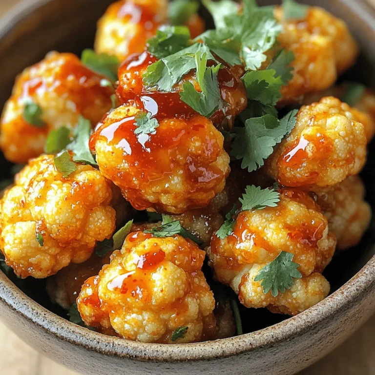 - 1 medium head of cauliflower - 1 cup all-purpose flour - 1 cup water - 1 teaspoon garlic powder - 1 teaspoon onion powder - 1 teaspoon smoked paprika - Salt and black pepper - 1/2 cup honey - 1/2 cup sriracha sauce - 2 tablespoons sesame oil - 1 tablespoon rice vinegar - 1 tablespoon chopped fresh cilantro (for garnish) You start with a fresh head of cauliflower. Cut it into bite-sized florets. This makes the wings easy to eat. Next, the batter is key. Mix one cup of flour with one cup of water. Add the garlic powder, onion powder, smoked paprika, salt, and pepper. Whisk it all together until smooth. For the honey sriracha sauce, combine half a cup of honey and half a cup of sriracha sauce in a small pot. Add two tablespoons of sesame oil and one tablespoon of rice vinegar. Heat it gently on the stove, stirring until mixed well. This sauce gives a sweet and spicy kick to the wings. Finally, you’ll garnish with fresh cilantro. It adds color and a fresh taste. This simple list of ingredients makes a dish that is packed with flavor and fun to make! Set your air fryer to 375°F (190°C). Preheating helps cook the wings evenly. In a large bowl, whisk together: - 1 cup all-purpose flour - 1 cup water - 1 teaspoon garlic powder - 1 teaspoon onion powder - 1 teaspoon smoked paprika - Salt and black pepper to taste Mix until the batter is smooth. A good batter sticks well to the cauliflower. Take each cauliflower floret and dip it into the batter. Make sure to coat it well. Shake off any extra batter. This step is key to a crispy texture. Place the coated florets in a single layer in the air fryer basket. Cook them in batches for 12-15 minutes. Don’t forget to shake the basket halfway. This helps them cook evenly and get crispy. While the wings cook, prepare your sauce. In a small saucepan, combine: - 1/2 cup honey - 1/2 cup sriracha sauce - 2 tablespoons sesame oil - 1 tablespoon rice vinegar Heat over medium heat. Stir until everything is well mixed and heated through. Once the cauliflower wings are done, transfer them to a bowl. Drizzle the honey sriracha sauce over the wings. Toss gently to coat them well. Garnish with chopped fresh cilantro for a touch of color and flavor. Enjoy your delicious and spicy cauliflower wings! To get that perfect crunch, do not overcrowd the air fryer. When you add too many cauliflower wings at once, they steam instead of crisp. It’s best to cook in batches. This keeps the hot air flowing around each piece, making them golden and crunchy. You can change the heat to suit your taste. If you prefer a milder flavor, reduce the amount of sriracha. Start with a smaller amount and add more if needed. This way, you control the heat and ensure everyone enjoys them. These wings shine when paired with a tasty dip. You can serve them with ranch or blue cheese dressing. Fresh veggies on the side also make a great complement. For a full meal, consider serving them with rice or a green salad. This adds balance and makes your dish even more delicious. {{image_2}} You can easily make these wings vegan. Just swap out the honey for agave syrup. Agave syrup has a similar sweetness level and works well with the heat of sriracha. This change keeps the same great taste while making it plant-based. For a gluten-free version, you can use almond flour or a gluten-free flour blend. Almond flour gives a nice nutty flavor and a great texture. This way, everyone can enjoy these crispy wings without worry. Feel free to be creative with your flavors. You can try adding spices like cayenne or smoked paprika for more heat. You could also mix in sauces like soy sauce or lime juice for a different twist. Experiment and find your favorite combo! Store any leftover honey sriracha cauliflower wings in an airtight container. This keeps them fresh. You can place them in the fridge for up to three days. Make sure they cool down before sealing the container. This helps prevent moisture buildup. For the best taste, reheat the wings in an air fryer or oven. Preheat the air fryer to 350°F (175°C). Heat for about 5-7 minutes. This keeps them crispy and warm. If using an oven, preheat to 350°F (175°C) and bake for 10-15 minutes. Check to ensure they do not dry out. You can freeze the wings before or after cooking. If freezing before cooking, coat the florets in batter. Then, place them on a baking sheet and freeze until solid. Once frozen, transfer them to a freezer bag. If freezing after cooking, let them cool first. Then, store them in an airtight container. Enjoy them later for a quick meal! Yes, you can use frozen cauliflower. Just keep a few tips in mind: - Thaw first: Thaw the florets completely. This helps the batter stick better. - Pat dry: Use a paper towel to remove excess moisture. This helps achieve crispiness. - Adjust cooking time: Frozen florets may need a bit longer in the air fryer. If you need an alternative to sriracha, try these options: - Hot sauce: Use your favorite hot sauce instead. - Chili paste: This adds a similar heat and flavor. - Buffalo sauce: For a different spin, buffalo sauce works well. To kick up the heat, consider these tips: - Add more sriracha: Increase the amount of sriracha in the sauce. - Include red pepper flakes: Sprinkle some in the batter or sauce. - Mix in hot chili oil: A small amount can add a nice kick. Yes, these wings are great for meal prep! Here are some insights: - Store in an airtight container: This keeps them fresh for several days. - Reheat in the air fryer: This helps maintain their crispiness. - Pair with sides: Add healthy veggies or grains to complete your meals. You learned how to make tasty air fryer cauliflower wings. We covered the main ingredients, seasonings, and the flavorful honey sriracha sauce. The step-by-step guide showed you how to air fry these wings perfectly. Remember, crispiness counts, so don’t overcrowd your air fryer. Consider the variations for dietary needs, and use the storage tips for leftovers. Enjoy these wings at your next meal or snack. They are easy to make and delicious!