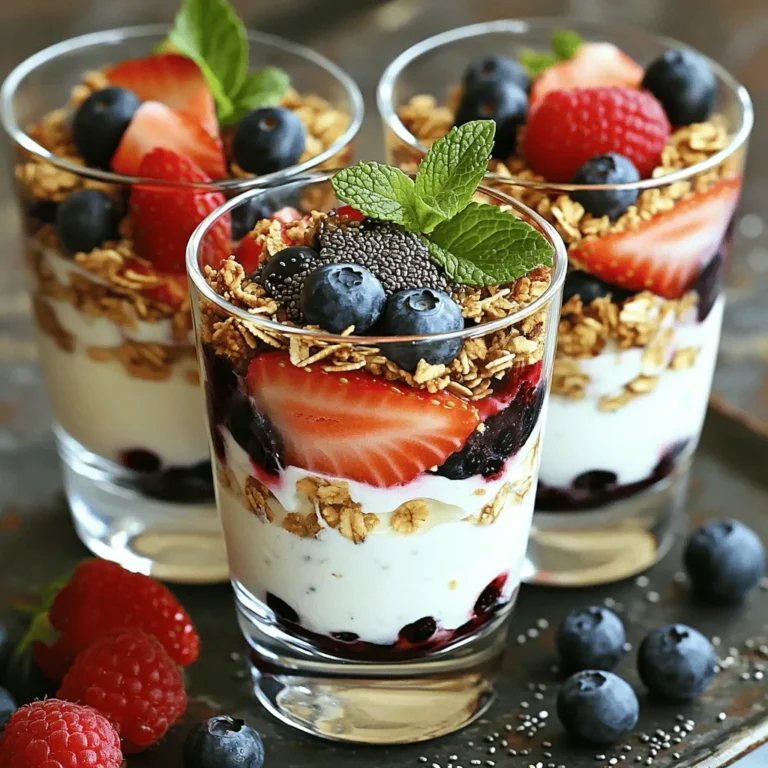 - 2 cups Greek yogurt (plain, low-fat or full-fat) - 1 scoop vanilla protein powder - 1 cup granola (choose low-sugar options) - 1 cup mixed berries (strawberries, blueberries, raspberries) - 2 tablespoons honey or maple syrup (for sweetness) - 1 tablespoon chia seeds - Fresh mint leaves (for garnish) Greek yogurt forms the base of this parfait. It is thick, creamy, and packed with protein. You can use low-fat or full-fat, depending on your taste. Adding vanilla protein powder boosts the protein level even more. Granola gives the parfait a nice crunch. Look for low-sugar options to keep it healthy. Mixed berries add natural sweetness and vibrant colors. Strawberries, blueberries, and raspberries work best. If you want extra sweetness, add honey or maple syrup. Chia seeds add fiber and healthy fats. They also give a nice texture. Fresh mint leaves make for a beautiful garnish. They add a pop of color and a fresh taste. All these ingredients make this parfait a tasty and healthy snack. You can customize it to suit your taste. Enjoy mixing and matching to find your perfect flavor! - First, take 2 cups of Greek yogurt. - Add 1 scoop of vanilla protein powder. - Mix them well until smooth and creamy. - If you like it sweeter, add 2 tablespoons of honey or maple syrup. - Stir again to blend the sweetness into the yogurt. - Grab four clear glasses or bowls for serving. - Start by adding a layer of the yogurt mixture at the bottom. - Next, sprinkle a handful of granola on top of the yogurt. - Then, add a layer of mixed berries. Use strawberries, blueberries, and raspberries. - For added nutrition, sprinkle a few chia seeds over the berries. - Repeat these layers until the glasses are filled. - Make sure to finish with a layer of berries on top. - Add fresh mint leaves as a garnish for color and freshness. - Serve the parfaits chilled to keep them refreshing. - Use clear glasses to show off the lovely layers. - Place a mint leaf on each parfait for a nice touch. - These parfaits are great for breakfast or as a healthy snack. You can change the sweetness of your parfait. Start with plain Greek yogurt. If you want it sweeter, add honey or maple syrup. You can mix in a little at a time. Taste as you go to get it just right. Feel free to experiment with toppings. Try different fruits like bananas or peaches. You can also use nuts, seeds, or even coconut flakes. This way, you make it your own! Using flavored protein powders can change the taste. Try chocolate or strawberry protein powder for a fun twist. It adds a new layer of flavor to your parfait. Adding nuts or seeds gives your parfait a nice crunch. Consider walnuts, almonds, or sunflower seeds. They also boost nutrition and make it more filling. You can store your parfait in the refrigerator. Layer the ingredients in jars for easy grab-and-go meals. Make sure to seal them well to keep them fresh. When prepping ahead, layer yogurt, granola, and berries. Keep granola separate if you want it crunchy. Add it right before eating for the best texture. Enjoy your quick and healthy snack anytime! {{image_2}} You can have fun with flavors in your parfaits. Try a tropical fruit parfait. Use mango and pineapple for a bright, sunny taste. This mix adds a sweet and juicy twist. Another fun idea is the chocolate protein parfait. Just add cocoa powder to your yogurt mix. This makes it rich and indulgent, perfect for chocolate lovers. If you're vegan, you can still enjoy these parfaits. Swap the Greek yogurt for a plant-based yogurt. You can choose almond or coconut yogurt. Also, use a vegan protein source like pea protein. For gluten-free options, pick granola that is certified gluten-free. This way, you can enjoy your parfait without worry. Using seasonal fruits makes your parfaits even better. In summer, choose fresh strawberries or blueberries. In fall, try apples or pears. This keeps your parfaits fresh and tasty. You can also experiment with spices. Add a pinch of cinnamon or nutmeg for warmth. This gives a unique twist to your parfaits and makes them special. Store your protein Greek yogurt parfaits in the fridge. Use airtight containers to keep them fresh. These parfaits stay good for about 2 to 3 days when stored properly. If you made extra layers, keep them separate. This helps maintain the texture of the granola. You can freeze the yogurt mixture and granola layers. Freeze each layer in separate containers. This helps keep flavors fresh. When you're ready to eat, pull out the layers you need. Be sure to label them so you know what’s inside. To defrost, place the yogurt and granola in the fridge overnight. This helps them thaw slowly. If the yogurt seems too thick, add a splash of milk or water. Mix it well to refresh the texture. Before serving, layer the parfait again and add fresh berries. This brings back the bright flavors and makes it look great! Greek yogurt is rich in protein. One cup has about 20 grams of protein. It also offers calcium, which is great for bones. Greek yogurt has probiotics that help in digestion. It is lower in sugar compared to regular yogurt. The fat content can vary, as you can choose low-fat or full-fat. This makes it a great choice for many diets. Yes, you can use other yogurts. Regular yogurt works, but it has less protein. Plant-based yogurts are good if you want a vegan option. Just check the protein content when choosing. These alternatives may change the taste and texture of your parfait. You can store leftover parfaits in the fridge for up to 2 days. The granola may get soggy over time. To keep the crunch, store granola and yogurt separately. When you’re ready to eat, just layer them again. Yes, you can prepare parfaits ahead of time. Make them the night before for a quick breakfast. Just layer everything in a jar or bowl. Store in the fridge until you’re ready to enjoy. Keep granola separate if you want it crunchy. You now have a simple guide to making delicious Protein Greek Yogurt Parfaits. With just a few main ingredients like Greek yogurt, protein powder, and berries, you can create a healthy treat. Remember to customize it with your favorite toppings and flavors. Don't hesitate to prep ahead and store them for busy days. Enjoy this nutritious snack at breakfast or anytime you need a boost. You’ll find it easy to make and fun to share!