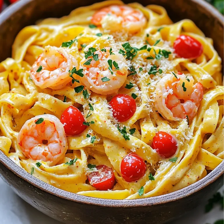 To make One-Pot Creamy Cajun Shrimp Pasta, gather these items: - 12 oz fettuccine pasta - 1 lb large shrimp, peeled and deveined - 1 tablespoon Cajun seasoning - 2 tablespoons olive oil - 1 medium onion, diced - 3 cloves garlic, minced - 1 red bell pepper, diced - 1 cup cherry tomatoes, halved - 2 cups chicken broth - 1 cup heavy cream - 1 cup grated parmesan cheese - Salt and pepper to taste - Fresh parsley, chopped (for garnish) Each ingredient adds flavor and texture. The shrimp brings a lovely seafood taste, while the Cajun seasoning adds spice. The cream and cheese create a rich sauce, making this dish a hit! You can swap some ingredients if you need to. Here are a few ideas: - Use any pasta you like, such as penne or spaghetti, instead of fettuccine. - If you do not have shrimp, try chicken or a plant-based protein. - For a lighter sauce, use half-and-half instead of heavy cream. - If you’re out of chicken broth, vegetable broth works well too. - You can replace parmesan with any hard cheese you enjoy, like pecorino. These substitutions will still give you a tasty meal. This dish serves four people. Here’s a rough breakdown of the nutritional info per serving: - Calories: 600 - Protein: 35g - Carbohydrates: 60g - Fat: 25g - Fiber: 3g This meal is hearty and delicious but also high in calories. If you want a lighter option, consider using less cream and cheese. Balancing your intake is key while enjoying this creamy goodness! Start by gathering all your ingredients. This makes cooking easier and more fun. You need fettuccine pasta, shrimp, Cajun seasoning, olive oil, onion, garlic, red bell pepper, cherry tomatoes, chicken broth, heavy cream, parmesan cheese, and some salt and pepper. You can chop the onion, garlic, and bell pepper ahead of time. This way, you save time when cooking. Heat the olive oil in a large pot over medium heat. Once hot, add the shrimp. Make sure the shrimp are coated with Cajun seasoning before you add them. Cook the shrimp for 2-3 minutes. You know they are done when they turn pink. Remove them from the pot and set them aside. This step brings out their flavor but keeps them juicy. In the same pot, add the diced onion. Cook it for about 2-3 minutes until it becomes soft and clear. Next, stir in the minced garlic for one minute. This adds a nice aroma to the dish. Then, add the diced red bell pepper and halved cherry tomatoes. Cook these for 3-4 minutes until they soften. Now, pour in the chicken broth and bring it to a simmer. Add the fettuccine pasta, making sure it’s fully submerged. Cook the pasta for 10-12 minutes, stirring it occasionally. Once the pasta is al dente, lower the heat. Stir in the heavy cream and parmesan cheese until the sauce is creamy. Finally, add the cooked shrimp back into the pot. Mix everything well. Don’t forget to taste and adjust the salt and pepper. Let the dish sit for a few minutes before serving. To get perfect pasta, start with plenty of water. Use a large pot. Add salt to the water. It should taste like the sea. This helps season the pasta. Cook the fettuccine until it's al dente. This means it should be firm, not soft. Stir the pasta while cooking. This helps it cook evenly. Don't forget, the pasta will cook more in the sauce. So, pull it off the heat just a minute early. Cajun seasoning is key to this dish. It gives the shrimp and pasta a great kick. You can also add smoked paprika for extra depth. Fresh herbs like parsley add brightness. Add them at the end for the best flavor. A squeeze of lemon juice can also brighten the whole dish. Don’t forget to taste as you go. Adjust the salt and pepper to your liking. A large pot or skillet is best for this recipe. A wooden spoon helps mix everything well. Using a good knife is important for chopping. A cutting board makes prep easy and safe. Keep measuring cups handy for the liquids. If you have a ladle, it’s great for serving. Finally, a pasta strainer can help if you decide to drain. These tools make cooking smooth and fun. {{image_2}} You can easily swap shrimp for veggies. Try using mushrooms, zucchini, or bell peppers. These veggies cook well and add great flavor. Use 1 pound of your chosen vegetables. Make sure to sauté them until tender. This keeps the dish creamy and delicious without the shrimp. If you love heat, boost the Cajun seasoning. You can add more than a tablespoon for a bolder taste. Another option is to include diced jalapeños or crushed red pepper flakes. Start with a small amount, then taste as you cook. Adjust the heat level to your liking. Fettuccine is great, but you can use other pasta types. Penne, linguine, or even whole wheat pasta work well. Just keep in mind that cooking times may vary. Check the package for exact times. You can also try gluten-free pasta if you prefer. It will still taste amazing with the creamy sauce. After enjoying your One-Pot Creamy Cajun Shrimp Pasta, store any leftovers in an airtight container. Let the pasta cool to room temperature before sealing it. This helps keep the flavors fresh. Place the container in the fridge. It will stay good for about three days. To reheat, use a skillet over low heat. Add a splash of chicken broth or cream to keep it moist. Stir gently until heated through. You can also use the microwave. Place the pasta in a microwave-safe bowl. Cover it with a damp paper towel and heat in short bursts. Stir in between to avoid hot spots. If you want to freeze the pasta, place it in a freezer-safe container. Make sure to leave some space at the top, as it will expand. The pasta can last up to three months in the freezer. When you're ready to eat it, transfer it to the fridge overnight to thaw. After thawing, reheat it as described above. Avoid refreezing, as it may change the texture. Yes, you can use frozen shrimp in this recipe. Just make sure to thaw them first. To thaw, place the shrimp in cold water for about 15-20 minutes. Drain well and pat dry before using. This way, you keep the shrimp juicy and tasty. Frozen shrimp may need a minute extra to cook. Keep an eye on them so they don’t overcook. To make this Cajun shrimp pasta lighter, try these swaps: - Use whole wheat pasta instead of fettuccine. - Replace heavy cream with low-fat milk or a cashew cream. - Cut down on the cheese or use a lighter cheese. - Add more veggies like spinach or zucchini for extra fiber. These changes help keep the flavors while reducing calories. You can serve this dish with a simple side salad or garlic bread. A mixed green salad with lemon vinaigrette pairs well. For a heartier option, serve it with roasted veggies. You can also offer a glass of white wine or sparkling water with lemon. Each option complements the Cajun flavors nicely. This blog post covered how to make Cajun shrimp pasta. We looked at ingredients, step-by-step cooking, and tips for perfect texture. I shared variations like vegetarian and spicy options, plus how to store leftovers. You now have all the tools you need to create and enjoy this dish. Remember, cooking is about fun and flavor. Use what you love and make it your own! Enjoy your meal and happy cooking!