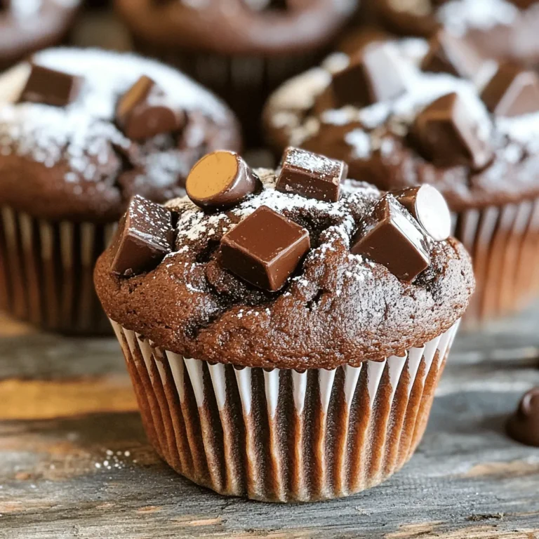 - 1 ¾ cups all-purpose flour - ½ cup unsweetened cocoa powder - 1 cup granulated sugar - 1 teaspoon baking powder - ½ teaspoon baking soda - ½ teaspoon salt - 2 large eggs - 1 cup milk - ½ cup vegetable oil - 1 teaspoon vanilla extract - 1 cup semi-sweet chocolate chips - ½ cup dark chocolate chunks The ingredients for Bakery Style Double Chocolate Muffins are simple yet key to great flavor. First, the dry ingredients create the base. All-purpose flour gives structure. Cocoa powder adds deep chocolate flavor. Sugar sweetens and balances the cocoa's bitterness. Baking powder and baking soda help the muffins rise. Salt enhances the taste. Next, the wet ingredients bring moisture. Eggs bind everything together. Milk adds richness and fluffiness. Vegetable oil keeps the muffins soft. Vanilla extract gives a warm, inviting aroma. Finally, we have the chocolate additions. Semi-sweet chocolate chips provide bursts of sweetness. Dark chocolate chunks create a richer experience. Together, they make each bite heavenly. When you gather these ingredients, remember that quality matters. Fresh ingredients give the best results. Always measure accurately for perfect muffins. Enjoy the process, and let the baking magic begin! - Preheat the oven to 350°F (175°C). - Line the muffin tin with paper liners or spray with non-stick cooking spray. - In a large bowl, whisk together: - 1 ¾ cups all-purpose flour - ½ cup unsweetened cocoa powder - 1 cup granulated sugar - 1 teaspoon baking powder - ½ teaspoon baking soda - ½ teaspoon salt This mix is key for a rich chocolate taste. Cocoa powder adds that deep chocolate flavor. - In another bowl, beat 2 large eggs. - Add 1 cup of milk, ½ cup of vegetable oil, and 1 teaspoon of vanilla extract. - Mix until smooth and well combined. These wet ingredients keep the muffins moist and tender. - Pour the wet mix into the dry mix. - Stir gently until just combined. Few lumps are fine. - Then, fold in: - 1 cup semi-sweet chocolate chips - ½ cup dark chocolate chunks Adding chocolate chips gives extra gooeyness. - Scoop the batter into the muffin tins. - Fill each cup about ¾ full to allow room for rising. - Bake for 18-20 minutes. Check for doneness by inserting a toothpick. The muffins are done when the toothpick comes out clean or with a few crumbs. - Let the muffins cool in the tin for 5 minutes. - Then, transfer them to a wire rack to cool completely. Cooling helps set the structure and flavor. Enjoy your delicious muffins! To make your muffins soft, do not overmix the batter. When you combine the wet and dry ingredients, stir gently. You want to mix until just combined. A few lumps are fine. Overmixing makes the muffins tough. Using room temperature ingredients is key. Eggs, milk, and oil mix better when they are not cold. This helps your batter blend smoothly. Warm ingredients also help muffins rise nicely. Check your oven temperature before baking. An oven thermometer can help you ensure it’s accurate. Baking at the right temperature is crucial for good muffins. If it’s too hot, the muffins can burn. If it’s too cool, they won’t rise properly. Each oven is different. You may need to adjust your baking time. Start with the recommended time of 18-20 minutes. If your muffins need more time, add a few minutes. Just keep an eye on them. Dust your muffins with powdered sugar for a sweet touch. It makes them look fancy and inviting. Drizzle melted chocolate on top for extra richness. This adds a lovely shine and flavor. Serve your muffins with a scoop of vanilla ice cream. The warm muffins and cold ice cream create a delightful contrast. This makes your treat even more special! {{image_2}} You can easily change the flavors in these muffins. Adding nuts gives a nice crunch. Try walnuts or pecans for a nutty twist. You could also toss in some dried fruit, like cherries or blueberries. If you want to change the chocolate, go for milk chocolate instead of semi-sweet. Dark chocolate chunks can also add a rich taste. Each mix-in brings a new flavor. Experimenting is part of the fun! If you need gluten-free muffins, swap the all-purpose flour for a gluten-free mix. Look for one that works well in baking. You can also try almond flour or oat flour for a unique taste. For a dairy-free option, replace the milk with almond milk or oat milk. Both choices keep the muffins moist and tasty. These swaps help everyone enjoy this treat. You can make mini muffins instead of standard ones. Bake them for about 10 to 12 minutes. Keep an eye on them to avoid overbaking. For bakery-style muffins, fill the cups to the top. This gives you those big, domed tops we love. Just add a few extra minutes to the baking time. These size changes let you create the perfect muffin for any occasion. You can keep your muffins at room temperature for up to three days. Place them in an airtight container to keep them fresh. If you stack them, use parchment paper between layers. This helps avoid sticking. For longer storage, freeze your muffins. First, let them cool completely. Wrap each muffin in plastic wrap. Then, place them in a freezer bag. This keeps them fresh for up to three months. To thaw, take a muffin out and leave it at room temperature for about an hour. You can also microwave them for about 15-30 seconds. Just check to avoid overheating. For the best taste, reheat your muffins in the oven. Preheat it to 350°F (175°C). Place the muffins on a baking sheet and warm them for 5-10 minutes. This helps bring back their soft texture. If you’re in a hurry, the microwave works too. Heat for 10-15 seconds, but be careful not to dry them out. To check if your muffins are done, use a toothpick. Insert it into the center of a muffin. If it comes out clean or with a few moist crumbs, they are ready. This method is simple and reliable. Remember, overbaking can make them dry. Keep an eye on the time. Start checking at 18 minutes, then go from there. Yes, you can use cocoa powder in place of chocolate. For best results, use unsweetened cocoa powder. It gives a rich chocolate flavor. You may want to add a little more sugar if it tastes too bitter. Adjust the amount based on your taste. Feel free to mix in some chocolate chips for extra flavor. If your muffins turn out too dense, try a few simple tips. First, ensure you measure your flour correctly. Too much flour can make muffins heavy. Also, check your baking powder and baking soda for freshness. If they are old, they may not work well. Lastly, don't overmix the batter. Mixing too much can also lead to dense muffins. This blog shared a simple recipe for chocolate muffins. We covered the key ingredients and provided easy steps for perfect baking. I emphasized tips for better texture and delicious variations. Remember to properly store your muffins for lasting freshness. Baking can be fun and rewarding, so enjoy making these treats! With practice, you’ll master them and impress family and friends. Happy baking!