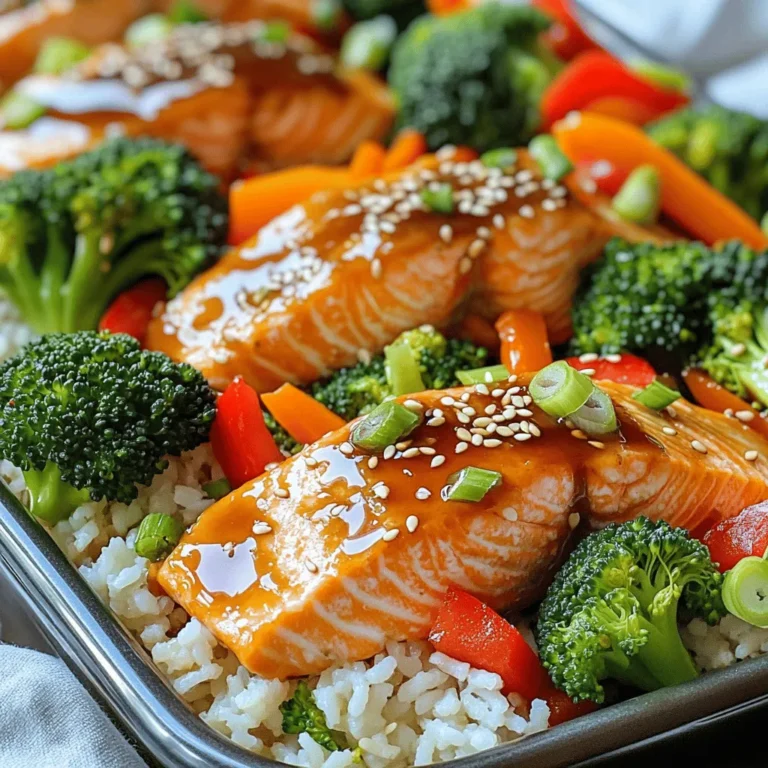- 4 salmon fillets - 1 cup teriyaki sauce (store-bought or homemade) - 2 cups broccoli florets - 1 red bell pepper, sliced - 1 carrot, julienned - 2 tablespoons sesame oil The main ingredients for this dish are simple yet delicious. The salmon fillets are the star of the show. They add rich flavor and healthy fats. Teriyaki sauce gives the fish a sweet and savory glaze. Fresh vegetables like broccoli, bell pepper, and carrot add color and crunch. Sesame oil enhances the overall flavor with its nutty aroma. - 2 cups cooked rice (white, brown, or cauliflower rice) - 2 green onions, sliced (for garnish) - 1 tablespoon sesame seeds (for garnish) Rice serves as a hearty base for your meal. You can use white, brown, or even cauliflower rice for a low-carb option. Green onions add a fresh touch, while sesame seeds give a nice crunch. These garnishes make your dish look inviting and tasty. - Salt and pepper - Additional flavorings for teriyaki sauce While the teriyaki sauce is flavorful, you can enhance it with salt and pepper. Feel free to add other seasonings too. A dash of garlic powder or ginger can make the sauce even better. Just remember to adjust the flavors to your liking. - Preheat the oven to 400°F (200°C). - Line a large sheet pan with parchment paper. This helps with easy cleanup. - Place the salmon fillets on one side of the sheet pan, skin-side down. - Brush the salmon fillets with teriyaki sauce. Add a pinch of salt and pepper for flavor. - In a bowl, combine broccoli florets, sliced red bell pepper, and julienned carrot. - Drizzle the veggies with sesame oil and toss to coat them evenly. - Arrange the mixed vegetables on the sheet pan next to the salmon. - Bake in the preheated oven for about 15-18 minutes. - Check for doneness; the salmon should flake easily with a fork, and the veggies should be tender. - While the salmon and vegetables bake, prepare the rice as per the package instructions. - Once done, remove the sheet pan from the oven. - To assemble the bowls, place a scoop of rice at the bottom. - Top with a salmon fillet and add a generous portion of roasted vegetables. - Drizzle any remaining teriyaki sauce from the pan over the bowls. - Garnish with sliced green onions and a sprinkle of sesame seeds before serving. When you buy salmon, look for bright color. Fresh salmon should have a vibrant hue. Avoid any fillets with gray or dull spots. The flesh should be firm and moist. If it has a fishy smell, skip it. Ask your fishmonger for the freshest catch. They can help you pick the best fillets. To get the best results, cook salmon for 15-18 minutes. Check it at the 15-minute mark to avoid overcooking. The salmon should flake easily with a fork. For the veggies, they can cook faster. Keep an eye on the broccoli, bell pepper, and carrot. They should be tender but still bright and crisp. Want to add more flavor? Try mixing in ginger or garlic with the teriyaki sauce. You can also use a splash of sriracha for heat. Pair your meal with a light salad or steamed edamame for a fresh touch. For drinks, green tea or a light beer pairs well with teriyaki salmon. {{image_2}} You can swap salmon for chicken or tofu. Using chicken, I recommend boneless thighs for juiciness. Simply season and cook them the same way as the salmon. Tofu is a great plant-based choice. Make sure to press the tofu to remove excess water. This helps it absorb more flavor. Cut it into cubes and season it well with teriyaki sauce before baking. Feel free to use seasonal vegetables. Zucchini, snap peas, or bell peppers add nice colors and flavors. You can also try mushrooms or asparagus for a different taste. The key is to choose veggies that roast well. Just ensure they are cut into uniform sizes for even cooking. This way, they all finish at the same time. Want to change the flavor? You can add spices or fresh herbs. A pinch of red pepper flakes gives a nice kick. Fresh ginger or garlic can add depth to your teriyaki. You can also try adding a squeeze of lime or lemon for a fresh twist. Experiment with different sauces for a unique touch, like hoisin or sriracha. To keep your salmon bowls fresh, store them in airtight containers. Divide the salmon, veggies, and rice into separate portions. This way, they stay fresh longer. You can keep them in the fridge for up to three days. If you use a glass container, it helps avoid any unwanted smells. When you want to enjoy your leftovers, avoid drying them out. The best way is to reheat in the oven. Preheat your oven to 350°F (175°C). Place the salmon and veggies on a baking sheet. Cover them with foil to trap moisture. Heat for about 10-15 minutes. If you prefer the microwave, use a microwave-safe dish. Add a bit of water to keep things moist. Heat for 1-2 minutes, checking often. Yes, you can freeze your sheet pan teriyaki salmon bowls! Wrap each portion tightly in plastic wrap, then place them in a freezer bag. Label the bags with the date. They can last up to three months in the freezer. When ready to eat, thaw in the fridge overnight. Reheat as mentioned above for best results. To make a quick teriyaki sauce, you need just a few ingredients. Here’s what you’ll need: - 1/2 cup soy sauce - 1/4 cup honey or brown sugar - 1/4 cup rice vinegar - 1 tablespoon minced garlic - 1 tablespoon minced ginger - 1 teaspoon cornstarch (optional, for thickness) - 1 tablespoon water (if using cornstarch) To prepare, mix the soy sauce, honey, rice vinegar, garlic, and ginger in a small pot. Heat it on medium until it simmers. If you want it thicker, mix cornstarch and water in a small bowl, then add it to the sauce. Stir until it thickens. This sauce is sweet, savory, and perfect for your salmon bowls. Yes, you can use frozen salmon! Just make sure to thaw it first. Place the salmon in the fridge overnight or use the cold water method. To do this, seal the salmon in a bag and submerge it in cold water for about an hour. Once thawed, pat it dry with a paper towel before seasoning and baking. This way, your salmon will cook evenly and soak up all that tasty teriyaki sauce. You have many options for sides that pair nicely with teriyaki salmon. Here are some ideas: - Steamed edamame - Cucumber salad with sesame dressing - Roasted sweet potatoes - Miso soup - Seaweed salad These sides add freshness and balance to the flavors in your salmon bowls. Feel free to mix and match based on what you love! In this blog post, we covered how to make delicious sheet pan teriyaki salmon bowls. We discussed the key ingredients, like fresh salmon, vibrant vegetables, and flavorful sauces. You learned step-by-step instructions for cooking, tips for selecting and preparing ingredients, and storage methods for leftovers. Creating your own teriyaki salmon bowls is simple and fun. I hope you enjoy experimenting with flavors and variations to make the dish your own. Now, gather your ingredients and start cooking!