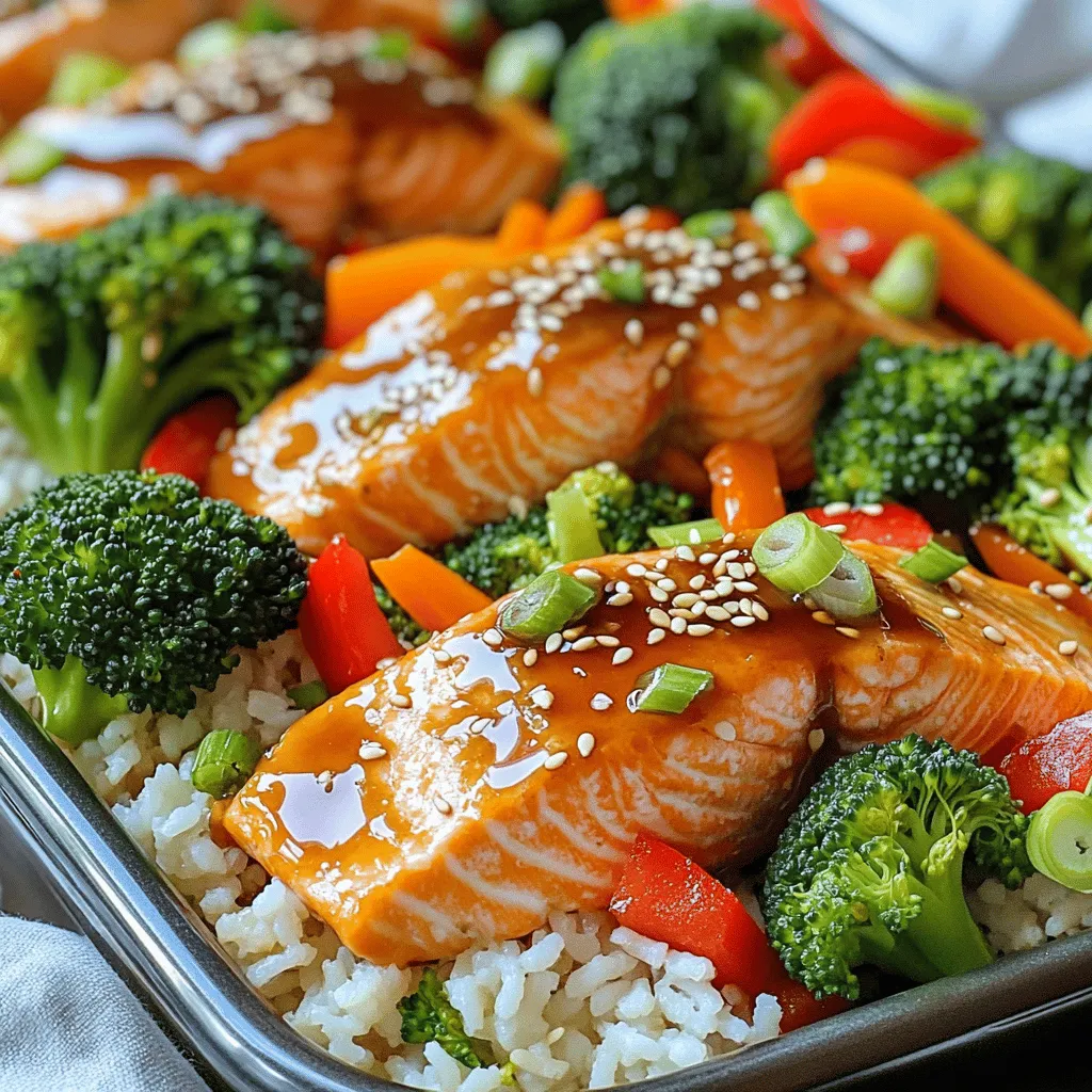 - 4 salmon fillets - 1 cup teriyaki sauce (store-bought or homemade) - 2 cups broccoli florets - 1 red bell pepper, sliced - 1 carrot, julienned - 2 tablespoons sesame oil The main ingredients for this dish are simple yet delicious. The salmon fillets are the star of the show. They add rich flavor and healthy fats. Teriyaki sauce gives the fish a sweet and savory glaze. Fresh vegetables like broccoli, bell pepper, and carrot add color and crunch. Sesame oil enhances the overall flavor with its nutty aroma. - 2 cups cooked rice (white, brown, or cauliflower rice) - 2 green onions, sliced (for garnish) - 1 tablespoon sesame seeds (for garnish) Rice serves as a hearty base for your meal. You can use white, brown, or even cauliflower rice for a low-carb option. Green onions add a fresh touch, while sesame seeds give a nice crunch. These garnishes make your dish look inviting and tasty. - Salt and pepper - Additional flavorings for teriyaki sauce While the teriyaki sauce is flavorful, you can enhance it with salt and pepper. Feel free to add other seasonings too. A dash of garlic powder or ginger can make the sauce even better. Just remember to adjust the flavors to your liking. - Preheat the oven to 400°F (200°C). - Line a large sheet pan with parchment paper. This helps with easy cleanup. - Place the salmon fillets on one side of the sheet pan, skin-side down. - Brush the salmon fillets with teriyaki sauce. Add a pinch of salt and pepper for flavor. - In a bowl, combine broccoli florets, sliced red bell pepper, and julienned carrot. - Drizzle the veggies with sesame oil and toss to coat them evenly. - Arrange the mixed vegetables on the sheet pan next to the salmon. - Bake in the preheated oven for about 15-18 minutes. - Check for doneness; the salmon should flake easily with a fork, and the veggies should be tender. - While the salmon and vegetables bake, prepare the rice as per the package instructions. - Once done, remove the sheet pan from the oven. - To assemble the bowls, place a scoop of rice at the bottom. - Top with a salmon fillet and add a generous portion of roasted vegetables. - Drizzle any remaining teriyaki sauce from the pan over the bowls. - Garnish with sliced green onions and a sprinkle of sesame seeds before serving. When you buy salmon, look for bright color. Fresh salmon should have a vibrant hue. Avoid any fillets with gray or dull spots. The flesh should be firm and moist. If it has a fishy smell, skip it. Ask your fishmonger for the freshest catch. They can help you pick the best fillets. To get the best results, cook salmon for 15-18 minutes. Check it at the 15-minute mark to avoid overcooking. The salmon should flake easily with a fork. For the veggies, they can cook faster. Keep an eye on the broccoli, bell pepper, and carrot. They should be tender but still bright and crisp. Want to add more flavor? Try mixing in ginger or garlic with the teriyaki sauce. You can also use a splash of sriracha for heat. Pair your meal with a light salad or steamed edamame for a fresh touch. For drinks, green tea or a light beer pairs well with teriyaki salmon. {{image_2}} You can swap salmon for chicken or tofu. Using chicken, I recommend boneless thighs for juiciness. Simply season and cook them the same way as the salmon. Tofu is a great plant-based choice. Make sure to press the tofu to remove excess water. This helps it absorb more flavor. Cut it into cubes and season it well with teriyaki sauce before baking. Feel free to use seasonal vegetables. Zucchini, snap peas, or bell peppers add nice colors and flavors. You can also try mushrooms or asparagus for a different taste. The key is to choose veggies that roast well. Just ensure they are cut into uniform sizes for even cooking. This way, they all finish at the same time. Want to change the flavor? You can add spices or fresh herbs. A pinch of red pepper flakes gives a nice kick. Fresh ginger or garlic can add depth to your teriyaki. You can also try adding a squeeze of lime or lemon for a fresh twist. Experiment with different sauces for a unique touch, like hoisin or sriracha. To keep your salmon bowls fresh, store them in airtight containers. Divide the salmon, veggies, and rice into separate portions. This way, they stay fresh longer. You can keep them in the fridge for up to three days. If you use a glass container, it helps avoid any unwanted smells. When you want to enjoy your leftovers, avoid drying them out. The best way is to reheat in the oven. Preheat your oven to 350°F (175°C). Place the salmon and veggies on a baking sheet. Cover them with foil to trap moisture. Heat for about 10-15 minutes. If you prefer the microwave, use a microwave-safe dish. Add a bit of water to keep things moist. Heat for 1-2 minutes, checking often. Yes, you can freeze your sheet pan teriyaki salmon bowls! Wrap each portion tightly in plastic wrap, then place them in a freezer bag. Label the bags with the date. They can last up to three months in the freezer. When ready to eat, thaw in the fridge overnight. Reheat as mentioned above for best results. To make a quick teriyaki sauce, you need just a few ingredients. Here’s what you’ll need: - 1/2 cup soy sauce - 1/4 cup honey or brown sugar - 1/4 cup rice vinegar - 1 tablespoon minced garlic - 1 tablespoon minced ginger - 1 teaspoon cornstarch (optional, for thickness) - 1 tablespoon water (if using cornstarch) To prepare, mix the soy sauce, honey, rice vinegar, garlic, and ginger in a small pot. Heat it on medium until it simmers. If you want it thicker, mix cornstarch and water in a small bowl, then add it to the sauce. Stir until it thickens. This sauce is sweet, savory, and perfect for your salmon bowls. Yes, you can use frozen salmon! Just make sure to thaw it first. Place the salmon in the fridge overnight or use the cold water method. To do this, seal the salmon in a bag and submerge it in cold water for about an hour. Once thawed, pat it dry with a paper towel before seasoning and baking. This way, your salmon will cook evenly and soak up all that tasty teriyaki sauce. You have many options for sides that pair nicely with teriyaki salmon. Here are some ideas: - Steamed edamame - Cucumber salad with sesame dressing - Roasted sweet potatoes - Miso soup - Seaweed salad These sides add freshness and balance to the flavors in your salmon bowls. Feel free to mix and match based on what you love! In this blog post, we covered how to make delicious sheet pan teriyaki salmon bowls. We discussed the key ingredients, like fresh salmon, vibrant vegetables, and flavorful sauces. You learned step-by-step instructions for cooking, tips for selecting and preparing ingredients, and storage methods for leftovers. Creating your own teriyaki salmon bowls is simple and fun. I hope you enjoy experimenting with flavors and variations to make the dish your own. Now, gather your ingredients and start cooking!