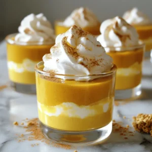 - 1 cup pumpkin puree - 8 oz cream cheese, softened - 1 cup heavy whipping cream For this recipe, pumpkin puree gives a rich, warm flavor. I love using 100% pure pumpkin puree. Cream cheese adds a smooth and creamy texture, making the mousse delightful. Heavy whipping cream is crucial for that light and airy feel. - 1/2 cup powdered sugar - 1 teaspoon vanilla extract - 1 teaspoon pumpkin pie spice To sweeten, I use powdered sugar. It blends well and is easy to mix. Vanilla extract adds a lovely aroma, enhancing the overall taste. Pumpkin pie spice gives the dessert that classic fall flavor, making it feel cozy. - 1/4 cup crushed graham crackers - Whipped cream - 1/2 teaspoon cinnamon For a crunchy topping, I sprinkle crushed graham crackers on top. They add a nice texture contrast. A dollop of whipped cream makes it extra special. A light dusting of cinnamon on top completes the look and flavor. Start by taking a large mixing bowl. In this bowl, combine 8 ounces of softened cream cheese, 1/2 cup of powdered sugar, 1 teaspoon of vanilla extract, and 1 teaspoon of pumpkin pie spice. Use a hand mixer and beat the mixture. Keep mixing until it becomes smooth and creamy. This step is key for a rich texture. Next, grab another bowl for the heavy cream. Pour in 1 cup of heavy whipping cream. Use a mixer to whip it until stiff peaks form. This means when you lift the beaters, the cream stands tall without falling. Stiff peaks give your mousse a light and airy feel. Now it's time to bring it all together. Gently fold the whipped cream into your pumpkin cream cheese mixture. Be careful not to deflate the whipped cream. Use a spatula and mix until it is fully combined. Once mixed, spoon the mousse evenly into small cups or glasses. Place your mousse cups in the fridge. They need at least 2 hours to chill and set properly. This time allows the flavors to blend beautifully. For the best texture, make sure your mousse is well-chilled before serving. After chilling, sprinkle each cup with crushed graham crackers and a hint of cinnamon for extra flavor. Add a dollop of whipped cream on top before serving. Enjoy your delightful treat! To get the best mousse, start with softened cream cheese. This helps it blend smoothly. If the cream cheese is too cold, it won’t mix well. You can leave it out for about 30 minutes before you start. For whipped cream, aim for stiff peaks. When you whip it, use a cold bowl and cold beaters. This helps the cream whip faster. Watch closely, as overwhipping can turn it into butter. You want it fluffy, not grainy. Serving your mousse cups in clear glasses looks great. It shows off the lovely layers. You can also use small jars for a rustic touch. For garnishing, sprinkle crushed graham crackers on top. This adds texture and a sweet crunch. A dash of cinnamon gives a warm flavor. Finish with a dollop of whipped cream for a beautiful look. One common mistake is overmixing the cream. Be gentle when folding in the whipped cream. If you mix too hard, the mousse loses its lightness. Another pitfall is not refrigerating long enough. Chilling the mousse for at least 2 hours allows it to set properly. If you skip this step, it might be too runny. Always plan ahead to ensure perfect results. {{image_2}} You can play with flavors in your pumpkin cheesecake mousse cups. Try adding chocolate or caramel for a sweet twist. Just drizzle some melted chocolate on top or mix in caramel sauce for extra richness. You can also swap spices. Use nutmeg or allspice in place of pumpkin pie spice. This change will give your cups a unique taste. If you need gluten-free options, use crushed nuts or gluten-free cookies instead of graham crackers. This small change still gives you a tasty topping. For a vegan version, use plant-based cream cheese and whipped cream. These substitutes keep the creamy texture and flavor while making it plant-friendly. Pair these mousse cups with fresh fruits like berries or slices of pear. The fruit adds a nice contrast to the creamy dessert. You can also combine them with other desserts for a fun party platter. Serve them alongside brownies or mini tarts for a delightful dessert spread. How long can mousse cups be kept? You can store Pumpkin Cheesecake Mousse Cups in the fridge for up to four days. After that, they may lose their creamy texture and flavor. Best practices for covering and storing? Make sure to cover the mousse cups tightly with plastic wrap or a lid. This keeps them fresh and prevents them from absorbing other smells in the fridge. Can they be frozen? Yes, you can freeze these mousse cups! Just make sure to use freezer-safe containers. Thawing instructions? To thaw, place the mousse cups in the fridge overnight. This keeps them from getting runny. Avoid thawing at room temperature to keep the texture smooth. Pumpkin Cheesecake Mousse Cups last for about 3 to 4 days in the fridge. Store them in an airtight container to keep them fresh. The flavors will blend and deepen over time, making each bite even tastier. Yes, you can make these mousse cups ahead of time! Prepare them up to two days in advance. Just remember to let them chill in the fridge for at least 2 hours before serving. This gives the mousse time to set and helps it achieve the right texture. If you need a cream cheese substitute, try using Greek yogurt or mascarpone cheese. Both options will give you a creamy texture. For a dairy-free choice, use a plant-based cream cheese. This will keep the mousse rich and tasty. You can make a vegan version of these mousse cups! Use plant-based cream cheese and coconut cream instead of heavy cream. This keeps the mousse light and fluffy while being completely dairy-free. Add a bit of maple syrup for sweetness, if desired. This blog post covered how to make delicious Pumpkin Cheesecake Mousse Cups. We explored key ingredients, step-by-step instructions, and tips for perfecting your mousse. Remember to avoid common mistakes and try variations to suit your taste. Whether you enjoy them as a dessert or pair them with fruit, these mousse cups are sure to impress. Keep them stored correctly for fresh enjoyment later. Enjoy creating your sweet treat!