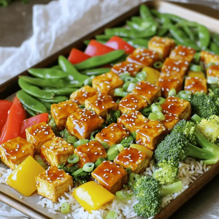 - 1 block (14 oz) firm tofu, pressed and cubed - 1 cup bell peppers (red, yellow, or green), sliced - 1 cup broccoli florets - 1 cup snap peas - 2 tablespoons cornstarch - 3 tablespoons sweet chili sauce - 2 tablespoons soy sauce - 1 tablespoon sesame oil - 2 cloves garlic, minced - 1 tablespoon ginger, grated - Cooked rice or quinoa for serving - Sesame seeds and green onions for garnish When you pick vegetables, look for bright colors. They should feel firm and crisp. Avoid any that have soft spots or brown edges. Fresh bell peppers should be shiny, while broccoli should have tight florets. For snap peas, choose ones that snap easily. Fresh vegetables make the dish taste better and add nutrients. For baking, firm tofu works best. It holds its shape and crisps up nicely. You can also use extra-firm tofu, which is even denser. Avoid silken tofu for this recipe; it won't give you that nice texture. Always press the tofu to remove excess water. This helps it absorb flavors and get crispy. Start by preheating your oven to 425°F (220°C). This high heat helps the tofu get nice and crispy. While the oven heats, line a large sheet pan with parchment paper. This makes cleanup easy and keeps the tofu from sticking. Next, take your block of firm tofu. Press it to remove excess water. After pressing, cut it into cubes. In a large bowl, mix the cubed tofu with cornstarch, sweet chili sauce, soy sauce, sesame oil, minced garlic, and grated ginger. Toss gently to coat each piece well. This step gives the tofu great flavor and a nice crunch. Now it’s time to arrange the tofu on the sheet pan. Spread the coated tofu cubes on one half of the pan. Make sure they are in a single layer. This helps them cook evenly. On the other half, add your veggies. Spread out sliced bell peppers, broccoli florets, and snap peas. Drizzle with a little olive oil and sprinkle with salt and pepper. Toss the veggies to coat them well. Place the sheet pan in the preheated oven. Bake for 25-30 minutes. Halfway through, stir the tofu and veggies for even cooking. The tofu should turn golden brown and crispy, while the veggies will become tender. Once done, take the pan out and let it cool slightly before serving. To get crispy tofu, start with firm tofu. Press it well to remove extra water. This helps it fry better. After pressing, cube the tofu evenly. Toss it in cornstarch before adding sauces. Cornstarch creates a nice crunch. Bake it on a parchment-lined pan. Spread the cubes out so they don’t touch. This way, heat hits all sides. Bake at 425°F (220°C) for 25-30 minutes. Flip the tofu halfway for even crisping. You can mix up the flavors in many ways. Add a splash of lime juice for zest. Try chili flakes if you like heat. A dash of maple syrup can add sweetness. Want a smoky taste? Use smoked paprika. You can also swap sweet chili sauce for teriyaki sauce. For a nutty flavor, add a spoon of peanut butter to your sauce mix. Experiment with fresh herbs like cilantro or basil for a fresh taste. One common mistake is not pressing the tofu enough. If it’s still wet, it won’t crisp up. Another pitfall is overcrowding the pan. If the tofu and veggies are too close, they will steam instead of bake. Be sure to toss the vegetables in oil and seasoning, too. This helps them roast well. Lastly, don’t skip flipping the tofu halfway. This ensures all sides get crispy and brown. {{image_2}} You can switch up the veggies in this dish. Use what you love! Try zucchini, carrots, or cauliflower. Each veggie adds a unique taste. Just remember, keep the cook time the same. Cut them into similar sizes for even cooking. You want them tender, not mushy. This recipe can be gluten-free too! Choose tamari instead of soy sauce. Tamari is a gluten-free soy sauce. Look for gluten-free sweet chili sauce as well. Always check the labels to be sure. These changes make this dish safe for those who avoid gluten. While sweet chili sauce is great, you can try other flavors. A spicy sriracha can add a kick. Or use teriyaki sauce for a sweet twist. You can even mix in a bit of peanut sauce for a nutty taste. Marinating the tofu for a few hours adds even more flavor. Your taste buds will love the variety! To store leftovers, let the dish cool to room temperature. Place the tofu and veggies in an airtight container. Make sure to keep the rice or quinoa separate to avoid sogginess. Store them in the fridge for up to three days. This way, you can enjoy a quick meal later. When it's time to reheat, use the oven for the best results. Preheat your oven to 350°F (175°C). Spread the tofu and veggies on a baking sheet. Heat for about 10-15 minutes until warm. You can also use a microwave if you’re in a hurry. Just cover the dish with a microwave-safe lid or wrap to keep moisture in. To freeze the Sweet Chili Tofu Sheet Pan Bowls, let everything cool first. Place the tofu and veggies in freezer-safe bags or containers. They can last up to three months in the freezer. When ready to eat, thaw in the fridge overnight. Then follow the reheating instructions to get the best flavor and texture. You can use firm or extra-firm tofu. These types hold their shape well. Silken or soft tofu will not work here. They break apart too easily. Firm tofu gives the best texture and flavor. You can store the bowls in the fridge for up to four days. Make sure they cool before you put them in a container. Use an airtight container to keep them fresh. Reheat them in the microwave or oven for best results. These bowls are great on their own. You can add cooked rice or quinoa for extra texture. Top with sesame seeds and chopped green onions for crunch. You can also serve them with a side salad or steamed veggies. Feel free to drizzle extra sweet chili sauce for more flavor! In this post, I covered how to make tasty Sweet Chili Tofu Sheet Pan Bowls. We explored key ingredients, like fresh veggies and the best tofu types. I shared step-by-step instructions for baking and ways to make crispy tofu. Don’t forget the tips on flavor and storage! Experiment with different veggies and sauces for variety. Enjoy your cooking adventures and make this dish your own!
