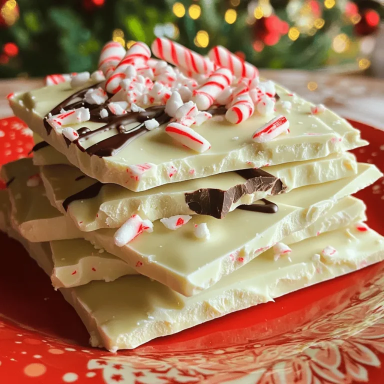 - 12 oz white chocolate chips - 1/2 teaspoon peppermint extract - 1/2 cup crushed candy canes (plus more for garnish) - 1/4 cup dark chocolate chips (optional for drizzling) To make White Chocolate Peppermint Bark, you need just a few key ingredients. First, the white chocolate chips are the main star. They give the bark its sweet and creamy taste. Next, peppermint extract adds that fresh, minty flavor we all love during the holidays. You only need a little bit. Half a teaspoon is perfect to get the right taste without being too strong. The crushed candy canes bring a nice crunch and a festive look. You can use them in the bark and save some for a pretty garnish. Lastly, dark chocolate chips are optional. If you like, you can melt them and drizzle over the bark. This adds a nice contrast to the sweet white chocolate and mint. These ingredients are easy to find and make the perfect holiday treat. Happy cooking! Lining with Parchment Paper Start by lining a 9x9 inch baking dish with parchment paper. Make sure the paper hangs over the edges. This helps you lift the bark out later. Choosing the Right Baking Dish A glass or metal baking dish works well. Just ensure it is flat and even. This helps the chocolate set nicely. Microwave Method Take a medium microwave-safe bowl and add the white chocolate chips. Heat them in the microwave for 30 seconds. Stir and repeat until melted. This usually takes about 1.5 to 2 minutes. Ensuring a Smooth Consistency Stir the chocolate well after each interval. You want a smooth, shiny mixture. If it is lumpy, it may not melt correctly. Adding Peppermint Extract Once melted, pour in 1/2 teaspoon of peppermint extract. Stir well to mix it in completely. This gives the bark its fresh, minty flavor. Mixing in Crushed Candy Canes Take 1/2 cup of crushed candy canes and add them to the melted chocolate. Save some for later to sprinkle on top. Mix well so every bite has a hint of peppermint crunch. Smoothly Spreading the Mixture Pour the chocolate mixture into your lined baking dish. Use a spatula to spread it evenly. Aim for a thickness of about 1/4 inch. Melting and Drizzling Dark Chocolate If you want to add dark chocolate, melt 1/4 cup of dark chocolate chips in the microwave. Drizzle it over the white chocolate using a spoon for a pretty design. Time for Refrigeration Place the baking dish in the fridge for 1-2 hours. This allows the bark to harden fully. Techniques for Breaking into Pieces Once set, lift the bark out using the parchment paper. You can break it into pieces with your hands or cut it with a sharp knife. Enjoy your festive treat! - Choosing High-Quality White Chocolate Use real white chocolate for the best taste. Look for bars or chips with cocoa butter. Avoid cheap brands that use vegetable oil. Good chocolate melts well and tastes rich. - Alternatives for Peppermint Flavor If you want a twist, try using mint extract. You can also mix in some crushed mint candies. For a more subtle flavor, use less peppermint extract. - Ensuring Even Thickness Spread the melted chocolate evenly in the pan. Aim for about 1/4 inch thick. This helps it set nicely and makes it easy to break. - Avoiding Grainy Texture Stir the chocolate slowly when melting. If it gets too hot, it can become grainy. Stop microwaving if you see any lumps. Stirring helps create a smooth texture. - Creative Serving Ideas Arrange the bark pieces on a festive plate. You can also stack them in a jar for a fun look. Try adding a few whole candy canes for extra flair. - Gift Packaging Tips Wrap pieces in clear bags tied with ribbon. Add a tag with the recipe for a nice touch. Using a pretty box can also make your gift stand out. {{image_2}} You can add a nice crunch to your peppermint bark by using chopped nuts. I love using almonds or walnuts. They add both flavor and texture. Just mix them into the melted chocolate with the crushed candy canes. You can also try different flavor combinations. How about pairing the nuts with a hint of orange zest? It gives a fresh twist to the classic taste. You can even use flavored nuts, like candied pecans, for a unique touch. For a fun twist, swap out the crushed candy canes for other candies. Try using colorful M&M's or sprinkles. This makes the bark festive and eye-catching. You can even choose candy colors to match special occasions, like red and green for Christmas or pastels for Easter. Don't be afraid to get creative! You can layer different types of chocolate and candies to make a colorful treat. This way, each bite feels like a new surprise. If you want a vegan version of peppermint bark, look for dairy-free white chocolate. Many brands offer great options. Just check the ingredients to ensure they fit your needs. For the peppermint flavor, you can stick to peppermint extract. Just make sure it’s plant-based. This way, you ensure your bark is fully vegan and delicious. - Use airtight containers to keep the bark fresh. - Store in a cool, dry place away from sunlight. - White chocolate peppermint bark lasts up to two weeks. - Watch for signs like white spots or a bad smell. - You can freeze the bark for up to two months. - To thaw, place it in the fridge overnight before eating. White chocolate peppermint bark is a sweet treat made of white chocolate and peppermint. It features layers of melted white chocolate mixed with crushed candy canes. This bark is a festive dessert, perfect for the holidays. The combination of creamy white chocolate and crunchy candy canes gives it a delightful texture and flavor. Yes, you can make this bark ahead of time. I often prepare it a few days before a holiday. Just store it in an airtight container. Keep it in the fridge to maintain freshness. This way, you can enjoy it without last-minute stress. To check if the chocolate is melted, look for a smooth texture. Stir the chocolate after each 30-second microwave interval. It should take about 1.5 to 2 minutes total. If you see any lumps, keep microwaving in short bursts. Avoid overheating, as it can ruin the chocolate. Yes, you can use other extracts to change the flavor. Almond extract or vanilla extract work well. Just use the same amount as peppermint extract. This allows you to customize your bark while still keeping it delicious. You can even mix flavors for a unique twist! You can now make tasty white chocolate peppermint bark with ease. This blog shared key ingredients, tips for the best texture, and fun variations. Remember to store your bark properly so it stays fresh. You can even freeze it for later! Enjoy making this sweet treat for yourself or to gift. I hope these steps inspire you to create your own delightful version at home. Happy baking!