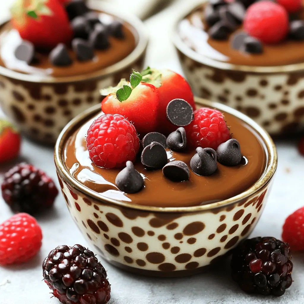 - 1 cup cottage cheese - 1/2 cup unsweetened cocoa powder - 1/4 cup honey or maple syrup Cottage cheese gives this pudding a creamy base. It is high in protein and blends well. Unsweetened cocoa powder adds rich chocolate taste without extra sugar. Honey or maple syrup is your sweet choice. You can pick what you like best. - 1/4 cup almond milk (or milk of choice) - 1 teaspoon vanilla extract - 1/4 cup dark chocolate chips (for topping) Almond milk makes the pudding smooth and creamy. You can use any milk you prefer. Vanilla extract adds a nice flavor boost. Dark chocolate chips on top give a fun crunch. They also add more chocolate flavor. - Fresh berries (for garnish) - Pinch of salt Fresh berries add color and a fruity touch. You can use strawberries, raspberries, or blueberries. A pinch of salt balances the sweetness. It makes the chocolate flavor pop. - Combine 1 cup of cottage cheese and 1/2 cup of unsweetened cocoa powder in a blender. - Add 1/4 cup of honey or maple syrup, 1/4 cup of almond milk, 1 teaspoon of vanilla extract, and a pinch of salt. - Blend on high speed until the mix is smooth. Make sure you do not have lumps. - Once blended, transfer the mixture into bowls or dessert cups. - Chill the bowls in the refrigerator for at least 30 minutes. This helps the pudding set and flavors mix well. - Before serving, sprinkle 1/4 cup of dark chocolate chips on top. - Garnish with fresh berries if you like. These add a nice touch of color and flavor. To make a smooth and creamy pudding, blend the cottage cheese well. Start with the cottage cheese and cocoa powder in your blender. Add honey or maple syrup, almond milk, and vanilla extract. Blend on high, checking for lumps. If you find any, keep blending. You can adjust the sweetness to fit your taste. After blending, taste the pudding. If it’s not sweet enough, add a bit more honey or maple syrup. Blend again to mix the extra sweetness. Pair your pudding with fresh fruits to add color and taste. Berries like strawberries, raspberries, or blueberries work great. They bring a nice tartness that balances the rich chocolate flavor. For special occasions, try presenting the pudding in clear dessert cups. Layer it with fresh fruit or sprinkle some nuts on top. You can also add a dollop of whipped cream for a fun twist. Cottage cheese is a great source of protein. It helps you feel full and supports muscle health. It also has calcium, which is good for your bones. Using dark chocolate adds antioxidants. These may help keep your heart healthy. Dark chocolate can also boost your mood and energy levels, making this treat both tasty and good for you. {{image_2}} You can change the sweetener in this pudding. Agave or stevia works well. If you want it sugar-free, choose a zero-calorie sweetener. Just remember to adjust the amount. Start with less and taste along the way. Adding flavor can make this pudding even better. Almond or coconut extract can add a nice twist. Just a few drops will do. You can also mix in peanut butter or any nut butter you like. This will add creaminess and a rich taste. If you want a vegan option, swap the cottage cheese with coconut yogurt. For a lactose-free treat, use lactose-free cottage cheese. Both options keep the rich taste while meeting different diets. Adjust the recipe to fit your needs, and enjoy! To store leftovers, place the pudding in an airtight container. This keeps it fresh and tasty. When stored properly, the pudding lasts for about 3 to 5 days in the fridge. Make sure to cover it well to prevent it from absorbing other flavors. Yes, you can freeze cottage cheese chocolate pudding! To do this, pour it into freezer-safe containers. Leave some space at the top, as it may expand when frozen. The pudding can last up to two months in the freezer. To thaw, move the pudding to the fridge for several hours or overnight. When ready to serve, stir it well to restore the creamy texture. If it feels too thick, add a splash of milk to smooth it out. To restore texture, avoid microwaving directly. Instead, place the pudding in a bowl and warm it gently on the stove over low heat. Stir often until it reaches your desired warmth. This method helps keep it creamy and delicious. Yes, you can use full-fat cottage cheese. It makes the pudding creamier and richer. The taste stays the same, but the texture feels more smooth. If you like a thicker pudding, full-fat cottage cheese is a great choice. Just blend it well to avoid lumps. If you want to change the flavor, you can use carob powder. It gives a sweet, mild taste. You could also try using dark chocolate instead. Just melt it first and mix it into your pudding. Another option is to use extra dark chocolate for a bolder flavor. You can store this pudding in the fridge for up to three days. Keep it in an airtight container to keep it fresh. If it gets too thick, just stir in a little milk before serving. This way, you enjoy it longer! This blog post covered how to make a delicious chocolate pudding using cottage cheese. I shared key ingredients, step-by-step instructions, and helpful tips to enhance your dish. You learned about ingredient variations and smart storage methods. In the end, this chocolate pudding is easy to make and can suit many diets. I encourage you to try different flavors and toppings. Enjoy creating your own unique version and savoring each bite!