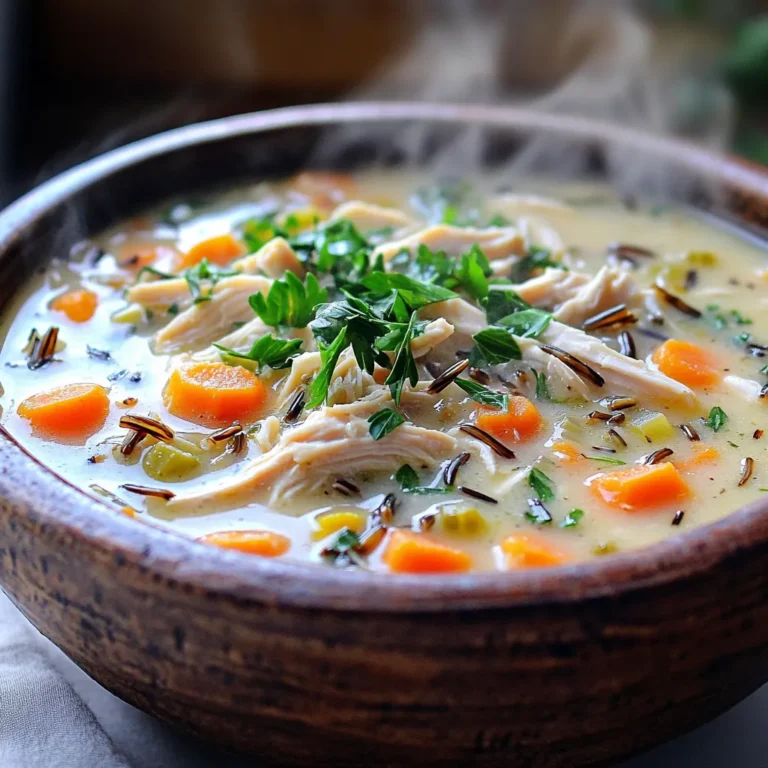 - 1 pound boneless, skinless chicken breasts - 1 cup wild rice, rinsed - 1 medium onion, diced - 2 carrots, diced - 2 celery stalks, diced - 4 cloves garlic, minced - 6 cups chicken broth - 1 cup whole milk or cream - 1 teaspoon dried thyme - 1 teaspoon dried rosemary - Salt and pepper to taste - 2 tablespoons olive oil - Fresh parsley, chopped (for garnish) Gather these fresh and simple ingredients to make your soup. Start with the chicken. I prefer boneless, skinless breasts for a lean option. They cook nicely and shred easily. Next, let's talk about wild rice. This grain adds a nutty flavor and chewy texture. Rinse it well before using. You will need a medium onion. Diced onion adds sweetness to the soup. Carrots and celery give it a nice crunch and color. I like to use two carrots and two celery stalks in my soup. Garlic is key for flavor, so use four cloves, minced finely. For the broth, I choose chicken broth as it adds depth. A full six cups give the soup a rich base. To make it creamy, I add one cup of whole milk or cream. It gives a lovely texture. Herbs bring warmth and aroma. I use one teaspoon each of dried thyme and rosemary. Finally, season with salt and pepper to taste. Don't forget the olive oil! It helps sauté the veggies first. For garnish, fresh parsley makes the soup pop. Just chop it up and sprinkle on top. With these ingredients, you are ready to create a comforting bowl of slow cooker chicken wild rice soup. - Heat olive oil in a skillet. - Add diced onions, carrots, and celery. - Sauté until softened. Start by heating olive oil in a skillet over medium heat. Once it's warm, add the diced onion, carrots, and celery. Sauté these vegetables for about 5 to 7 minutes. You want them to soften and release their flavors. This step makes the soup taste great from the start. - Add minced garlic to the skillet. - Transfer vegetables to the slow cooker. - Add wild rice, chicken, broth, thyme, rosemary, salt, and pepper. Next, add minced garlic to the skillet. Cook for 1 to 2 minutes until it becomes fragrant. Then, transfer the sautéed veggies to your slow cooker. In the slow cooker, mix in the rinsed wild rice, chicken breasts, and chicken broth. Add in dried thyme and rosemary. Season with salt and pepper to taste. This combination builds a rich flavor base for your soup. - Cover and cook on low or high. - Shred chicken after cooking. - Stir in milk or cream and simmer. Now, cover your slow cooker. You can cook it on low for 6 to 8 hours or on high for 3 to 4 hours. Check that the chicken is cooked through and the rice is tender. Once done, take the chicken out and shred it with two forks. Return the shredded chicken to the pot. Finally, stir in the milk or cream. Let it simmer for another 10 to 15 minutes. This step gives the soup a creamy texture that is simply delightful. - Use fresh herbs for enhanced flavor: Fresh herbs, like thyme and parsley, make a big difference. They add a bright, fresh taste that dried herbs can’t match. - Adjust seasoning based on personal preference: Taste your soup before serving. Add more salt or pepper if you want it bolder. - Don't skip the simmer step for better flavor melding: Letting the soup simmer for a bit helps all the flavors blend well. - Choose the right size slow cooker: A 6-quart slow cooker works best for this recipe. It gives enough space for all the ingredients. - Pre-soak wild rice for faster cooking: Soaking wild rice for a few hours helps it cook faster. It will also become more tender in the soup. - Use a meat thermometer for chicken: Check that the chicken reaches 165°F. This ensures it is safe to eat and perfectly cooked. - Pair with crusty bread or crackers: The soup is creamy and hearty. A piece of crusty bread or some crackers makes it even better. - Add a side salad for a complete meal: A light salad adds freshness and crunch. It balances the rich soup nicely. - Serve in bowls garnished with parsley: A sprinkle of fresh parsley on top adds color and a touch of flavor. It makes the soup look inviting too. {{image_2}} You can easily swap the chicken breasts for thighs. Thighs add more flavor and stay juicy. For a vegetarian version, use vegetable broth instead of chicken broth. This keeps the taste rich without meat. You might also want to add other veggies. Mushrooms or spinach make great additions. They offer extra nutrients and taste. Do you want a richer taste? Incorporate some grated Parmesan cheese. It melts well and adds creaminess. You can also add a splash of lemon juice for brightness. This will lift the flavors and make them pop. If you like heat, include a dash of hot sauce. This gives your soup a nice kick. If you need a dairy-free option, switch to coconut milk. It gives a lovely creaminess without dairy. For a low-carb choice, use cauliflower rice instead of wild rice. This keeps the soup light and healthy. If you need gluten-free, ensure your broth is gluten-free. Many brands offer this, so check the label. To store leftovers, let the soup cool first. Place it in an airtight container. Store it in the fridge for up to four days. This keeps the soup fresh and tasty. For freezing, use a freezer-safe container. Leave some space at the top for expansion. The soup can freeze well for up to three months. When you are ready to eat, thaw it overnight in the fridge. Reheat it on the stove or in the microwave until hot. Use glass or BPA-free plastic containers for best results. These containers help keep the soup fresh longer. To avoid freezer burn, wrap the container tightly with plastic wrap. This helps keep the flavors intact and the soup delicious. You can keep this soup in the fridge for about 3 to 4 days. Make sure to store it in an airtight container. This helps keep it fresh and tasty. If you want to enjoy it later, consider freezing it. Yes, you can use brown rice. However, it will change the cooking time. Brown rice needs more time to cook than wild rice. I suggest cooking it separately and adding it to the soup later. Absolutely! You can make this soup in an Instant Pot. Use the sauté setting for the veggies first. Then, add the rest of the ingredients and cook on high pressure for about 15 minutes. It’s a quick and easy option. To add more protein, consider using chickpeas or white beans. You can also add more chicken or cooked sausage. These options will make your soup heartier and more filling. If your soup is too watery, you can mix a little cornstarch with water and stir it in. Another option is to let it simmer uncovered for a while. This will help it thicken naturally. This blog post covered a tasty slow cooker chicken wild rice soup. You learned about the main ingredients, like chicken, rice, and fresh herbs. We went through each step to make the soup, ensuring you get the best flavors. I shared tips for perfecting the dish and discussed fun variations you can try. Remember, cooking is about enjoying the process and sharing great meals. Now, grab your slow cooker and start making this comforting dish!