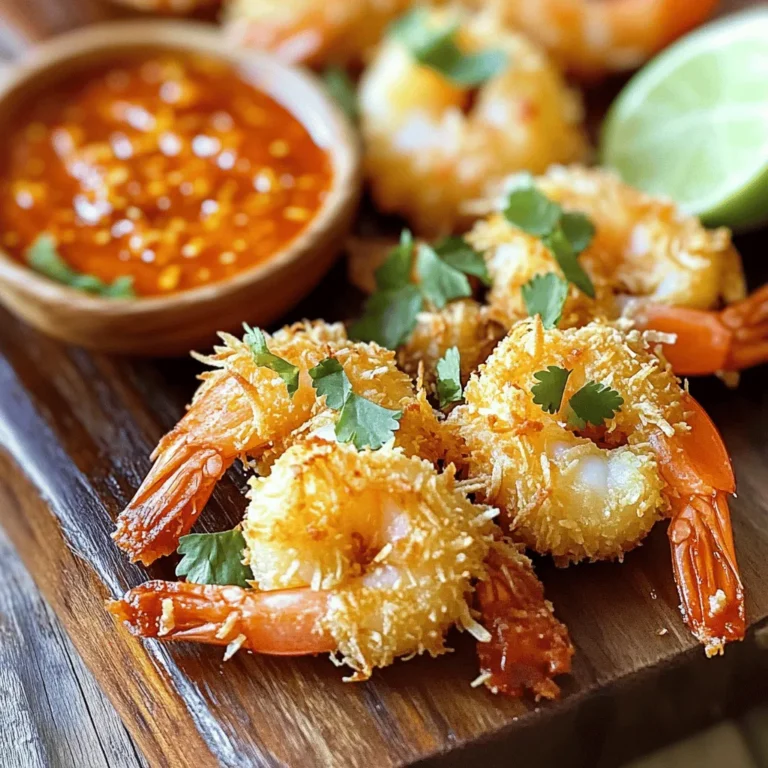 For crispy coconut shrimp, you'll need: - 1 pound large shrimp, peeled and deveined - 1 cup all-purpose flour - 2 large eggs, beaten - 1 cup shredded coconut (sweetened or unsweetened) - 1 cup panko breadcrumbs - 1/2 teaspoon salt - 1/4 teaspoon black pepper - Oil for frying (coconut oil or vegetable oil) These ingredients combine to create a delicious crunch. The shrimp should be fresh for the best taste. I like to use large shrimp, as they hold up well during frying. For the sweet chili sauce, you will need: - 1/2 cup sweet chili sauce - 1 tablespoon lime juice - 1 teaspoon sriracha (optional for heat) - 1 tablespoon chopped cilantro (for garnish) This sauce adds a sweet and spicy kick. The lime juice brightens the flavor. If you like heat, add the sriracha! You can also try these for added flavor: - Garlic powder for a savory touch - Crushed red pepper for more heat - Fresh herbs like parsley to add freshness These options let you make the dish your own. Experiment and find what you like best! First, gather your shrimp. You will need one pound of large shrimp that are peeled and deveined. Next, prepare three bowls. In the first bowl, mix one cup of all-purpose flour with 1/2 teaspoon of salt and 1/4 teaspoon of black pepper. This mixture adds flavor and helps the coating stick. In the second bowl, place two large eggs and beat them well. The eggs will create a nice layer for the coating. For the third bowl, combine one cup of shredded coconut and one cup of panko breadcrumbs. This mix gives your shrimp that crispy outer layer. Heat about one inch of oil in a large skillet over medium heat. You want the oil to shimmer. This shows it is ready for frying. Take a shrimp and dredge it first in the flour mixture. Shake off any extra flour. Then, dip the shrimp into the beaten eggs, letting any excess egg drip off. Finally, coat the shrimp in the coconut-panko mixture. Press gently to help it stick. Fry the shrimp in batches for about 2-3 minutes on each side. Look for a golden brown color. Don’t crowd the pan! Once crispy, place the shrimp on a paper towel-lined plate to drain extra oil. For the sweet chili sauce, take a small bowl. Combine 1/2 cup of sweet chili sauce with one tablespoon of lime juice. If you like heat, add one teaspoon of sriracha. Stir until everything is well mixed. This sauce adds a sweet and tangy kick to your shrimp. You can garnish with one tablespoon of chopped cilantro for extra flavor. Serve the crispy coconut shrimp hot with the sweet chili sauce on the side. Enjoy your delicious meal! To get your shrimp super crispy, follow a few key steps. First, make sure your oil is hot enough. If it’s too cool, the shrimp will soak up oil and become soggy. Use a deep pan or skillet for even cooking. Dredge the shrimp properly: flour first, then egg, and finally the coconut-panko mix. Press gently to help it stick. Fry in small batches. This keeps the oil hot and helps each shrimp cook evenly. The oil you choose makes a big difference. Coconut oil adds a nice flavor and makes the dish more tropical. Vegetable oil works well too and has a high smoke point. This means it can get hot without burning. Avoid using oils that smoke easily, like olive oil. You want your shrimp to fry, not steam. One big mistake is overcrowding the pan. If you add too many shrimp at once, they won’t cook right. They might end up soggy instead of crispy. Another mistake is not shaking off excess flour and egg. This keeps the coating light and crunchy. Lastly, don’t skip draining the shrimp on paper towels. This helps remove excess oil for a better texture. {{image_2}} If you want a lighter option, try baking the shrimp. Preheat your oven to 400°F. Line a baking sheet with parchment paper. Use the same breading method as before. After coating, place the shrimp on the sheet. Spray them lightly with cooking oil. Bake for about 15-20 minutes. Flip them halfway through. This method gives you crispy shrimp with less oil. While sweet chili sauce is a favorite, you can try other dips. A spicy mango salsa adds a fruity kick. Mix diced mango, onion, and cilantro for a fresh taste. You can also use a zesty lime aioli. Just mix mayonnaise, lime juice, and garlic powder. For a tangy twist, try a peanut dipping sauce. Combine peanut butter, soy sauce, and lime juice for a nutty flavor. Want to spice things up? You can add spices to your breading mix. Try paprika for a smoky taste. You could also use garlic powder or onion powder for extra depth. If you like heat, add cayenne pepper. Just a pinch will do! These small tweaks can take your coconut shrimp to a new level. To store leftover coconut shrimp, place them in an airtight container. Make sure they cool first. Keep the container in the fridge. They should stay fresh for up to three days. If you want the best taste, eat them soon. When reheating, use the oven for the best results. Preheat your oven to 375°F. Arrange the shrimp on a baking sheet. Bake for about 10 minutes or until hot. This method keeps them crispy. Avoid the microwave, as it makes the shrimp soggy. You can freeze coconut shrimp for later use. First, let them cool completely. Place them in a single layer on a baking sheet. Freeze for 1-2 hours until solid. Then, transfer the shrimp to a freezer bag. They can stay frozen for up to three months. When ready to eat, thaw in the fridge and reheat as described above. Yes, you can use frozen shrimp. Just thaw them first. Place the shrimp in a bowl of cold water for about 15-20 minutes. Once thawed, pat them dry with paper towels. This step helps the coating stick better. Using frozen shrimp can save time and still taste great! To make this dish gluten-free, swap all-purpose flour for a gluten-free flour blend. You can also find gluten-free panko breadcrumbs in stores. Ensure that the sweet chili sauce is gluten-free as well. With these changes, you can enjoy crispy coconut shrimp without gluten! Crispy coconut shrimp pairs well with many sides. Here are a few ideas: - Fresh coleslaw for crunch - Coconut rice for a tropical twist - A green salad with lime vinaigrette - Grilled veggies for a healthy option These sides balance the sweet and savory flavors of the shrimp perfectly! Coconut shrimp is a delicious dish that combines crispy shrimp with sweet sauce. We discussed key ingredients, making a tasty sweet chili sauce, and tips for frying. To boost flavor, we explored optional ingredients and various sauces. We shared storage tips, reheating methods, and FAQs to make cooking easier. Remember, whether you fry or bake, enjoy your shrimp with your favorite sides. Experiment and have fun while cooking this dish!