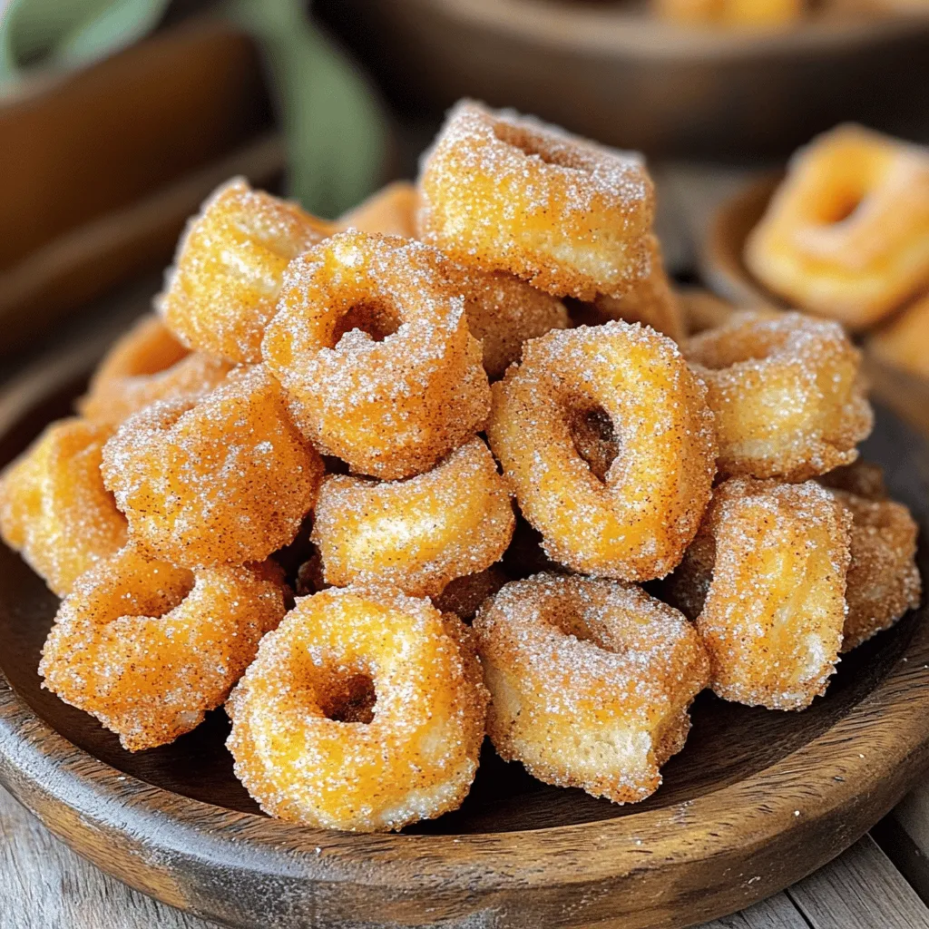 To make Air Fryer Cinnamon Sugar Churro Bites, gather these simple items: - 1 cup all-purpose flour - 1 tablespoon sugar - 1/2 teaspoon baking powder - 1/4 teaspoon salt - 1/2 cup water - 2 tablespoons unsalted butter - 1/2 teaspoon vanilla extract - 1/4 cup sugar (for coating) - 1 tablespoon ground cinnamon When choosing flour, look for all-purpose flour. This gives the best texture for churros. For sugar, granulated white sugar works well for both the dough and coating. Use unsalted butter to control salt levels. Fresh vanilla extract adds great flavor. Always check the expiration dates on baking powder and spices for the best results. Want to get creative? Try adding a pinch of nutmeg for warmth. You can swap vanilla for almond extract for a twist. For a fun texture, mix in some finely chopped nuts or chocolate chips into the dough. These options make your churro bites even more special! Start by heating a medium saucepan. Add 1/2 cup of water, 2 tablespoons of butter, and 1 tablespoon of sugar. Stir as it heats until the butter melts completely. When the mixture boils, take it off the heat. Now, stir in 1 cup of all-purpose flour, 1/2 teaspoon of baking powder, and 1/4 teaspoon of salt. Mix until a dough forms. It will look a bit sticky but that’s okay! Let the dough cool for a few minutes. After that, add in 1/2 teaspoon of vanilla extract. This gives it a nice flavor. You want the dough to be cool enough to touch but still warm. Next, preheat your air fryer to 375°F (190°C). While it heats, grab a small piping bag or a zip-lock bag. Cut off one corner of the bag if you use a zip-lock. Pipe small pieces of dough onto a piece of parchment paper. Make sure they are about 1 inch long and not too crowded. Once the air fryer is ready, place the dough pieces in the basket. Air fry them for 8-10 minutes. You want them to be golden brown. Check on them halfway through to ensure even cooking. When your churro bites are done, take them out and let them cool for a short time. While they cool, mix 1/4 cup of sugar with 1 tablespoon of ground cinnamon in a bowl. Once the churro bites are warm, toss them in the cinnamon sugar mixture. Make sure they are well coated. This step adds sweet flavor and a nice crunch. Serve them warm, and enjoy this delightful treat! To get that crisp outside and soft inside, follow these steps: - Use the right flour: All-purpose flour works best. It helps form a nice dough. - Heat the water: Make sure the water is hot enough to melt the butter. This helps the dough come together. - Don’t overmix: Mix just until the flour is combined. Overmixing can make the churros tough. - Cut evenly: Aim for 1-inch pieces. This ensures even cooking in the air fryer. Here are some common pitfalls: - Overcrowding the basket: Leave space between churros. This allows hot air to circulate and cook them evenly. - Skipping the cooling step: Let the dough cool a bit before piping. A hot dough can be hard to manage. - Not preheating: Always preheat your air fryer. This helps achieve the right texture. - Incorrect timing: Keep an eye on them while air frying. Every air fryer is different. These churro bites are best enjoyed warm. Here are some fun ideas: - Add a dip: Serve with chocolate or caramel sauce. It adds a sweet touch. - Top with ice cream: Place churro bites over a scoop of vanilla ice cream for a treat. - Sprinkle extras: Try adding nuts or sprinkles for added texture and fun. - Pair with drinks: Serve with hot cocoa or coffee for a cozy snack. {{image_2}} You can dip churro bites in chocolate or caramel sauce. Melt dark or milk chocolate for a rich treat. For caramel, heat it gently until it is smooth. This sweet dip adds extra joy to every bite. You can also mix in a pinch of sea salt for a salty-sweet taste. Both options make your churro bites even more fun to eat. If you need nut-free churro bites, no problem! The basic recipe is already nut-free if you stick to the listed ingredients. Just be sure to check your butter and any dips you use. Many chocolates and sauces can contain nuts, so always read labels. This way, everyone can enjoy these tasty treats safely. Want to try a new twist? Add flavor infusions to your churro bites. A teaspoon of orange zest can give a bright, fresh taste. You can also use lemon zest or even spices like nutmeg. These small changes can make a big difference. Experiment with different flavors to find your favorite! After you enjoy your tasty churro bites, store them in an airtight container. This helps keep them fresh. Let the churro bites cool down before you store them. If you put hot churros in a container, they may get soggy. Keep them at room temperature for up to two days. For longer storage, move them to the fridge. They last about four days when chilled. To make your churro bites warm again, use your air fryer. Preheat it to 350°F (175°C). Place the churro bites in the basket for about 3-5 minutes. This keeps them crispy. You can also use the oven. Set it to 350°F (175°C) and heat them for 5-7 minutes. Avoid using a microwave, as it can make them soft. If you want to save churro bites for later, freezing is a great option. First, let them cool completely. Then, place them in a single layer on a baking sheet. Freeze them for about an hour. Once frozen, move them to a freezer-safe bag. Seal the bag tightly to prevent freezer burn. They will stay good for up to three months. When ready to eat, you can air fry them straight from the freezer. Just add a few extra minutes to the cooking time. Yes, you can! If you don't have an air fryer, you can bake churro bites in the oven. Preheat your oven to 375°F (190°C). Place the churro bites on a baking sheet lined with parchment paper. Bake for about 12-15 minutes, or until golden brown. You can also deep-fry them in hot oil for a crispy texture. Heat oil in a deep pan and fry until golden. Make sure to drain them on paper towels after frying. To make gluten-free churro bites, simply swap the all-purpose flour for a gluten-free flour blend. Look for a blend that includes xanthan gum, as it helps with texture. You can find these blends at most grocery stores. Follow the same steps in the recipe, and you will have tasty churro bites that everyone can enjoy. Churro bites pair well with many dips. You can serve them with chocolate sauce for a sweet treat. Caramel sauce also complements the cinnamon sugar flavor nicely. If you like fruit, try a berry sauce or even a scoop of vanilla ice cream. These options add even more joy to your churro bites! In this blog post, we explored how to make churro bites that impress. We covered ingredients, cooking steps, and tips for success. Customization ideas help you make them your own. Mistakes to watch out for will save you time. Remember to store leftovers properly for future enjoyment. Enjoy creating these tasty treats! With the right techniques, you can achieve dessert perfection. Happy cooking!