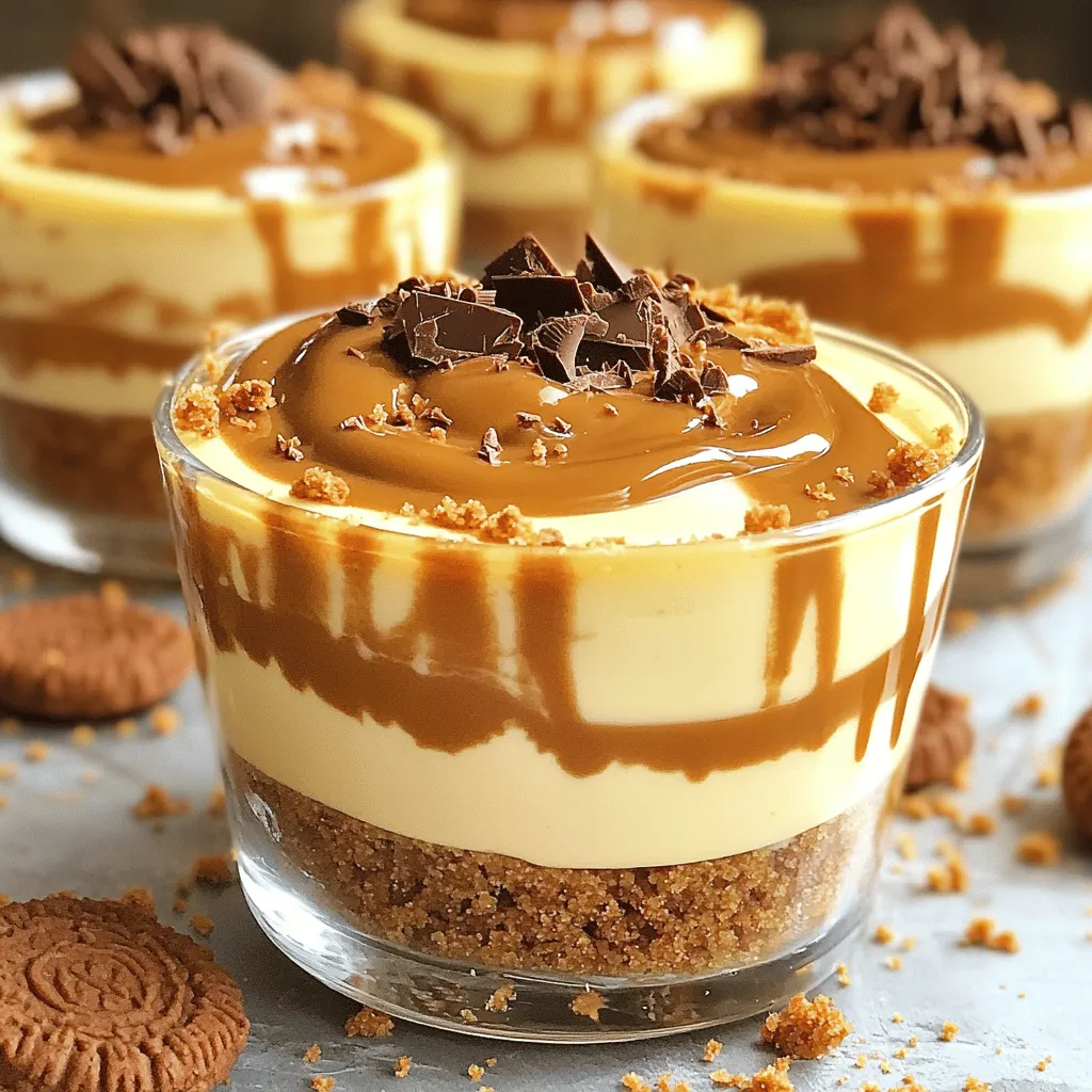 - 200g Lotus Biscoff cookies, crushed - 100g unsalted butter, melted - 250g cream cheese, softened - 100g powdered sugar - 1 teaspoon vanilla extract - 200ml heavy whipping cream - 4 tablespoons Lotus Biscoff spread, melted (plus extra for drizzling) - A pinch of salt - Optional garnish: crushed Biscoff cookies and chocolate shavings For these Lotus Biscoff cheesecake cups, you need simple ingredients. Start with Lotus Biscoff cookies. You’ll crush them for the crust. The melted unsalted butter helps bind the cookies together. Next, use softened cream cheese. This gives the cheesecake its rich and creamy texture. Powdered sugar adds sweetness. You can also add a touch of vanilla extract for flavor. Heavy whipping cream is key for fluffiness. Whip it to soft peaks before mixing. Don't forget the Lotus Biscoff spread! It adds a unique taste. A pinch of salt helps balance the sweetness. Finally, consider optional garnishes. Crushed Biscoff cookies and chocolate shavings make it pretty. These ingredients create a dessert that is not just tasty, but also fun to look at. To start, grab a mixing bowl. In this bowl, combine 200g of crushed Lotus Biscoff cookies with 100g of melted unsalted butter. Stir the mix well until it looks like wet sand. This is your cookie crust! Next, take small cups and divide the cookie mixture evenly among them. Press it down firmly to make a solid base. After that, place the cups in the fridge for about 15 minutes. This helps the crust set. While your crust chills, it's time to make the cheesecake filling. In a new bowl, beat 250g of softened cream cheese with 100g of powdered sugar and 1 teaspoon of vanilla extract. Mix until it is smooth and creamy. In another bowl, whip 200ml of heavy whipping cream until soft peaks form. This makes your filling light and fluffy. Gently fold this whipped cream into the cream cheese mixture. Be careful not to deflate it! Now, we add the special Biscoff flavor! Take 4 tablespoons of melted Lotus Biscoff spread and fold it into the cheesecake mix. Add a pinch of salt for balance and mix until it’s all combined. Next, remove the cups from the fridge. Spoon the cheesecake mixture on top of each crust until they are nearly full. Cover the cups with plastic wrap and refrigerate them for at least 2 hours. This helps the cheesecake set perfectly. Enjoy your treat later! - Use crushed Lotus Biscoff cookies. They add flavor and texture. - Mix the cookies with melted butter until it looks like wet sand. This helps bind the crust. - Press the mixture firmly into the bottom of each cup. This keeps it from crumbling later. - Beat cream cheese with powdered sugar and vanilla extract until smooth. This makes it creamy. - Whip the heavy cream until soft peaks form. This gives the cheesecake a light texture. - Fold the whipped cream gently into the cream cheese mix. Be careful not to deflate it. - Drizzle extra melted Lotus Biscoff spread on top. It adds a sweet finish. - Use crushed Biscoff cookies for a crunchy topping. They look great and taste even better. - Add chocolate shavings for a fun touch. They make your cups look extra special. {{image_2}} You can change the flavor of the cheesecake cups easily. Try using flavored cream cheese, like chocolate or strawberry. This adds a fun twist to your dessert. You can also switch the Lotus Biscoff spread. Use cookie butter or nut butter for a different taste. These choices keep the recipe fresh and exciting. For a gluten-free option, use gluten-free cookies for the crust. This change keeps the dessert tasty for those with gluten issues. You can also make it dairy-free. Substitute cream cheese with a non-dairy cream cheese. Use coconut cream instead of heavy whipping cream. These swaps let more people enjoy this treat. You can serve these cheesecake cups in different ways. Make a layered dessert by adding fruit or chocolate layers. This adds color and flavor. Mini versions are perfect for parties. Use smaller cups to create bite-sized treats. These options make serving fun and versatile. To keep your Lotus Biscoff cheesecake cups fresh, store them in the fridge. Make sure to cover them with plastic wrap or a lid. This keeps moisture in and prevents them from drying out. If you want to save them for longer, you can freeze the cups. Just let them chill first, then wrap them tightly in plastic wrap. Place them in a freezer bag or container. This way, they stay tasty for up to three months. I recommend using airtight containers for your cheesecake cups. Glass or plastic containers work well. They help keep the cups safe from air and bacteria. To avoid sogginess, layer a paper towel between the cups and the lid. This absorbs extra moisture and keeps your dessert from getting wet. In the fridge, your Lotus Biscoff cheesecake cups last about 3 to 5 days. Always check them before eating. Signs of spoilage include a sour smell, discoloration, or mold. If you notice any of these, it’s best to throw them away. Enjoy your delicious dessert while it’s fresh! These cheesecake cups need to chill for at least 2 hours. This time helps them set properly. For the best results, I suggest chilling them overnight. This way, the flavors meld together nicely. Yes, you can make these cups ahead of time. Prepare the cups and chill them in the fridge. They stay fresh for up to three days. Cover each cup with plastic wrap to keep them protected. This helps maintain their flavor and texture. If you want a lighter texture, use Greek yogurt. It gives a nice tang and creaminess. For a dairy-free option, try using cashew cream. Blend soaked cashews with a bit of lemon juice for a great alternative. Both swaps will keep your cups delicious! We covered how to create delicious Lotus Biscoff cheesecake cups from scratch. You learned about the key ingredients, step-by-step preparation, and tips for a perfect finish. This dessert is customizable and can fit various dietary needs. For storage, I shared the best practices to keep them fresh. These cheesecake cups are fun, easy to make, and perfect for any gathering. Try this recipe, impress your friends, and enjoy every bite!