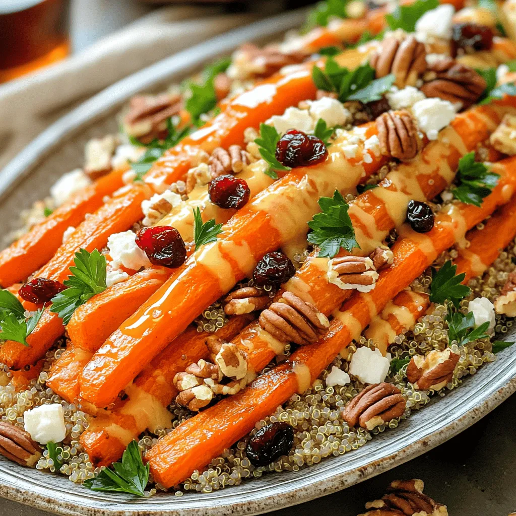 - Carrots - Olive Oil - Pure Maple Syrup - Quinoa - Vegetable Broth or Water To make the Maple Roasted Carrot and Quinoa Salad, you need a few key items. Start with fresh, vibrant carrots. These will give your salad great flavor and color. Use a good-quality olive oil to help the carrots roast nicely. Pure maple syrup adds natural sweetness that pairs beautifully with the carrots. Quinoa is your base. It’s healthy and full of protein. Choose vegetable broth or water to cook the quinoa. Vegetable broth adds more flavor, while water is simple and quick. - Dried Cranberries - Chopped Pecans - Feta Cheese (or Vegan Alternative) - Fresh Parsley - Apple Cider Vinegar For extra flavor and texture, try these optional ingredients. Dried cranberries add a sweet and chewy bite. Chopped pecans bring a nice crunch and nutty taste. Feta cheese (or a vegan alternative) gives a creamy touch and salty flavor. Fresh parsley brightens the dish with color and freshness. A splash of apple cider vinegar adds a tangy kick that ties everything together. - Salt and Pepper Seasoning is key to making your salad standout. Salt and pepper enhance all the flavors. They make the sweet and savory notes of the salad shine. Use them to taste, adjusting as you go. This way, you can make the dish just right for your palate. First, we need to preheat the oven to 400°F (200°C). This heat will help the carrots roast perfectly. Next, peel your four large carrots. Cut them into sticks, about the size of your finger. In a bowl, mix the carrot sticks with one tablespoon of olive oil, two tablespoons of pure maple syrup, and a pinch of salt and pepper. Toss the carrots well, so they are evenly coated. Spread them on a baking sheet lined with parchment paper in a single layer. While the carrots roast, let's cook the quinoa. Start by rinsing one cup of quinoa under cold water. This step removes the bitter coating called saponin. In a medium saucepan, add the rinsed quinoa and two cups of vegetable broth or water. Bring this mixture to a boil over medium heat. Once it boils, reduce the heat to low, cover the pot, and let it simmer for about 15 minutes. The quinoa will absorb the liquid and become fluffy. After 15 minutes, remove it from the heat and let it sit for five minutes. Fluff it with a fork for the best texture. Now, it’s time to bring everything together. In a large bowl, combine the cooked quinoa and the roasted carrots. Add in half a cup of dried cranberries, a quarter cup of chopped pecans, and a quarter cup of feta cheese, or a vegan alternative if you prefer. For some freshness, toss in two tablespoons of chopped fresh parsley. Drizzle two tablespoons of apple cider vinegar for some tang. Gently mix everything until it is well combined. Taste the salad and adjust the seasoning if needed. You can add more salt, pepper, or maple syrup for extra sweetness. To roast your carrots just right, aim for 25-30 minutes in a hot oven. This time gives them a nice caramel color. Make sure to turn them halfway through. This helps them cook evenly. The right amount of olive oil and maple syrup helps caramelization. A light coating works best. This keeps them sweet and tender. To keep quinoa fluffy, rinse it under cold water. This removes the bitter coating. When cooking, use two cups of vegetable broth or water for one cup of quinoa. Bring it to a boil, then lower the heat. A tight lid is key for even cooking. After 15 minutes, check if all the water is absorbed. If it looks fluffy and soft, it’s done. You can boost flavor with spices like cumin or smoked paprika. Try adding a pinch of cayenne for heat. For texture, use different nuts like walnuts or almonds. Cheese lovers can swap feta for goat cheese or skip it entirely for a vegan option. Dried fruits like apricots or raisins can add sweetness too. {{image_2}} You can easily swap carrots for other root veggies. Try parsnips, sweet potatoes, or beets. Each adds a unique taste and color. Adding greens like spinach or kale brightens the salad. Toss in fresh greens just before serving. This adds crunch and freshness, making it even better. For a gluten-free option, use quinoa, which is naturally gluten-free. Ensure all other ingredients, like broth and seasonings, are also gluten-free. You can easily make this salad vegan. Simply skip the feta cheese or use a vegan cheese alternative. This keeps the dish tasty for everyone. Want a kick? Add spices like cayenne or smoked paprika. These create a warm and spicy flavor that enhances the sweetness of the maple syrup. You can also try different sweeteners. Honey, agave, or coconut sugar can replace maple syrup. Each will change the taste, so feel free to experiment! To store the salad short-term, place it in an airtight container. Keep it in the fridge. This keeps the salad fresh for up to three days. Make sure to stir the salad before serving. This helps mix the flavors again. You can freeze the maple roasted carrot and quinoa salad. However, the texture may change. The carrots might become softer, and the quinoa may lose some bite. To freeze, place the salad in a freezer-safe container. It can last for up to three months. When you're ready to eat it, thaw it in the fridge overnight. To reheat the salad, add a splash of water or broth. This helps keep the salad moist. Heat it in the microwave for about one to two minutes. Stir halfway through to ensure even heating. If you prefer to keep it cold, enjoy it straight from the fridge. Yes, you can make this salad ahead of time. To store it, keep it in an airtight container. The salad will stay fresh for about 3 days in the fridge. Just add the dressing right before serving. This way, the salad stays crisp and tasty. If you want to switch quinoa, try brown rice or farro. Both add a nice texture and flavor. You could also use couscous or bulgur for a quick and easy option. Just remember to adjust cooking times based on the grain you choose. This salad can be gluten-free, depending on your ingredients. Quinoa is naturally gluten-free. Make sure to check the labels on your vegetable broth and any cheese you use. If you choose to add grains, confirm they are gluten-free as well. The maple roasted carrot and quinoa salad lasts about 3 days in the fridge. After that, the veggies may get soft. To keep it fresh, store it in an airtight container. If you notice any changes in smell or color, it’s best to toss it out. This blog post covered a delicious maple roasted carrot and quinoa salad. We discussed the key ingredients, like carrots, quinoa, and optional add-ins. I shared tips for perfect roasting and cooking quinoa. You can swap ingredients based on seasons and diets. Remember, this salad is easy to store and reheat, making it great for meal prep. Enjoy trying this recipe and making it your own. Happy cooking!