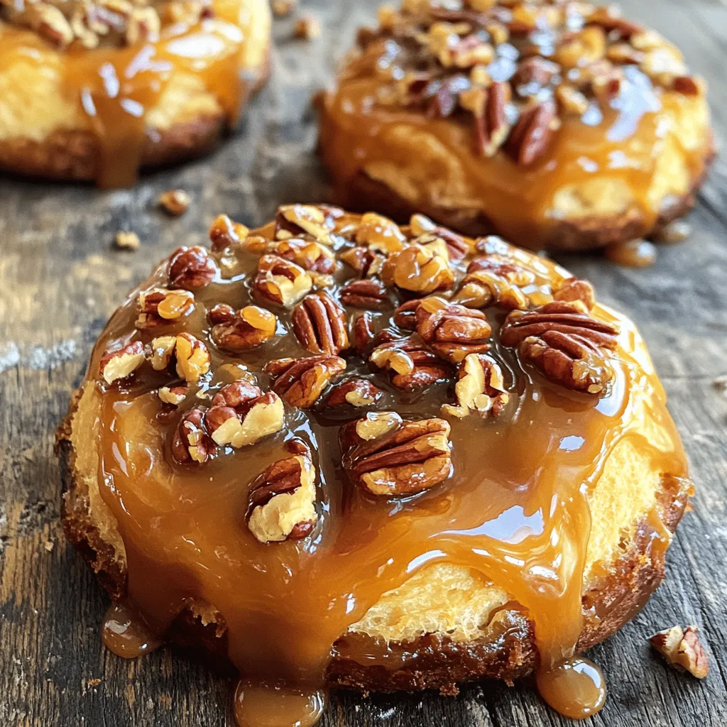 To make caramel pecan sticky buns, you need the following key ingredients: - 1 package (1/4 oz) active dry yeast - 1/2 cup warm milk (110°F) - 1/4 cup sugar - 1/4 cup unsalted butter, melted - 1 large egg - 1 teaspoon vanilla extract - 2 cups all-purpose flour - 1/2 teaspoon salt - 1/2 cup packed brown sugar - 1/4 cup corn syrup - 1/4 cup unsalted butter, softened - 1 cup pecans, chopped - 1 tablespoon ground cinnamon These ingredients work together to create a soft, sweet dough filled with a rich caramel sauce and crunchy pecans. Yeast is crucial for making the dough rise, giving the buns their fluffy texture. You can customize your sticky buns with some fun add-ins. Here are a few ideas: - Chopped apples or pears for added sweetness and moisture. - Chocolate chips for a decadent twist. - Dried fruits like raisins or cranberries for a chewy texture. Feel free to mix and match these options to fit your taste! If you need to swap out some ingredients, here are some easy substitutions: - Milk: Use almond or oat milk for a dairy-free option. - Butter: Coconut oil works as a dairy-free alternative. - Sugar: You can use honey or maple syrup instead of granulated sugar. - Pecans: Walnuts or almonds can replace pecans if you prefer. These substitutions can help you cater to dietary needs while still enjoying delicious caramel pecan sticky buns. Start by combining warm milk and active dry yeast in a small bowl. Make sure the milk is about 110°F. Let it sit for about 5 minutes. You want it to get foamy. This shows the yeast is active. In a large mixing bowl, whisk together sugar, melted butter, egg, and the yeast mixture. Gradually add in flour and salt. Stir until a soft dough forms. Knead the dough on a floured surface for about 5 minutes. You want it to be smooth and elastic. Place the dough in a greased bowl. Cover it with a cloth and let it rise for 1 hour or until it doubles in size. While the dough rises, make the caramel sauce. In a medium saucepan, combine brown sugar, corn syrup, and softened butter. Heat it over low heat. Stir until the sugar dissolves. Once mixed well, remove it from heat. Stir in chopped pecans. Pour this caramel sauce into a greased 9x13 inch baking dish. Once the dough has risen, roll it out on a floured surface. Aim for a rectangle about 1/4 inch thick. Spread softened butter evenly over the dough. Next, sprinkle cinnamon and a bit of sugar over the butter. Roll the dough tightly into a log. Slice the log into 12 equal pieces. Place these pieces cut side up in the caramel mixture. Cover the dish with a cloth and let the buns rise for another 30 minutes. Preheat the oven to 350°F (175°C). Bake the buns for 25-30 minutes. They should turn golden brown. After baking, cool for a few minutes. Invert the dish onto a serving platter. This helps release the caramel and sticky goodness. To get the best dough, start with warm milk. The warmth helps the yeast wake up. After mixing, knead the dough until it feels smooth. This should take about five minutes. If the dough is sticky, add a bit more flour. Make sure to let it rise in a warm place. This will help it double in size. For a smooth caramel, combine brown sugar, corn syrup, and butter in a saucepan. Use low heat to melt the ingredients together. Stir them gently until the sugar dissolves completely. This avoids grainy caramel. Once mixed, add the chopped pecans for crunch. Pour this mixture into your baking dish while it’s warm for the best texture. When serving, let the buns cool for a few minutes. This helps them hold their shape. Invert the dish onto a platter to let the caramel drip over the buns. Drizzle any extra caramel on top for extra sweetness. For a lovely touch, sprinkle a few more chopped pecans. Serve warm, and add a scoop of ice cream for a delightful treat. {{image_2}} You can switch up the nuts in your caramel pecan sticky buns. Walnuts bring a rich flavor. Almonds add a nice crunch. Hazelnuts give a unique taste. You can even mix different nuts together for a fun twist. Just chop them small, and they will blend well with the caramel. To make these sticky buns special, you can add different flavors. Chocolate chips will melt and give a rich taste. You can sprinkle them on top or mix them in the dough. Maple syrup can replace some corn syrup for a sweet twist. Try adding a touch of orange zest for a fresh kick. It brightens the flavor and adds a nice fragrance. You can easily make these sticky buns vegan. Use almond milk instead of regular milk. Substitute the egg with a flaxseed mixture. For gluten-free options, use a gluten-free flour blend. Make sure your baking powder is gluten-free too. These changes keep the buns soft and tasty, so everyone can enjoy them. To keep your leftover sticky buns fresh, place them in an airtight container. This will help prevent them from drying out. Store them at room temperature for up to three days. If you want to keep them longer, consider freezing them. When you're ready to enjoy your sticky buns again, reheating is easy. Preheat your oven to 350°F (175°C). Place the buns on a baking tray. Cover them loosely with foil to avoid drying. Heat for about 10-15 minutes. If you prefer the microwave, warm them for about 20-30 seconds. Freezing is a great way to save your sticky buns. After they cool completely, wrap each bun tightly in plastic wrap. Then, place them in a freezer-safe bag or container. They can last up to three months in the freezer. When you want to eat them, thaw overnight in the fridge and reheat as described above. You can make sticky buns ahead by preparing the dough. After kneading, place it in a bowl. Let it rise, then cover and chill in the fridge overnight. The next day, take it out. Let it warm up for about 30 minutes. Then, roll it out and follow the rest of the recipe. Yes, you can use instant yeast instead. Instant yeast does not need to be activated in warm milk. Just mix it directly with the flour and other dry ingredients. This saves time and makes the process easier. If your sticky buns did not rise, check the yeast. It may be old or not activated properly. Make sure the milk is not too hot or too cold. Yeast thrives in warm milk around 110°F. If conditions aren't right, the dough won't rise. Sticky buns have a sweet caramel topping and nuts, while cinnamon rolls focus on a sweet cinnamon filling. Sticky buns are baked in caramel, which makes them gooey and sticky. Cinnamon rolls are often served with icing on top. Both are delicious, but different in taste and texture. We covered the key ingredients and how to make caramel pecan sticky buns. You learned the best ways to prep, bake, and serve them. Tips and tricks help you get the right dough texture and caramel consistency. You can even try different nuts and flavors, or adjust for special diets. Now you have the tools to make delicious sticky buns at home. Enjoy the baking process, and share these treats with loved ones!