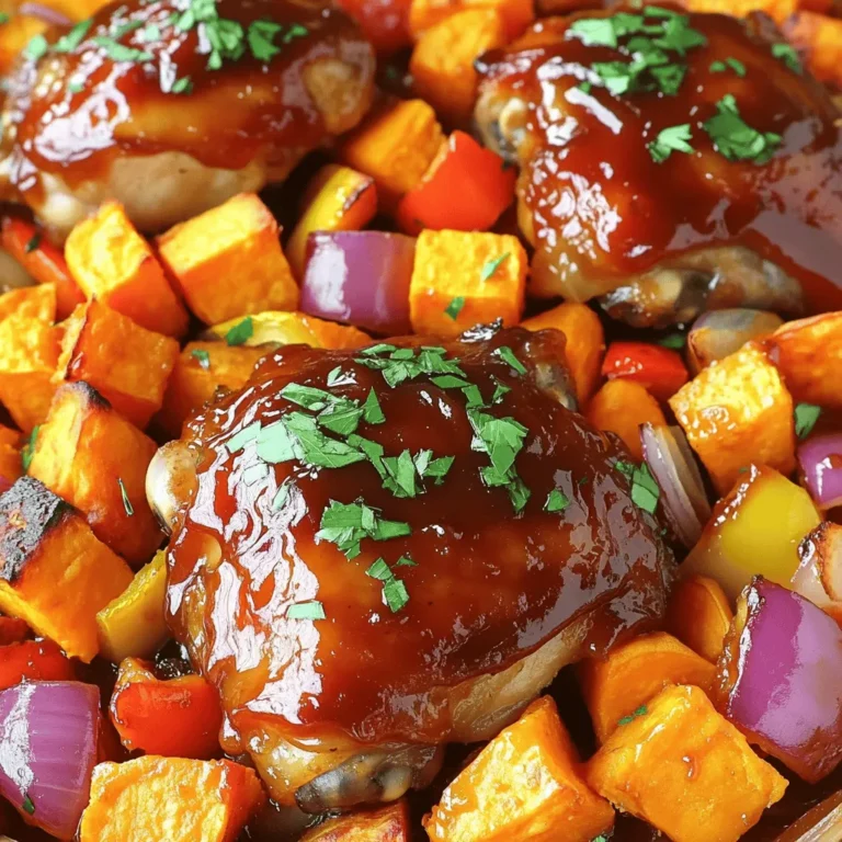 To create a delicious sheet pan BBQ chicken with sweet potatoes, you need a few key ingredients. Here’s what you’ll need: - 4 bone-in, skin-on chicken thighs - 2 large sweet potatoes, peeled and cubed - 1 red bell pepper, diced - 1 yellow bell pepper, diced - 1 red onion, sliced - 1 cup BBQ sauce (homemade or store-bought) - 2 tablespoons olive oil - 2 teaspoons smoked paprika - 1 teaspoon garlic powder - 1 teaspoon onion powder - Salt and pepper to taste - Fresh parsley for garnish Each ingredient plays a role in making this dish pop with flavor. The chicken thighs give you juicy meat with crispy skin. Sweet potatoes provide a sweet contrast to the savory BBQ sauce. Bell peppers and onions add color and crunch. The BBQ sauce can be your favorite brand or a homemade mix. Olive oil helps to coat the veggies, making them tender and tasty. The seasonings like smoked paprika, garlic powder, and onion powder enhance the overall flavor. Don’t forget the fresh parsley! It adds a nice touch when you serve the dish. Collect all these ingredients, and you are ready to start cooking! Start by preheating your oven to 400°F (200°C). This step helps cook everything evenly and quickly. Take a large bowl and add the cubed sweet potatoes, diced red and yellow bell peppers, and sliced red onion. Drizzle 2 tablespoons of olive oil over the veggies. Season them with 2 teaspoons of smoked paprika, 1 teaspoon of garlic powder, 1 teaspoon of onion powder, and some salt and pepper. Toss the mix well so all the veggies are coated with the oil and spices. Next, grab your chicken thighs. Pat them dry with paper towels. This helps the skin crisp up. Season them with salt and pepper. Drizzle a little olive oil on top, then brush each thigh with BBQ sauce. Make sure each piece is covered well for that rich flavor. Line a large baking sheet with parchment paper for easy cleanup. Spread the seasoned sweet potatoes and peppers evenly on the sheet. Then, place the BBQ-coated chicken thighs on top of the veggies. This way, the chicken juices will soak into the vegetables while cooking. Put the sheet pan in the oven and bake for about 35-40 minutes. Use a meat thermometer to check that the chicken reaches 165°F (75°C). Stir the veggies halfway through to ensure they cook evenly and do not stick. In the last 5 minutes of baking, brush more BBQ sauce over the chicken. This adds a stickier, tastier glaze. Once done, take the pan out of the oven, garnish with chopped fresh parsley, and serve hot. Enjoy your flavorful meal! To cook chicken thighs just right, start by drying them with paper towels. This step helps the skin crisp up nicely. Season them well with salt, pepper, and olive oil. Brush on BBQ sauce generously to add flavor. Bake the chicken on top of the sweet potatoes and peppers. This allows the juices to drip down, keeping everything moist. Use a meat thermometer to check the chicken's temperature. It should reach 165°F (75°C). If you want even more flavor, glaze with extra BBQ sauce in the last few minutes of baking. For fluffy sweet potatoes, cut them into even-sized cubes. This ensures they cook at the same rate. Toss them in olive oil and seasonings for added taste. The key is to bake them until they are tender, about 35-40 minutes. Stir the vegetables halfway through cooking. This helps them brown evenly and prevents sticking. If you want a creamier texture, you can mash them slightly before serving. You can use any BBQ sauce you like! Store-bought sauces are quick and tasty. I often use a smoky or sweet BBQ sauce for this dish. If you prefer homemade, mix ketchup, brown sugar, vinegar, and spices for a simple version. For a spicy kick, add some hot sauce or chipotle. Always taste the sauce before using it to make sure it fits your flavor. {{image_2}} You can mix up the veggies in this dish. Try using carrots, zucchini, or broccoli. Each veggie adds its own taste and crunch. You can even add corn for some sweetness. Just remember to cut them into even pieces. This helps them cook well with the chicken. If you want to change the protein, chicken is not the only choice. You can use bone-in chicken breasts or even pork chops. For a lighter option, try using turkey thighs. If you prefer plant-based proteins, use firm tofu. Just make sure tofu is well-pressed and seasoned. The BBQ sauce you use can change the whole dish. You might like a sweet sauce with honey or maple syrup. If you prefer heat, try a spicy BBQ sauce with chipotle or jalapeños. For a unique twist, use teriyaki sauce or even a tangy mustard sauce. Feel free to mix and match flavors to find your perfect bite. Let the food cool down first. Place the chicken and sweet potatoes in an airtight container. This keeps them fresh for later. Store them in the fridge for up to three days. If you want them to last longer, consider freezing them. For the best taste, reheat in the oven. Set your oven to 350°F (175°C). Place the leftovers on a baking sheet. Cover them with foil to keep moisture in. Heat for about 20-25 minutes, or until warm. You can also use a microwave, but the oven keeps the chicken crispy. If you make a big batch, freezing is a great option. Place the cooled chicken and sweet potatoes in a freezer-safe bag. Squeeze out the air before sealing. These can last for up to three months in the freezer. When you want to eat them, thaw in the fridge overnight before reheating. Yes, you can use boneless chicken thighs. They will cook faster than bone-in thighs. Adjust your baking time to about 25-30 minutes. Check the chicken's temperature; it needs to reach 165°F (75°C). Boneless thighs offer great flavor and tenderness. Many sides work well with BBQ chicken and sweet potatoes. Here are some ideas: - Coleslaw adds crunch and freshness. - Corn on the cob is a classic choice. - A simple green salad can lighten the meal. - Grilled vegetables bring out smoky flavors. These sides can make your meal more filling and balanced. Yes, you can prepare this dish in advance. You can chop the veggies and season the chicken a day ahead. Store them in the fridge until you're ready to cook. This will save time and keep the flavors fresh. Just remember to bake it when you're ready to enjoy! This blog post covered how to make a tasty sheet pan meal with chicken and veggies. We discussed key ingredients, step-by-step instructions, and helpful tips. You learned how to ensure your chicken is cooked just right and how to store leftovers. With these ideas, you can easily change up ingredients and flavors. Enjoy the cooking journey and make this meal a family favorite!