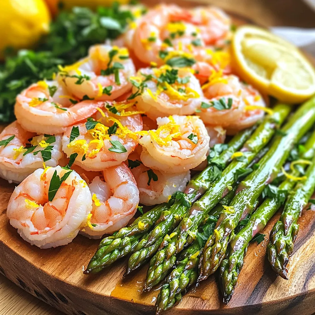 - 1 lb large shrimp, peeled and deveined - 1 bunch asparagus, trimmed and cut into 2-inch pieces Large shrimp make this dish shine. They are tasty and cook quickly. Asparagus adds a crisp texture and bright color. Both ingredients pair well together. - 4 cloves garlic, minced - 2 tablespoons olive oil - Juice and zest of 1 lemon Garlic brings a rich aroma and depth to the dish. Olive oil adds smoothness and helps the flavors mix. The lemon juice and zest give a fresh, zesty kick that brightens the shrimp and asparagus. - 1 teaspoon paprika - 1 teaspoon dried oregano - Salt and pepper to taste Paprika adds a warm, smoky taste. Dried oregano brings an earthy note that balances the dish. Salt and pepper enhance all the flavors, making each bite delicious. Using these ingredients, you create a flavorful meal that is quick and easy. Each component works together to make this dish a crowd-pleaser. Enjoy the blend of flavors as they come together in your oven! Preheating the oven Start by preheating your oven to 400°F (200°C). This step warms the oven and helps cook the shrimp and asparagus evenly. Preparing shrimp and asparagus Next, take 1 pound of large shrimp, peeled and deveined. Add them to a large bowl. Grab 1 bunch of asparagus, trimmed and cut into 2-inch pieces. Toss the asparagus into the bowl. This mix will be the base of our dish. Combining shrimp and seasoning Now, add 4 cloves of minced garlic, 2 tablespoons of olive oil, and the juice and zest of 1 lemon to the shrimp and asparagus. Sprinkle in 1 teaspoon of paprika, 1 teaspoon of dried oregano, and salt and pepper to taste. Mix everything well until each piece is coated. This step adds flavor and makes the dish shine. Spreading on the sheet pan Take a large sheet pan and spread the shrimp and asparagus mixture evenly in a single layer. This helps them cook nicely without steaming. Baking time and doneness Place the sheet pan in the oven. Bake for about 10 to 12 minutes. The shrimp should turn pink and opaque, while the asparagus becomes tender-crisp. Keep an eye on them to avoid overcooking. After baking, let the dish rest for a few minutes. Adjust the seasoning if needed before serving. Adjusting seasoning levels can make a big difference. Taste the mix before baking. If it needs more flavor, add salt, pepper, or lemon juice. You want the shrimp to pop with flavor. To ensure shrimp cook properly, keep an eye on the time. Bake for 10-12 minutes. Look for shrimp to turn pink and opaque. If they are overcooked, they will be tough and rubbery. Garnishing your dish adds a nice touch. Use freshly chopped parsley for color and flavor. Lemon slices also brighten your plate. Place them around the shrimp and asparagus. This makes your dish look fresh and inviting. Pair this dish with light sides. A simple green salad works well. You can also serve it with rice or quinoa for extra texture. For drinks, try white wine or sparkling water with lemon. These choices balance the meal and keep it light. {{image_2}} You can change up the veggies in this dish. Try broccoli or bell peppers instead of asparagus. Both add nice colors and flavors. You can also use green beans for a crunchy bite. If you want more heat, add red pepper flakes or cayenne pepper. If you need gluten-free options, this recipe is already safe. Just check your spices to ensure they’re gluten-free. For a keto-friendly meal, use fewer vegetables and add more shrimp. You can also add avocado for healthy fats and creaminess. You can make this dish on the stove if you prefer. Just heat a large skillet over medium heat and cook the shrimp and veggies until done. Stir often to cook evenly. If you like grilling, try skewering shrimp and asparagus. Grill them for a smoky flavor and char. To store leftovers, first cool the dish to room temperature. Then, place the shrimp and asparagus in an airtight container. You can keep them in the fridge for up to three days. If you want to freeze them, make sure to use a freezer-safe bag. Squeeze out as much air as possible before sealing. This way, they can last for up to two months in the freezer. When it’s time to eat your leftovers, reheating is easy. The best method is to use the oven. Preheat it to 350°F (175°C). Spread the shrimp and asparagus on a baking sheet. Bake for about 8-10 minutes until they are hot. You can also use a microwave. Just place the food on a microwave-safe plate and heat in short bursts. Stir in between until warmed through. In the fridge, your shrimp and asparagus should last about three days. If you freeze them, they will stay good for up to two months. It’s best to label the container with the date. This helps keep track of how long it has been stored. Always check for any off smells or changes in color before eating. Can I use frozen shrimp? Yes, you can use frozen shrimp. Just make sure to thaw them first. Thawing helps them cook evenly. To thaw, place shrimp in cold water for about 15-20 minutes. Pat them dry before cooking. How do I know when shrimp are cooked? Shrimp cook fast. They turn pink and opaque when done. Check them after about 10 minutes of baking. If they curl into a C shape, they’re ready to eat! What should I look for when buying shrimp? When buying shrimp, look for clear shells and a fresh smell. Avoid shrimp that smell fishy or have dark spots. If possible, buy shrimp that is wild-caught. Always check the size; larger shrimp offer more meat. Can I make this dish with other seafood? Yes! You can use other seafood like scallops or fish. Just adjust the cooking time. For example, fish fillets may cook faster than shrimp. Keep an eye on them to avoid overcooking. This dish features large shrimp and fresh asparagus, enhanced by garlic, olive oil, and lemon. I shared simple steps for preparation, mixing, and baking to get perfect results. Tips on seasoning adjustments and presentation help you elevate your meal. You can swap ingredients or try different cooking methods for variety. Proper storage and reheating ensure leftovers stay fresh. Now, you have all the tools to impress at your next dinner. Enjoy cooking and tasting this delightful dish!