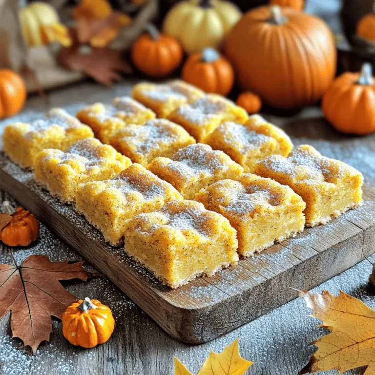 - 1 cup unsalted butter, softened - 1 cup brown sugar, packed - 1/2 cup granulated sugar - 1 cup pumpkin puree (not pumpkin pie filling) - 2 large eggs - 2 teaspoons vanilla extract - 3 1/2 cups all-purpose flour - 1 tablespoon baking powder - 1/2 teaspoon baking soda - 1 teaspoon salt - 2 tablespoons ground cinnamon - 1 teaspoon ground nutmeg - 1/2 teaspoon ground ginger - 1/2 cup granulated sugar (for rolling) - 2 tablespoons ground cinnamon (for rolling) These ingredients come together to create the soft, chewy texture of pumpkin snickerdoodle cookie bars. Here’s a breakdown of why each ingredient matters: - Unsalted butter: Softened butter helps create a rich flavor and soft texture. It is key for creaming with sugars. - Brown sugar and granulated sugar: This mix gives the bars a sweet depth and slight chewiness. - Pumpkin puree: This adds moisture and a lovely pumpkin flavor. Use pure pumpkin puree, not pie filling. - Eggs: They bind the ingredients and help the bars rise. - Vanilla extract: This brings warmth and enhances the overall flavor. - All-purpose flour: The base of the recipe, flour gives structure to the bars. - Baking powder and baking soda: These leavening agents help the bars rise and stay soft. - Salt: A must to balance the sweetness. - Ground spices: Cinnamon, nutmeg, and ginger provide that signature snickerdoodle taste. For rolling, the sugar and cinnamon mix adds a sweet and spicy topping, making these bars irresistible. - Preheat your oven to 350°F (175°C). - Grease or line a 9x13-inch baking pan with parchment paper. - In a large bowl, cream together 1 cup of softened butter, 1 cup of brown sugar, and 1/2 cup of granulated sugar until light and fluffy. This step adds air and makes your bars soft. - Next, add 1 cup of pumpkin puree, 2 large eggs, and 2 teaspoons of vanilla extract. Mix until smooth. The pumpkin gives flavor and moisture. - In another bowl, whisk together 3 1/2 cups of all-purpose flour, 1 tablespoon of baking powder, 1/2 teaspoon of baking soda, 1 teaspoon of salt, and your spices: 2 tablespoons of cinnamon, 1 teaspoon of nutmeg, and 1/2 teaspoon of ginger. - Gradually mix the dry ingredients into the wet mixture. Do this slowly to avoid lumps. Mix just until combined. - Spread the batter evenly in your prepared baking pan. Make sure it’s flat for even baking. - In a small bowl, mix 1/2 cup of granulated sugar with 2 tablespoons of cinnamon. Sprinkle this over the batter for a sweet topping. - Bake in the preheated oven for 25-30 minutes. Check doneness by inserting a toothpick. It should come out clean when done. To get that fluffy texture, start by creaming the butter and sugars well. Use a large bowl and a hand mixer or stand mixer. Mix until it looks light and airy. This step is key! Using pure pumpkin puree is also very important. It adds moisture and flavor. Avoid pumpkin pie filling; it has extra spices and sugar that can change the taste. Stick with pure pumpkin for the best results. Want to take your bars up a notch? Try adding chocolate chips or nuts. They add great texture and flavor. You can use semi-sweet chocolate or even butterscotch chips for a twist. Using fresh spices makes a big difference too. Ground spices lose flavor over time. Buy whole spices and grind them for the best taste. Fresh cinnamon, nutmeg, and ginger can transform your cookie bars. Garnishing makes your bars look great. Dust them with powdered sugar right before serving. It gives a lovely finish. You can also place mini pumpkins or colorful fall leaves around them. This adds to the autumn vibe and makes your dessert pop. Serve your cookie bars on a rustic wooden board. This not only looks nice but also feels cozy. Pair them with warm drinks like apple cider or coffee for a perfect fall treat. {{image_2}} To make these cookie bars gluten-free, swap the all-purpose flour with a gluten-free blend. Look for a blend that includes xanthan gum. This will help give the bars a nice texture. You can also use almond flour or coconut flour, but be aware these may change the taste and texture. Want to add a twist? Try mixing in white chocolate chips or adding caramel swirls. Both options will give your cookie bars a sweet surprise. For a seasonal touch, consider folding in dried cranberries or chopped pecans. These will add color and a nice crunch. If you want a vegan version, you can replace the eggs. Use flaxseed meal mixed with water or unsweetened applesauce. For the butter, try coconut oil or a dairy-free spread. Make sure to use a plant-based milk for the perfect texture. These changes will keep your bars tasty and moist. To keep your pumpkin snickerdoodle cookie bars fresh, store them properly. If you want to keep them at room temperature, place them in an airtight container. This way, they stay soft and tasty for up to three days. Make sure the container is sealed tight to avoid air exposure. For longer storage, refrigerate the cookie bars. Just wrap each bar in plastic wrap before placing them in a container. This protects them from drying out. They can last up to a week in the fridge. Freezing these cookie bars is simple. First, let them cool completely. Then, slice the bars into squares. Wrap each square in plastic wrap tightly. After that, place all the wrapped bars in a freezer-safe bag. You can freeze them for up to three months. When you want to enjoy a bar, take it out of the freezer. Unwrap it and place it in the fridge overnight to thaw. If you are in a hurry, you can also thaw it at room temperature for about an hour. This way, your bars taste just as good as fresh! No, you should not use pumpkin pie filling. Pumpkin pie filling has added sugar and spices. It makes the bars too sweet and alters the taste. Always choose pure pumpkin puree for a rich flavor. If you can't find pumpkin puree, you can make your own. Cook fresh pumpkin, blend it, and strain to remove excess water. This gives you the best results for your cookie bars. Check for a few signs to know when they are ready. First, look for a golden-brown top. Second, insert a toothpick in the center. If it comes out clean or with a few crumbs, they are done. If it has wet batter on it, keep baking for a few more minutes. Typically, they will take about 25-30 minutes in the oven. Let them cool in the pan before cutting. These cookie bars pair well with many treats. Try serving them with warm apple cider or a pumpkin spice latte. You can also add a scoop of vanilla ice cream on top. For a fun twist, serve with whipped cream and a sprinkle of cinnamon. These options enhance the cozy flavors of fall and make your dessert table even more inviting. These pumpkin snickerdoodle cookie bars are tasty and fun to make. We covered the ingredients needed, from the creamy butter and pumpkin puree to tasty spices. I walked you through every step, ensuring you achieve the right texture. With tips for flavor and presentation, your bars will impress. You can even try variations like gluten-free or vegan options. Remember, storing them well keeps them fresh longer. Enjoy baking and sharing your cookie bars with loved ones this season!