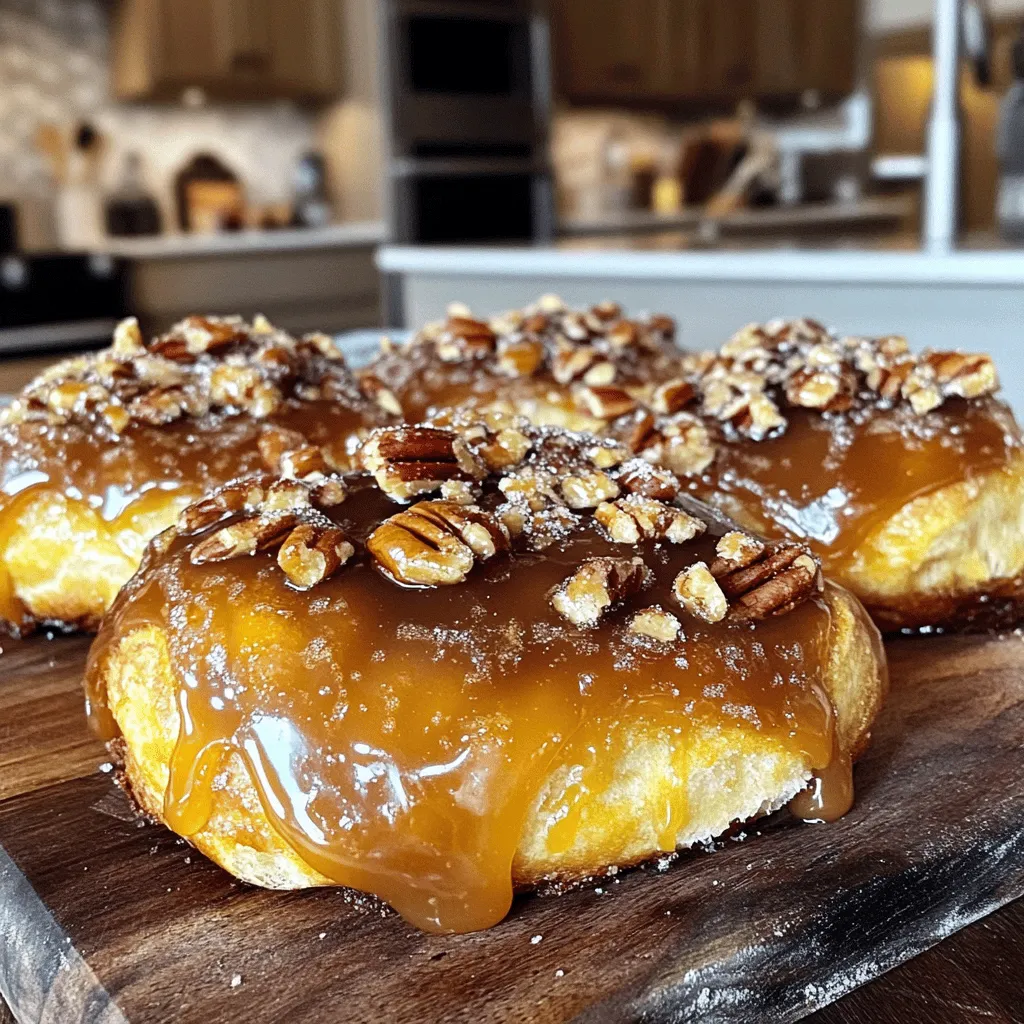 - 2 cups warm milk (110°F) - 1/2 cup granulated sugar - 2 packets (4.5 teaspoons) active dry yeast - 1/2 cup unsalted butter, melted - 4 large eggs - 5-6 cups all-purpose flour - 1 teaspoon salt - 1 cup pecans, chopped - 1 cup brown sugar, packed - 1/2 cup light corn syrup - 1/4 cup unsalted butter (for caramel) - 1 teaspoon vanilla extract - 1 teaspoon ground cinnamon - 1/4 teaspoon nutmeg (optional) Each ingredient serves a unique role. You can swap some items but keep the basics. For milk, use almond or oat milk if needed. Instead of butter, try coconut oil for a dairy-free option. For eggs, use flaxseed meal mixed with water as a vegan substitute. If you want fewer nuts, leave out the pecans or use walnuts. - Warm Milk: Activates the yeast for good rise. - Granulated Sugar: Feeds the yeast, helping the dough rise. - Active Dry Yeast: Gives the dough its fluffy texture. - Unsalted Butter: Adds richness and flavor to both dough and caramel. - Eggs: Contribute to the dough's structure and moisture. - All-Purpose Flour: Forms the base of the dough. - Salt: Balances sweetness and enhances flavors. - Pecans: Add crunch and a nutty taste. - Brown Sugar: Creates a rich, deep sweetness for the caramel. - Light Corn Syrup: Prevents crystallization in the caramel. - Vanilla Extract: Adds warmth and depth to the taste. - Ground Cinnamon: Provides warmth and a cozy flavor. - Nutmeg: Offers a hint of spice (optional but nice). Each ingredient plays a key role in making caramel pecan sticky buns a tasty treat! To start, combine 2 cups of warm milk, 1/2 cup of granulated sugar, and 2 packets of active dry yeast in a large bowl. Stir gently. Let it sit for 5 to 10 minutes. You want it to get frothy. This step wakes up the yeast and helps the dough rise. Next, melt 1/2 cup of unsalted butter and add it to the yeast mix. Crack in 4 large eggs. Gradually mix in 5 cups of all-purpose flour and 1 teaspoon of salt. Use your hands or a spatula to combine everything into a dough. Knead the dough on a floured surface for about 5 to 7 minutes. It should feel smooth and elastic. Add more flour if it’s sticky. Now, place the dough in a greased bowl. Cover it with a damp cloth. Set it in a warm spot and let it rise for about 1 hour. It should double in size. This is key for light and fluffy buns. In a small saucepan, mix 1 cup of packed brown sugar, 1/2 cup of light corn syrup, and 1/4 cup of unsalted butter. Add 1 teaspoon of vanilla extract. Cook this over medium heat until it boils. Stir often for about 2 to 3 minutes. Remove from heat and mix in 1 cup of chopped pecans. This sauce will give your buns that sticky goodness. After the dough has risen, punch it down gently. Roll it out on a floured surface into a rectangle, about 1/2 inch thick. Brush the dough with melted butter. Sprinkle on brown sugar, 1 teaspoon of ground cinnamon, and optional nutmeg. Roll the dough tightly into a log. Cut the log into 12 equal pieces. Place these pieces cut-side down over the caramel in your greased baking pan. Cover them and let the pieces rise again for about 30 minutes. They will puff up nicely during this time. Preheat your oven to 350°F (175°C). Bake the buns for 25 to 30 minutes. You want them golden brown on top. Keep an eye on them to avoid overbaking. Once baked, let the buns cool in the pan for about 5 minutes. Carefully invert the pan onto a serving platter. This lets the caramel drizzle over the buns. Serve them warm for the best gooey experience. Enjoy every bite of this sweet delight! To get the best dough, the warmth of the milk matters. Use warm milk around 110°F to help the yeast activate. When mixing the dough, start with 5 cups of flour. You can add more flour if the dough is too sticky. Knead the dough for about 5-7 minutes until it feels smooth and elastic. This gives the buns a soft and fluffy texture. You can enhance flavor with a few simple tweaks. Try adding a pinch of nutmeg for warmth. A splash of vanilla extract in the dough brings a lovely aroma. For a twist, you can mix in chocolate chips or dried fruit to the filling. These additions create layers of taste that make each bite special. Watch out for over-kneading the dough. This can make the buns tough. Also, don’t skip the rising times. If the dough doesn’t rise enough, the buns will be dense. Lastly, ensure your oven is preheated. If it's not hot enough, the buns won’t bake evenly and may end up soggy. {{image_2}} If you want to skip the nuts, you can make nut-free sticky buns. Simply leave out the pecans in the recipe. You can replace the pecans with seeds such as sunflower or pumpkin seeds for a crunch. Another option is to add raisins or dried cranberries for some sweetness. You can easily add flavors to your sticky buns. For a hint of citrus, add the zest of an orange or lemon to the dough. To make chocolate sticky buns, sprinkle mini chocolate chips between the dough layers before rolling. You can also experiment with spices like cardamom or ginger to change the flavor profile. For a healthier twist, you can use whole wheat flour instead of all-purpose flour. This adds fiber and nutrients. You can also reduce the sugar by half. Try substituting honey or maple syrup for some of the brown sugar. For a dairy-free option, use almond milk instead of regular milk and coconut oil instead of butter. To keep your caramel pecan sticky buns fresh, let them cool completely. Place them in an airtight container. You can store them at room temperature for up to three days. If you want to keep them longer, refrigerate them for up to a week. Make sure to wrap them well to prevent drying. When you're ready to enjoy the leftovers, preheat your oven to 350°F (175°C). Place the buns on a baking sheet. Cover them with foil to keep them soft. Heat for about 10-15 minutes, just until warm. You can also use a microwave. Heat each bun for about 20-30 seconds. This method is quick but can make them a bit chewy. If you want to save some buns for later, freezing is a great choice. Wrap each bun tightly in plastic wrap. Then, place them in a freezer bag or container. They can last in the freezer for up to three months. When you're ready to eat them, thaw them in the fridge overnight. Then reheat them as mentioned above. This keeps their soft and sweet delight! Yes, you can. Make the dough and let it rise. After the first rise, punch it down and cover it well. Place it in the fridge for up to 24 hours. When ready, take it out. Let it warm up for about 30 minutes before rolling it out. If you want to switch nuts, walnuts or almonds work well. You can also skip nuts if you prefer. The sticky buns will still taste great without them. Just adjust the caramel sauce to keep the flavor. Look for a golden brown color. The buns should feel soft but spring back when touched. You can also use a toothpick to check. Insert it in the center of a bun. If it comes out clean, they're done. Yes, you can. Use the same amount of instant yeast. There’s no need to activate it. Just mix it with the dry ingredients. This can save time and make the process easier. We covered the key ingredients for sticky buns and their importance. You learned step-by-step instructions, tips, and best practices for success. Variations make the recipe your own, while storage tips help preserve your treats. Remember, avoiding common mistakes is vital. Keep experimenting with flavors and textures to find what you love most. Enjoy your baking journey and share your sticky buns with friends and family!