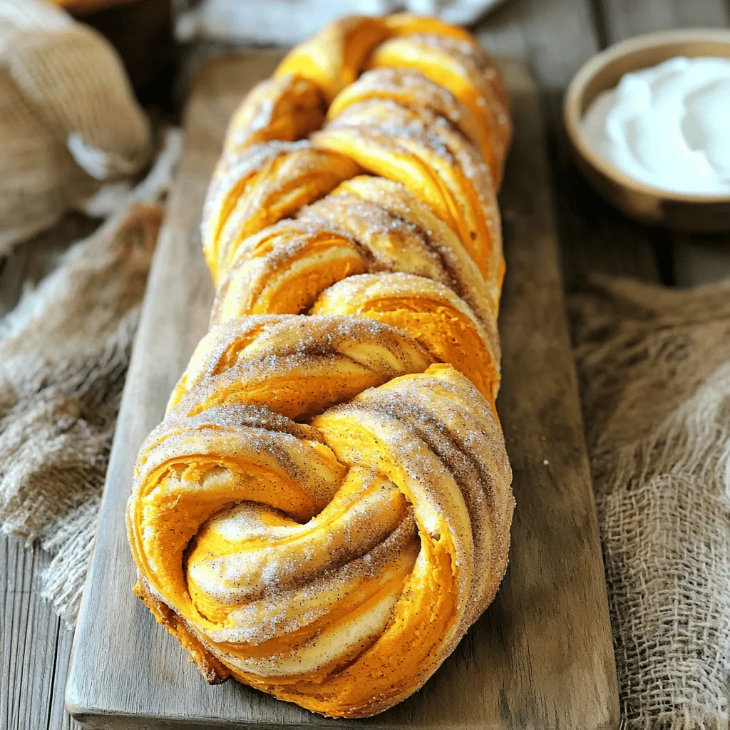 To make this tasty cinnamon sugar pumpkin twist bread, gather the following main ingredients: - 2 cups all-purpose flour - 1 tablespoon active dry yeast - 1/4 cup warm milk (about 110°F) - 1/4 cup granulated sugar - 1/2 teaspoon salt - 1/2 teaspoon ground cinnamon - 1/2 teaspoon nutmeg - 1/2 cup pumpkin puree - 1/4 cup unsalted butter, melted - 1 large egg These ingredients form the base of the bread. Each one plays a key role. The flour gives it structure, while the yeast helps it rise. The pumpkin puree gives moisture and flavor. For an extra touch of flavor, consider these optional ingredients: - 1/4 cup brown sugar - 1 tablespoon ground cinnamon (for filling) - 1 tablespoon granulated sugar (for filling) - 1 egg wash (1 egg beaten with 1 tablespoon water) Using brown sugar adds a deeper sweetness. The egg wash gives the bread a shiny finish that looks great. If you want to make changes, here are some ideas: - Flour: You can use whole wheat flour for a healthier option. - Milk: Almond or oat milk works well if you need a dairy-free option. - Pumpkin: Fresh roasted pumpkin can be used instead of puree. - Sweeteners: Swap granulated sugar with honey or maple syrup for a different taste. These substitutions keep the spirit of the bread while adding your personal touch. To start, mix warm milk and yeast in a small bowl. Let it sit for five minutes until it gets frothy. In a large bowl, whisk together the flour, sugar, salt, cinnamon, and nutmeg. Next, add the pumpkin puree, melted butter, egg, and yeast mixture to the dry mix. Combine these ingredients until a dough forms. Knead the dough on a floured surface for five to seven minutes. You want it to be smooth and elastic. Place the dough in a greased bowl, cover it with a kitchen towel, and let it rise in a warm spot for about an hour. It should double in size. Once the dough has risen, punch it down gently. Roll it out into a rectangle that is about one-fourth inch thick. In a small bowl, mix brown sugar, ground cinnamon, and granulated sugar. Sprinkle this sweet mix evenly over the rolled dough. Roll the dough tightly from the longer side to form a log. Slice the log down the middle lengthwise to expose the filling. Twist the two sections together to create a spiral. Shape it into a braid or a curl and place it in a greased loaf pan. Cover the loaf with a towel and let it rise again for 30 minutes while you preheat the oven to 350°F. After the second rise, brush the top of the loaf with the egg wash to give it a nice shine. Bake in the preheated oven for 25 to 30 minutes. The bread should turn golden brown and be fully cooked. Allow it to cool slightly in the pan before moving it to a wire rack. Let it cool completely before slicing. Enjoy this warm, sweet delight with a sprinkle of extra cinnamon sugar or a side of cream cheese frosting. To get the best rise, you must start with warm milk. The milk should be about 110°F. This warmth wakes up the yeast. If the milk is too hot, it can kill the yeast. If it is too cold, the yeast will not work well. After mixing the yeast with milk, let it sit for five minutes. You should see bubbles forming. This means the yeast is active. Place your dough in a warm spot for rising. I often use my oven without heat. Just turn on the light. Cover the dough with a towel. This keeps it warm and helps it rise. Let it rise until it doubles in size. This usually takes about one hour. When mixing, start with dry ingredients first. Use a large bowl to whisk flour, sugar, salt, and spices. Then, add the wet ingredients like pumpkin and melted butter. Mix until the dough forms. For kneading, use a floured surface. Knead the dough for about 5-7 minutes. Make sure it feels smooth and elastic. This helps develop gluten, which gives the bread its structure. If the dough sticks, sprinkle a little more flour. This bread tastes best warm. Slice it while it is still warm for the best experience. You can sprinkle more cinnamon sugar on top for extra flavor. I love to serve it with a small bowl of cream cheese frosting or butter. This makes every bite so rich! You can also pair it with a warm drink, like cider or coffee. Sharing this bread with friends makes it even better! {{image_2}} You can make your Cinnamon Sugar Pumpkin Twist Bread even better. Adding nuts or chocolate chips gives it a fun twist. Try chopped walnuts or pecans for a crunchy bite. If you love chocolate, add semi-sweet chocolate chips. Mix these extras into the dough before rolling it out. This makes the bread rich and tasty. Spices can change the whole taste of your bread. You can add ginger or cloves for a warm flavor. Just a pinch of allspice makes it special too. Play around with the spice amounts to find what you like best. Each time you make it, you can try a new flavor! If you need a gluten-free option, it’s easy to adapt. Use a gluten-free flour blend instead of regular flour. Make sure it has xanthan gum for better texture. You can also use almond flour for a nutty taste. Just follow the same steps in the recipe. Your bread will still taste great and be safe for everyone to enjoy. Store leftover Cinnamon Sugar Pumpkin Twist Bread in an airtight container. You can keep it at room temperature for up to three days. If you want to keep it longer, place it in the fridge. Just remember, the fridge can make the bread dry out faster. To freeze the bread, wrap it tightly in plastic wrap. Then, place it in a freezer bag. This helps keep out air and moisture. You can freeze it for up to three months. When you want to enjoy it, just thaw it in the fridge overnight. To reheat, slice the bread first. You can use a toaster oven or a regular oven. Preheat the oven to 350°F (175°C). Place the slices on a baking sheet. Heat for about 10 minutes until warm. This helps restore the bread's soft texture. Enjoy your warm, tasty treat! Yes, you can use fresh pumpkin. First, cook the pumpkin until soft. Then, mash it until smooth. The texture may differ from puree, but it adds a fresh taste. Make sure to measure out the same amount as the recipe calls for. Fresh pumpkin can give your twist bread a unique flavor. To know if the bread is done, look for a golden-brown top. You can also tap the bottom of the loaf. If it sounds hollow, it is ready. The bread should feel firm but soft to touch. You can also use a toothpick; if it comes out clean, the bread is done. You can serve this bread warm with a sprinkle of cinnamon sugar. A side of cream cheese frosting works great too. You can also pair it with butter for a richer taste. Some people enjoy it with a hot drink like coffee or tea. These sides enhance the flavor and make your meal special. This blog post covered how to make Cinnamon Sugar Pumpkin Twist Bread. We looked at the main and optional ingredients, along with substitutions. I guided you through the steps for preparing, filling, and baking your bread. Tips helped you achieve the perfect rise and suggested serving ideas. We also explored variations, storage, and answered common questions. Enjoy your baking journey! You can make this bread your own with fun twists.