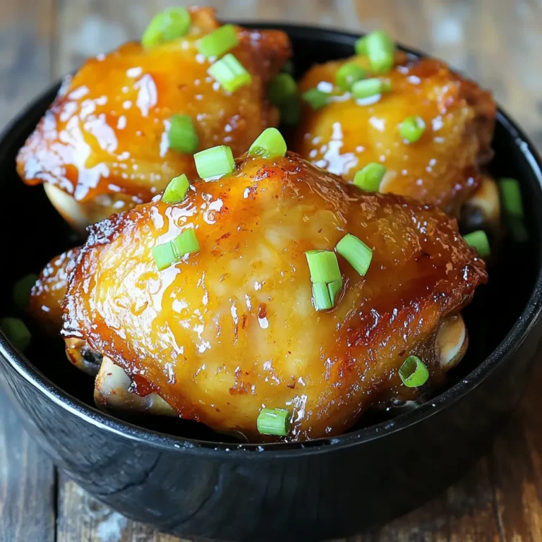 - 4 bone-in, skin-on chicken thighs - 1/3 cup honey - 4 cloves garlic, minced - 2 tablespoons soy sauce (or coconut aminos for a gluten-free option) - 1 tablespoon apple cider vinegar - 1 teaspoon ground ginger - 1 teaspoon black pepper - 1 teaspoon smoked paprika - Salt to taste - Chopped green onions for garnish These ingredients work together to create a sweet and savory glaze. The honey adds a nice sweetness. The garlic gives it a strong flavor. The soy sauce or coconut aminos adds saltiness. Apple cider vinegar brings a bit of tang. Ground ginger adds warmth and spice. Smoked paprika gives a nice smoky touch. - Sesame seeds for garnish - Fresh cilantro for a fresh taste - Red pepper flakes for heat These optional items can add extra flair. Sesame seeds provide a nice crunch. Cilantro gives a fresh note to the dish. Red pepper flakes can spice things up a bit. - Use boneless, skinless chicken thighs for a leaner option. - Maple syrup can replace honey if you need a vegan choice. - Use tamari instead of soy sauce for a gluten-free option. These substitutions keep the dish tasty while meeting different needs. Adjusting the ingredients can help you fit dietary restrictions or preferences. To start, gather your ingredients. In a medium bowl, mix together: - 1/3 cup honey - 4 cloves garlic, minced - 2 tablespoons soy sauce (or coconut aminos) - 1 tablespoon apple cider vinegar - 1 teaspoon ground ginger - 1 teaspoon black pepper - 1 teaspoon smoked paprika Whisk these together until smooth. This mix will give the chicken its sweet and savory flavor. Next, get your chicken thighs ready. Pat them dry with paper towels. This step helps the skin get crispy. Season both sides with a little salt. Then, place the chicken in a resealable bag or shallow dish. Pour the marinade over the chicken. Seal the bag or cover the dish. Let it sit in the fridge for at least 30 minutes. If you have time, let it marinate for up to 2 hours. This will help the flavors soak in. Now, preheat your air fryer to 380°F (193°C). This usually takes about 5 minutes. Once it's hot, take the chicken out of the marinade. Let the extra marinade drip off before placing the thighs in the air fryer basket, skin side up. Reserve some marinade for later. Cook the thighs for 25-30 minutes. Flip them halfway through for even cooking. Check that the internal temperature reaches 165°F (74°C). The skin should be crispy and golden. In the last few minutes, brush some reserved marinade on top for extra glaze. Once done, remove the chicken and let it rest for a few minutes. Garnish with chopped green onions before serving. To get that perfect crispiness, start with dry chicken thighs. Patting them dry helps the skin get crunchy. Preheat your air fryer to 380°F. This step warms it up for even cooking. Place the chicken skin side up in the basket. The skin will crisp up better this way. Optionally, brush a bit of oil on the skin for extra crunch. Cook the chicken for 25 to 30 minutes. Flip them halfway for even cooking. Always check the internal temperature. It should reach 165°F to ensure safety. If you want an extra glaze, brush on some reserved marinade in the last few minutes. This adds flavor and shine to the chicken. Serve your honey garlic chicken thighs with steamed rice or noodles. They pair well with fresh veggies or a simple salad. Add chopped green onions on top for color and flavor. You can also drizzle extra honey for sweetness. This dish is great for meal prep too. Enjoy your delicious creation! {{image_2}} You can easily make this dish gluten-free. Simply swap the soy sauce for coconut aminos. This change keeps the flavor but removes the gluten. Check labels to ensure other ingredients are safe. You can use other proteins for this recipe. Try chicken breast, pork chops, or even tofu. Adjust cooking times as needed. Tofu needs less time, while pork may need more. Each protein will soak up the tasty marinade. Want to mix up the taste? Here are some ideas: - Add chili flakes for heat. - Use fresh herbs like thyme or parsley. - Swap honey for maple syrup for a different sweetness. - Try citrus juice, like lime or orange, for zest. These changes let you personalize the dish. Enjoy creating your flavor masterpiece! You can keep leftovers in the fridge. Place the chicken in an airtight container. Make sure it cools down first. It stays fresh for up to three days. If you want to enjoy it later, store it right away. Freezing is simple and great for meal prep. Wrap the chicken tightly in plastic wrap. Then, place it in a freezer bag. Try to remove as much air as possible. You can store it for up to three months. When you’re ready to eat, just thaw it in the fridge overnight. To reheat, you can use the air fryer again. Set it to 350°F (175°C). Heat the chicken for about 5-7 minutes. This keeps the skin crispy. You can also use the oven. Preheat it to 350°F (175°C) and bake for about 10-15 minutes. Always check the chicken’s temperature. It should reach at least 165°F (74°C) for safe eating. Yes, you can use boneless chicken thighs. They will cook faster than bone-in thighs. Adjust the cooking time to about 20 minutes. Check the temperature to ensure they reach 165°F (74°C). Boneless thighs still soak up the honey garlic flavor well. To check if the chicken is done, use a meat thermometer. Insert it into the thickest part of the thigh without touching the bone. It should read 165°F (74°C). The skin should be crispy and golden brown. If it’s not done, air fry for a few more minutes. Honey garlic chicken thighs pair well with many sides. Try serving them with steamed rice or quinoa. Roasted veggies make a great choice, too. A fresh salad adds a nice crunch. For a twist, serve with mashed potatoes or a stir-fry. In this post, I covered the key ingredients for honey garlic chicken thighs. I showed how to make a tasty marinade and cook the chicken in an air fryer. I also shared tips for crispy results, storage methods, and alternatives. Keep these insights in mind to create a delicious meal. Feel free to mix things up and make it your own. Enjoy cooking and sharing this dish with others!