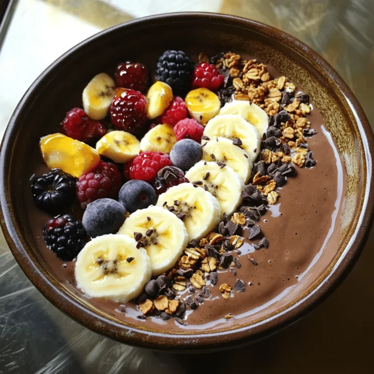 - 1 frozen banana, sliced - 1 cup unsweetened almond milk - 2 tablespoons natural peanut butter - 1 scoop chocolate protein powder - 2 teaspoons cacao powder - 1/2 teaspoon vanilla extract - 1 tablespoon chia seeds These ingredients form the base of your smoothie bowl. The frozen banana adds creaminess and sweetness. The almond milk keeps it light and dairy-free. Natural peanut butter brings in healthy fats and flavor. Chocolate protein powder boosts the protein content, while cacao powder adds rich chocolate taste. Vanilla extract enhances the overall flavor, and chia seeds give it a nice texture. - Sliced bananas - Fresh berries - Granola - Cacao nibs - Honey drizzle Toppings make your bowl fun and tasty. Sliced bananas add extra sweetness. Fresh berries bring color and nutrients. Granola adds crunch. Cacao nibs give a chocolatey bite. Drizzling honey adds a touch of sweetness to finish it off. - High in protein - Contains healthy fats - Rich in fiber This smoothie bowl is a powerhouse of nutrition. The protein from the chocolate protein powder helps with muscle recovery. Healthy fats from peanut butter keep you full and satisfied. Fiber from bananas and chia seeds aids digestion. Together, these ingredients create a balanced meal that tastes great and supports your health. - First, slice the frozen banana. - Next, combine the banana, almond milk, and peanut butter in a blender. - Then, add the chocolate protein powder, cacao powder, vanilla extract, and chia seeds. - Blend the mixture until it is smooth and creamy. - If the smoothie is too thick, add a little more almond milk. - Pour the smoothie into a bowl. - Arrange your favorite toppings on top. - Drizzle honey across the toppings for extra sweetness. To get the right texture, start with the almond milk. If your smoothie is thick, add a little more. A splash can help make it creamy. Blend on high to mix ingredients well. Stop the blender to scrape down the sides. This ensures all the pieces blend smoothly. Spices can make your smoothie even better. Try adding a pinch of cinnamon or nutmeg. These spices add warmth and depth. You can also switch up the nut butter. Almond or cashew butter can give a nice twist. Each choice brings a unique taste to your bowl. Prep time can be cut down by getting ready in advance. Slice your banana and store it in the freezer. Measure your almond milk and protein powder ahead of time. You can even blend your smoothie and store it in the fridge. Just remember to stir it well before serving. {{image_2}} You can change the flavor of your smoothie bowl by using different protein powders. Try vanilla or berry-flavored protein for a twist. You can also add Greek yogurt or cottage cheese for extra creaminess. Both options boost the protein and add a nice texture. If you're vegan, use plant-based protein powder and skip the yogurt. You can also use silken tofu for a creamy base. For nut-free diets, replace peanut butter with sunflower seed butter. This keeps the flavor while making it safe for those with nut allergies. In summer, add fresh fruits like mango, peaches, or strawberries. They bring a burst of flavor and color. In winter, spices like cinnamon or nutmeg can warm up your bowl. These spices add depth and make it feel cozy. To keep your smoothie bowl fresh, store it in the fridge. Use an airtight container for best results. It stays good for up to 24 hours. After that, it may lose its creaminess. If you need to store any toppings, keep them in separate containers. This helps them stay fresh longer. You can freeze the smoothie bowl if you want to save some for later. Pour the smoothie into a freezer-safe container. Leave some space at the top because it will expand. It can last in the freezer for about one month. When you are ready to eat it, thaw it in the fridge overnight. You can also use a microwave for quick thawing. Just be careful not to heat it too much. If you have leftover ingredients, get creative! Use the leftover almond milk in your morning coffee or oatmeal. You can add the remaining peanut butter to toast or a sandwich. If you have extra toppings, sprinkle them on yogurt or cereal. This way, nothing goes to waste, and you enjoy more tasty meals! Yes, you can use fresh bananas. However, frozen bananas give a creamier texture. They also chill the smoothie bowl. If you use fresh bananas, add a few ice cubes to cool it down. To sweeten your smoothie bowl, try adding ripe bananas or medjool dates. Both options add natural sweetness. You can also use a splash of maple syrup for a different flavor. Yes, you can replace peanut butter with sunflower seed butter. This swap keeps the flavors rich without using nuts. Just check for any allergies if you share your bowl. Chia seeds boost fiber and protein in your smoothie. They also add omega-3 fatty acids, which are good for heart health. Plus, they help thicken your smoothie bowl, making it more filling. This blog post covered a tasty smoothie bowl recipe packed with health benefits. We explored the best ingredients and toppings that elevate flavor and nutrition. I shared tips on achieving the perfect texture and gave ideas for variations and storage. Incorporating this smoothie bowl into your diet can energize your day. Experiment with flavors and toppings to find what you love. Enjoy creating a simple, healthy treat that fits your needs.