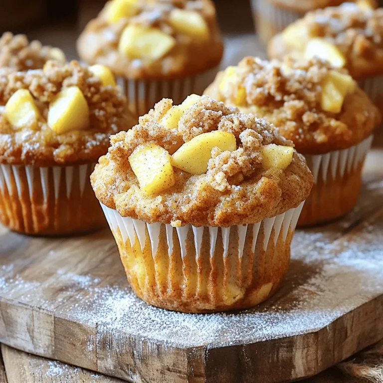 - 1 ½ cups all-purpose flour - ½ cup granulated sugar - ½ teaspoon baking soda - 1 teaspoon baking powder - ½ teaspoon salt - 1 teaspoon ground cinnamon - ½ cup unsalted butter, melted - 2 large eggs - 1 teaspoon vanilla extract - ½ cup buttermilk - 1 ½ cups peeled and diced apples (about 2 medium apples) - ½ cup rolled oats - ¼ cup packed brown sugar - ¼ cup chopped nuts (walnuts or pecans, optional) - Extra cinnamon for sprinkling When I make Apple Streusel Muffins, I love gathering all my ingredients first. This makes the process smooth and fun. The flour is the base of our muffins. It gives them structure. Granulated sugar adds sweetness and helps them rise. Baking soda and baking powder are key to making the muffins fluffy. Salt enhances all the flavors while ground cinnamon gives a warm aroma. Next comes the melted butter. It adds richness and flavor. I always use unsalted butter to control the salt. Two large eggs bind everything together. Vanilla extract adds a lovely flavor that pairs well with apples. Buttermilk makes the muffins moist and soft. The apples are the star of the show! I use about two medium apples, peeled and diced. They add sweetness and a nice texture. Rolled oats give the streusel topping a hearty crunch. Brown sugar adds depth and a hint of caramel flavor. If you like, add chopped nuts for extra texture. I often use walnuts or pecans. Lastly, I sprinkle extra cinnamon on top. This gives a lovely finish and an inviting look. Each ingredient plays a role in making the muffins flavorful and simple. 1. Preheating the Oven and Preparing the Muffin Tin First, preheat your oven to 350°F (175°C). This step is key. It ensures even baking. Line a muffin tin with paper liners or grease it with cooking spray. This helps with easy muffin removal. 2. Mixing Dry and Wet Ingredients In a large mixing bowl, whisk together the dry ingredients. Combine 1 ½ cups of flour, ½ cup of granulated sugar, ½ teaspoon of baking soda, 1 teaspoon of baking powder, ½ teaspoon of salt, and 1 teaspoon of ground cinnamon. Mix well until they blend smoothly. Next, in another bowl, combine ½ cup of melted butter, 2 large eggs, 1 teaspoon of vanilla extract, and ½ cup of buttermilk. Whisk these together until smooth. 3. Combining and Folding in Apples Now, pour the wet ingredients into the dry bowl. Mix gently until just combined. Be careful to avoid over-mixing. It’s okay if a few lumps remain. Then, fold in 1 ½ cups of peeled and diced apples. Ensure the apples are evenly distributed in the batter. 1. Mixing Components for the Streusel In a small bowl, prepare the streusel topping. Mix together ½ cup of rolled oats, ¼ cup of packed brown sugar, and ¼ cup of chopped nuts if you like. Add a sprinkle of cinnamon for extra flavor. 2. Adding Melted Butter for Texture Pour in 1 tablespoon of melted butter to the oat mixture. Mix until it's crumbly. This texture adds a nice crunch to your muffins. 1. Filling Muffin Cups Divide the muffin batter evenly among the prepared muffin cups. Fill each cup about two-thirds full. This allows space for the muffins to rise without overflowing. 2. Baking Time and Ensuring Muffins are Done Bake the muffins for 18-20 minutes. To check if they are done, insert a toothpick into the center. If it comes out clean, your muffins are ready. Let them cool in the pan for about 5 minutes before transferring them to a wire rack. Enjoy the warm smell filling your kitchen! Avoiding Over-Mixing the Batter When making these muffins, mix the batter gently. Over-mixing can make them tough. You want to combine the wet and dry ingredients until they just come together. A few lumps are fine. This will help keep your muffins light and fluffy. Testing Muffins for Doneness To check if your muffins are done, use a toothpick. Insert it into the center of a muffin. If it comes out clean, they are ready! If it has wet batter on it, bake a bit longer. This simple test ensures your muffins are perfectly baked. How to Serve Apple Streusel Muffins Serve these muffins warm for the best taste. You can dust them lightly with powdered sugar. For an extra touch, place them on a rustic wooden board. This makes a lovely presentation. Pairing them with honey or a dollop of whipped cream adds a nice touch. Pairing Suggestions for Enjoyment These muffins go great with coffee or tea. You can also serve them with a side of yogurt. This adds creaminess and balances the sweet flavors. Enjoying them fresh from the oven is the best way to experience their deliciousness! {{image_2}} Using Different Types of Apples You can use many apple types for your muffins. I like using Granny Smith for their tartness. They add a nice balance to the sweet streusel. Honeycrisp apples are also great. They have a crisp texture and a sweet flavor. For a softer bite, Fuji apples work too. You can mix different apples for a fun taste. Gluten-Free Options for the Flour If you need gluten-free muffins, use a gluten-free flour blend. Look for blends that include xanthan gum. This helps with texture and rise. Almond flour and coconut flour are also options. They give a unique taste. Just remember to adjust the liquid in your recipe. This change helps keep your muffins moist. Incorporating Spices or Zests You can spice up your muffins easily. Add nutmeg or ginger for extra warmth. A touch of orange or lemon zest brightens the flavor. Just a teaspoon can make a big difference. Experiment with your favorite spices, and find what you love best. Adding Chocolate or Caramel Swirls For a sweet twist, add chocolate chips or caramel swirls. Chocolate pairs well with apples. You can mix mini chocolate chips into the batter. For caramel, drizzle it on top before baking. This adds a rich flavor and gooey texture. Both options make each bite a delightful surprise. Best Way to Store for Freshness To keep your muffins fresh, place them in an airtight container. This method traps moisture, which helps maintain softness. If you plan to eat them within a few days, store them at room temperature. For longer storage, refrigeration is best. Refrigeration and Freezing Methods You can refrigerate the muffins for up to one week. Wrap each muffin in plastic wrap to prevent them from drying out. If you want to keep them for a longer time, freeze them. Place the wrapped muffins in a freezer bag. They can last up to three months in the freezer. When you're ready to enjoy, simply thaw them overnight in the fridge. How Long They Last Apple streusel muffins stay fresh for about three days at room temperature. In the fridge, they can last up to a week. If frozen, they remain good for about three months. Best Practices for Reheating To reheat, you can use the microwave or the oven. For the microwave, heat for about 15-20 seconds. If you prefer a crisper muffin, use the oven. Preheat it to 350°F (175°C) and warm the muffins for around 5-7 minutes. Enjoy them warm for the best taste! Can I use unsweetened applesauce instead of butter? You can use unsweetened applesauce, but it will change the taste and texture. Applesauce adds moisture but lacks the richness of butter. If you try it, reduce the buttermilk slightly since applesauce is wet. How do I make the muffins more moist? To make the muffins moist, use fresh apples and add a bit more buttermilk. You can also use oil instead of butter. Mixing gently helps keep the muffins light. Can I make the batter ahead of time? Yes, you can make the batter ahead. Just cover it and store it in the fridge for up to 24 hours. Before baking, let it sit at room temperature for about 30 minutes. What to do if muffins are too dense? If your muffins are too dense, you might have over-mixed the batter or added too much flour. Use a light hand when mixing and measure your ingredients carefully. Why did my muffins overflow? Muffins overflow if they are too full or if the batter rises too much. Fill each muffin cup only two-thirds full. If they overflow, try reducing the baking powder slightly. You now know how to make tasty apple streusel muffins. We covered the ingredients, preparation steps, and helpful tips. You learned about variations, storage, and common questions too. Baking muffins should be fun and easy. Don’t be afraid to try new flavors or tweak the recipe. Enjoy sharing your muffins with friends and family. Happy baking!