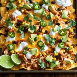 - 2 cups cooked shredded chicken - 1 cup BBQ sauce - 1 bag (12 oz) tortilla chips - 2 cups shredded cheese (cheddar, mozzarella, or a blend) - 1 cup black beans, rinsed and drained - 1 jalapeño, sliced - 1 cup corn (fresh, canned, or frozen) - 1/2 red onion, diced - 1 avocado, diced - Fresh cilantro, for garnish - Sour cream and lime wedges, for serving The main ingredients bring the heart of the dish. I love using cooked, shredded chicken. It’s easy to prepare and mixes well with BBQ sauce. Just toss the chicken in a bowl with the sauce. The tortilla chips serve as a crunchy base. They hold everything together and soak up all the tasty flavors. For toppings, I like to layer on cheese. Cheddar or mozzarella works well. You can even mix them for a flavor boost. Black beans add protein and texture. The jalapeño gives heat, while corn adds sweetness. Diced red onion brings a nice crunch. Don't forget the avocado! It adds creaminess and freshness. Finally, fresh cilantro adds a pop of color and flavor. Sour cream and lime wedges are perfect for serving. They give a nice balance to the dish. Each bite is a burst of flavor and texture that everyone will love! First, I preheat my oven to 400°F (200°C). This step is key for crispy nachos. While the oven heats up, I mix 2 cups of cooked shredded chicken with 1 cup of BBQ sauce in a bowl. I make sure the chicken is well-coated. This mix adds great flavor to the nachos. Next, I layer 1 bag (12 oz) of tortilla chips on a large sheet pan. I spread them out in an even layer. Then, I distribute the BBQ chicken evenly over the chips. After that, I sprinkle black beans, corn, diced red onion, and jalapeño slices over the top. Finally, I generously cover the whole thing with 2 cups of shredded cheese. This will melt beautifully in the oven. I place the sheet pan in the preheated oven and bake for 10-15 minutes. I keep an eye on it to watch the cheese melt and become bubbly. Once it looks perfect, I remove the pan from the oven. I let it cool slightly before serving. This cooling time helps avoid burns. After that, I top the nachos with diced avocado and sprinkle fresh cilantro over them. For serving, I add dollops of sour cream and lime wedges on the side. This adds extra flavor and makes it even more fun to eat. Choosing the right cheese blend is key to great nachos. I love a mix of cheddar and mozzarella. Cheddar adds rich flavor, while mozzarella melts beautifully. You can even try pepper jack for a spicy kick. Even distribution of ingredients makes each bite great. Start by spreading the tortilla chips evenly. Then, add the BBQ chicken across the chips. This way, everyone gets a taste of that sweet and smoky flavor. Next, sprinkle black beans, corn, and jalapeños evenly. Finally, cover it all with cheese. This method ensures you have gooey cheese on every chip. You can adjust the spice level with jalapeños. If you like heat, add more slices. For a milder flavor, skip them or use pickled jalapeños instead. Adding other veggies or proteins can make your nachos unique. Try bell peppers, diced tomatoes, or even spinach for a fresh twist. You can also use pulled pork or beef instead of chicken. This dish is all about making it your own! {{image_2}} You can make a tasty vegetarian version of BBQ chicken nachos. Replace the chicken with plant-based options. Some great choices include shredded jackfruit or store-bought meat alternatives. They mimic the texture of chicken well. You can also use seasoned tofu for protein and flavor. Add your favorite BBQ sauce to keep that rich taste. This way, everyone can enjoy this dish. There are many BBQ sauce options to explore. Each sauce brings a unique twist to your nachos. For a sweet flavor, try a honey BBQ sauce. If you like spicy food, a chipotle BBQ sauce will work well. You can also use a tangy vinegar-based sauce for a different vibe. Feel free to mix sauces for a fun flavor. This keeps the nachos exciting at every party. Incorporating regional ingredients can make your nachos special. For a southwestern twist, add diced green chiles or roasted peppers. If you want a Tex-Mex touch, use spicy salsa or guacamole. In the Midwest, try adding corn and black bean salsa for a hearty flavor. Each region has its own flair that can enhance your dish. Get creative with what you have on hand for unique flavors. To keep your BBQ Chicken Nacho Sheet Pan fresh, store leftovers right away. Place them in an airtight container. Make sure to cool the nachos first. This helps to avoid soggy chips. You can keep them in the fridge for up to three days. If you want to save them longer, consider freezing. Just remember, freezing may change the texture of the chips. When it's time to enjoy your leftovers, you want them to taste great. The best way to reheat nachos is in the oven. Preheat your oven to 350°F (175°C). Spread the nachos on a baking sheet. Heat them for about 10 minutes. This method keeps the chips crispy and the cheese melty. Avoid using the microwave, as it can make the chips chewy. If you must use a microwave, heat in short bursts. This way, you can control the texture better. Yes, you can! While tortilla chips are the classic choice, you can try other options. Pita chips add a nice crunch. You can also use potato chips for a salty twist. If you prefer a healthier option, baked chips work well too. Just make sure your chips can hold the toppings. You want them to stay crispy and not get soggy. If you want to swap out the chicken, consider using black beans or chickpeas. They both add protein and flavor. For meat lovers, pulled pork or beef also make great options. If you want a vegetarian option, try mushrooms. They add a hearty texture and soak up the BBQ sauce well. Just make sure to season them to enhance their taste. Scaling up this recipe is easy! Just double or triple the ingredients based on your needs. Use a bigger sheet pan or two pans for more space. Make sure to adjust cooking time if you add more toppings. Check the cheese for melting. It should be bubbly and golden. This way, everyone at your gathering can enjoy the delicious BBQ Chicken Nacho Sheet Pan! This article detailed a tasty nacho recipe using chicken and BBQ sauce. You learned how to prep, assemble, and bake your dish to perfection. Don’t forget the fun toppings to add flavor and color. You can customize your nachos with veggies or different proteins. Enjoy experimenting with sauces and regional twists too. Remember, nachos are a great shareable snack. They are perfect for parties or cozy nights in. Now, grab your ingredients and start cooking! You will enjoy every bite.