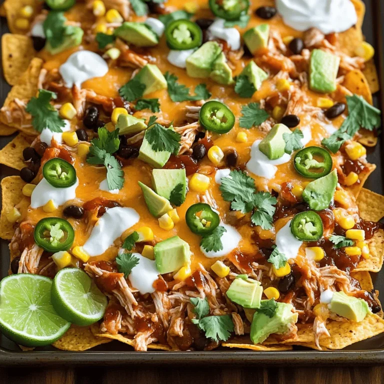 - 2 cups cooked shredded chicken - 1 cup BBQ sauce - 1 bag (12 oz) tortilla chips - 2 cups shredded cheese (cheddar, mozzarella, or a blend) - 1 cup black beans, rinsed and drained - 1 jalapeño, sliced - 1 cup corn (fresh, canned, or frozen) - 1/2 red onion, diced - 1 avocado, diced - Fresh cilantro, for garnish - Sour cream and lime wedges, for serving The main ingredients bring the heart of the dish. I love using cooked, shredded chicken. It’s easy to prepare and mixes well with BBQ sauce. Just toss the chicken in a bowl with the sauce. The tortilla chips serve as a crunchy base. They hold everything together and soak up all the tasty flavors. For toppings, I like to layer on cheese. Cheddar or mozzarella works well. You can even mix them for a flavor boost. Black beans add protein and texture. The jalapeño gives heat, while corn adds sweetness. Diced red onion brings a nice crunch. Don't forget the avocado! It adds creaminess and freshness. Finally, fresh cilantro adds a pop of color and flavor. Sour cream and lime wedges are perfect for serving. They give a nice balance to the dish. Each bite is a burst of flavor and texture that everyone will love! First, I preheat my oven to 400°F (200°C). This step is key for crispy nachos. While the oven heats up, I mix 2 cups of cooked shredded chicken with 1 cup of BBQ sauce in a bowl. I make sure the chicken is well-coated. This mix adds great flavor to the nachos. Next, I layer 1 bag (12 oz) of tortilla chips on a large sheet pan. I spread them out in an even layer. Then, I distribute the BBQ chicken evenly over the chips. After that, I sprinkle black beans, corn, diced red onion, and jalapeño slices over the top. Finally, I generously cover the whole thing with 2 cups of shredded cheese. This will melt beautifully in the oven. I place the sheet pan in the preheated oven and bake for 10-15 minutes. I keep an eye on it to watch the cheese melt and become bubbly. Once it looks perfect, I remove the pan from the oven. I let it cool slightly before serving. This cooling time helps avoid burns. After that, I top the nachos with diced avocado and sprinkle fresh cilantro over them. For serving, I add dollops of sour cream and lime wedges on the side. This adds extra flavor and makes it even more fun to eat. Choosing the right cheese blend is key to great nachos. I love a mix of cheddar and mozzarella. Cheddar adds rich flavor, while mozzarella melts beautifully. You can even try pepper jack for a spicy kick. Even distribution of ingredients makes each bite great. Start by spreading the tortilla chips evenly. Then, add the BBQ chicken across the chips. This way, everyone gets a taste of that sweet and smoky flavor. Next, sprinkle black beans, corn, and jalapeños evenly. Finally, cover it all with cheese. This method ensures you have gooey cheese on every chip. You can adjust the spice level with jalapeños. If you like heat, add more slices. For a milder flavor, skip them or use pickled jalapeños instead. Adding other veggies or proteins can make your nachos unique. Try bell peppers, diced tomatoes, or even spinach for a fresh twist. You can also use pulled pork or beef instead of chicken. This dish is all about making it your own! {{image_2}} You can make a tasty vegetarian version of BBQ chicken nachos. Replace the chicken with plant-based options. Some great choices include shredded jackfruit or store-bought meat alternatives. They mimic the texture of chicken well. You can also use seasoned tofu for protein and flavor. Add your favorite BBQ sauce to keep that rich taste. This way, everyone can enjoy this dish. There are many BBQ sauce options to explore. Each sauce brings a unique twist to your nachos. For a sweet flavor, try a honey BBQ sauce. If you like spicy food, a chipotle BBQ sauce will work well. You can also use a tangy vinegar-based sauce for a different vibe. Feel free to mix sauces for a fun flavor. This keeps the nachos exciting at every party. Incorporating regional ingredients can make your nachos special. For a southwestern twist, add diced green chiles or roasted peppers. If you want a Tex-Mex touch, use spicy salsa or guacamole. In the Midwest, try adding corn and black bean salsa for a hearty flavor. Each region has its own flair that can enhance your dish. Get creative with what you have on hand for unique flavors. To keep your BBQ Chicken Nacho Sheet Pan fresh, store leftovers right away. Place them in an airtight container. Make sure to cool the nachos first. This helps to avoid soggy chips. You can keep them in the fridge for up to three days. If you want to save them longer, consider freezing. Just remember, freezing may change the texture of the chips. When it's time to enjoy your leftovers, you want them to taste great. The best way to reheat nachos is in the oven. Preheat your oven to 350°F (175°C). Spread the nachos on a baking sheet. Heat them for about 10 minutes. This method keeps the chips crispy and the cheese melty. Avoid using the microwave, as it can make the chips chewy. If you must use a microwave, heat in short bursts. This way, you can control the texture better. Yes, you can! While tortilla chips are the classic choice, you can try other options. Pita chips add a nice crunch. You can also use potato chips for a salty twist. If you prefer a healthier option, baked chips work well too. Just make sure your chips can hold the toppings. You want them to stay crispy and not get soggy. If you want to swap out the chicken, consider using black beans or chickpeas. They both add protein and flavor. For meat lovers, pulled pork or beef also make great options. If you want a vegetarian option, try mushrooms. They add a hearty texture and soak up the BBQ sauce well. Just make sure to season them to enhance their taste. Scaling up this recipe is easy! Just double or triple the ingredients based on your needs. Use a bigger sheet pan or two pans for more space. Make sure to adjust cooking time if you add more toppings. Check the cheese for melting. It should be bubbly and golden. This way, everyone at your gathering can enjoy the delicious BBQ Chicken Nacho Sheet Pan! This article detailed a tasty nacho recipe using chicken and BBQ sauce. You learned how to prep, assemble, and bake your dish to perfection. Don’t forget the fun toppings to add flavor and color. You can customize your nachos with veggies or different proteins. Enjoy experimenting with sauces and regional twists too. Remember, nachos are a great shareable snack. They are perfect for parties or cozy nights in. Now, grab your ingredients and start cooking! You will enjoy every bite.