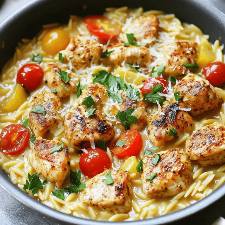 - 2 boneless, skinless chicken breasts, cubed - 1 cup orzo pasta - 2 cups chicken broth - 1 cup heavy cream - 2 tablespoons Cajun seasoning - 1 small onion, finely chopped - 2 cloves garlic, minced - 1 bell pepper (red or yellow), diced - 1 cup cherry tomatoes, halved - 2 tablespoons olive oil - Salt and pepper to taste - Fresh parsley, chopped (for garnish) - Grated Parmesan cheese (optional, for serving) Gather these ingredients to make a tasty dish. The chicken gives protein. The orzo adds a nice bite. Cajun seasoning brings heat and flavor. Cream makes it rich and smooth. You can add veggies for color and taste. Use fresh parsley for a pop of green. Parmesan cheese is a great optional touch too. First, heat two tablespoons of olive oil in a large skillet over medium-high heat. Once the oil is hot, season the cubed chicken breasts with salt, pepper, and one tablespoon of Cajun seasoning. This mix adds a great kick! Add the chicken to the skillet and cook until it’s brown and cooked through, about 5-7 minutes. Remove the chicken and set it aside. In the same skillet, add the chopped onion and diced bell pepper. Sauté these for about 3-4 minutes until they soften. This step builds a nice base for flavor. Next, stir in the minced garlic and cook for one more minute. The garlic will fill your kitchen with a wonderful aroma. Now, add the orzo pasta to your sautéed mixture. Stir well to coat the orzo with the oil and veggies. Pour in two cups of chicken broth and bring it to a simmer. Cover the skillet and reduce the heat to medium-low. Cook for 10-12 minutes. Stir occasionally until the orzo is al dente and most of the liquid is absorbed. Once the orzo is cooked, it’s time to make it creamy! Stir in one cup of heavy cream and the remaining tablespoon of Cajun seasoning. Add the halved cherry tomatoes and return the cooked chicken to the skillet. Mix everything well and let it cook for an extra 2-3 minutes until heated through. Enjoy the rich flavors and creamy texture of your dish! To ensure your orzo is cooked perfectly, follow these steps: - Use a large skillet for even cooking. - Stir the orzo often while it simmers. - Check orzo after 10 minutes. It should be tender but still firm. If you want to adjust the creaminess, here are some ideas: - Start with less cream and add more as needed. - You can replace heavy cream with half-and-half for a lighter dish. - For more flavor, add a splash of chicken broth instead of cream. For seasoning adjustments, consider these tips: - Add more Cajun seasoning for extra heat. - Mix in a pinch of smoked paprika for a deeper flavor. - Taste as you go to find the right balance. For garnishing ideas, try: - Chopped fresh parsley for a pop of color. - A sprinkle of grated Parmesan cheese for richness. - Add a squeeze of lemon juice for brightness right before serving. {{image_2}} You can switch up the protein in this dish. Instead of chicken, try shrimp or sausage. Both options add unique flavors and pair well with Cajun spices. Shrimp cooks quickly, while sausage adds a nice bite. For those who need gluten-free options, use gluten-free orzo. Many brands offer a great taste and texture. This way, everyone can enjoy this creamy meal. You can change the spice level to fit your taste. If you like it mild, use less Cajun seasoning. For a spicy kick, add more seasoning or a pinch of cayenne pepper. Adding greens or other vegetables can enhance the dish. Spinach or kale works well. Just stir them in during the last few minutes of cooking. This adds color and nutrition to your plate. To keep your One-Pan Creamy Cajun Chicken Orzo fresh, use an airtight container. Glass or plastic containers both work well. Make sure to let it cool before sealing. This meal lasts about 3-4 days in the fridge. If you want to store it longer, you can freeze it for up to 2 months. When reheating, the best method is to use the stove. Place the orzo in a skillet over medium heat. Add a splash of chicken broth or cream to keep it creamy. Stir often to prevent sticking. If you use a microwave, heat it in short bursts. Check and stir every 30 seconds to avoid hot spots. Always ensure leftovers reach 165°F to be safe to eat. Can I use a different type of pasta? Yes, you can use other pasta types like penne or fusilli. Just adjust the cooking time based on the pasta you choose. Smaller pasta cooks faster, while larger shapes may need more time. How can I make this dish spicier? To add heat, use more Cajun seasoning. You can also add diced jalapeños or crushed red pepper flakes. Taste as you go to find the right spice level for you. Is this dish healthy? One-Pan Creamy Cajun Chicken Orzo can be a balanced meal. It has protein from chicken and carbs from orzo. The dish includes veggies, which add vitamins and minerals. Breakdown of calories and macros per serving Each serving has about 450 calories, 20 grams of protein, 30 grams of carbs, and 25 grams of fat. These values may vary based on the specific ingredients used. What to serve with One-Pan Creamy Cajun Chicken Orzo? This dish pairs well with a fresh green salad or roasted vegetables. You could also serve it with crusty bread to soak up the creamy sauce. Ideas for side dishes and beverages Consider a simple Caesar salad or garlic bread as sides. For drinks, try iced tea or a light white wine, like Sauvignon Blanc. In this post, we explored how to make a creamy Cajun chicken orzo dish. We covered essential ingredients like chicken, orzo, and Cajun seasoning. You learned step-by-step cooking methods, helpful tips, and ways to customize the recipe. This dish is not only tasty but also simple to prepare. With its rich flavors and comforting texture, it’s perfect for any meal. Enjoy making this recipe and feel free to get creative!