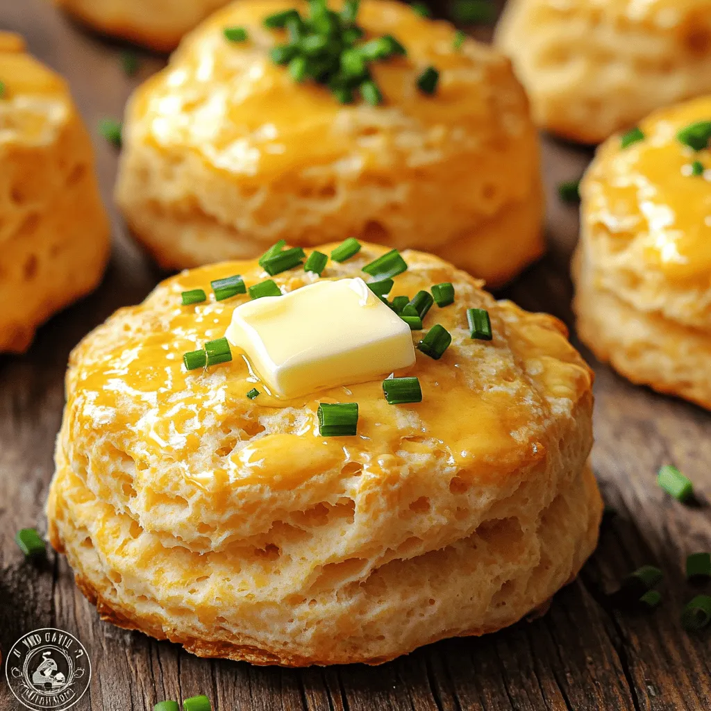 - 2 cups all-purpose flour - 1 tablespoon baking powder - 1/2 teaspoon salt - 1/4 teaspoon black pepper - 1/2 cup unsalted butter, cold and cubed - 1 cup sharp cheddar cheese, shredded - 1/4 cup fresh chives, chopped - 3/4 cup buttermilk The main ingredients for these biscuits are simple yet essential. Flour forms the base of the dough. Baking powder gives the biscuits their rise. Salt and black pepper enhance the flavors. The cold butter adds richness and helps create those flaky layers. Sharp cheddar gives a bold taste, while fresh chives add a bright herb flavor. - Different types of cheese - Variety of herbs You can switch things up with optional add-ins. Try different cheeses like mozzarella or gouda for a unique twist. Fresh herbs like parsley or dill can also change the taste. These options let you customize the biscuits to your liking. - Mixing bowls - Baking sheet - Biscuit cutter - Pastry cutter To make these biscuits, you’ll need a few key tools. Mixing bowls are vital for combining ingredients. A baking sheet helps with even cooking. A biscuit cutter shapes your biscuits perfectly. A pastry cutter helps blend the cold butter into the flour. Having these tools ready makes the process smooth and easy. 1. First, preheat your oven to 425°F (220°C). Line a baking sheet with parchment paper. 2. In a large bowl, sift together 2 cups of flour, 1 tablespoon of baking powder, 1/2 teaspoon of salt, and 1/4 teaspoon of black pepper. 3. Next, add 1/2 cup of cold, cubed butter to the flour mix. Use a pastry cutter or your fingers to mix until it looks like coarse crumbs. 1. Now, stir in 1 cup of shredded sharp cheddar cheese and 1/4 cup of chopped fresh chives. Mix until evenly combined. 2. Create a well in the center of your dry mix. Pour in 3/4 cup of buttermilk. Gently mix until just combined. Avoid over-kneading the dough. 1. Turn the dough out onto a lightly floured surface. Pat it into a rectangle about 1-inch thick. 2. Fold the dough over itself a few times. This creates layers. Roll it out again to about 1-inch thick. 3. Use a biscuit cutter to cut out rounds. Place them on the baking sheet. Gather any scraps, roll them out again, and cut extra biscuits. 4. Bake in your preheated oven for 12-15 minutes, or until the biscuits are golden brown on top. 5. Once baked, take them out and let them cool slightly before serving. - Importance of cold ingredients: Using cold butter and buttermilk keeps the dough light. When the butter melts in the oven, it creates steam. This steam lifts the dough, giving you fluffy biscuits. - Not over-kneading the dough: Mix the dough just until it comes together. Over-kneading makes the biscuits tough. You want them soft and airy, not dense. - Pairing with soups or salads: These biscuits complement many meals. They add a cheesy, savory touch to soups and salads. Try them with a warm bowl of tomato soup or a fresh garden salad. - Ideal for breakfast or brunch: Serve these biscuits warm at breakfast or brunch. They taste great with eggs or as a side to your favorite morning drink. - How to prepare dough in advance: You can make the dough ahead of time. After mixing, wrap it tightly in plastic wrap. Store it in the fridge for up to two days. When ready, just roll, cut, and bake. This saves time for busy mornings. {{image_2}} You can switch up the cheese in this recipe. Try using Parmesan or Fontina. Both cheeses bring a nice twist to the flavor. If you want something bolder, blue cheese works great. It adds a strong taste that pairs well with chives. Adjust the amount based on your taste. Chives are amazing, but you can play with herbs. Fresh parsley or dill can be used instead. Both herbs give a fresh taste. If you want more flavor, add some garlic powder. It will add depth to your biscuits without overpowering them. If you need gluten-free biscuits, don’t worry! Use a gluten-free flour blend. Make sure it has a good mix for baking. You may need to adjust the baking powder too. Keep the amounts in line with the flour blend you choose. This way, you can enjoy fluffy biscuits everyone can have! To keep your cheddar chive biscuits fresh, store them in an airtight container. Place a paper towel in the container to absorb moisture. This helps them stay fluffy. Keep the container in the fridge for up to three days. If you want to store them longer, freezing is a great option. Wrap each biscuit in plastic wrap, then place them in a freezer bag. They can last up to three months in the freezer. When you’re ready to enjoy your biscuits again, reheating is key. Preheat your oven to 350°F (175°C). Place the biscuits on a baking sheet. Heat them for about 10 minutes. This warms them through while keeping them soft. You can also use a microwave, but be careful. Heat them in short bursts of 10-15 seconds. This helps avoid making them tough. Serve your biscuits warm, topped with a pat of butter. This makes them even more tasty! Adding extra chives on top adds a nice touch. Enjoy your biscuits fresh after storage! To make your biscuits flaky, keep the butter cold. Cold butter creates steam when baked, which helps lift the dough. Use a pastry cutter or your fingers to mix the butter into the flour. You want it to look like coarse crumbs. This step is key; if the butter melts, your biscuits will be dense. Yes, you can make these biscuits without buttermilk. If you don't have buttermilk, use milk with a splash of vinegar or lemon juice. Let it sit for five minutes to sour. You can also mix plain yogurt with water for a similar effect. Both options will add a nice tang. Cheddar chive biscuits pair well with many dishes. Try them with soup, like potato or tomato. They also go well with salads or as a side for breakfast egg dishes. For a simple treat, enjoy them warm with butter. Adding a bit of jam can also make them delightful! This blog post detailed how to make delicious cheddar chive biscuits. We covered essential ingredients, step-by-step instructions, useful tips, and variations. Remember, using cold butter and not over-kneading helps create fluffiness. You can try different cheeses and herbs to make your biscuits unique. Store them properly to enjoy later. Now, you have all the skills to bake up some great treats. Get baking and enjoy every bite!