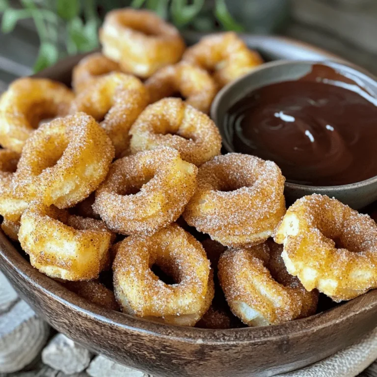 To make delicious cinnamon sugar churro bites, gather these key items: - 1 cup all-purpose flour - 1 cup water - 1/4 cup unsalted butter - 1 tablespoon granulated sugar - 1/4 teaspoon salt - 2 large eggs - 1 teaspoon vanilla extract - Oil for frying - 1 cup granulated sugar (for coating) - 2 tablespoons ground cinnamon These ingredients create a soft dough with a sweet, cinnamon outer layer. Want to take your churro bites up a notch? Here are some fun options: - A pinch of nutmeg for warmth - Zest from a lemon or orange for brightness - A splash of almond extract for a nutty twist These flavors can add depth and make your churros stand out. Don't have all the ingredients? No problem! Here are some swaps you can use: - Substitute coconut oil for butter for a dairy-free option. - Use whole wheat flour instead of all-purpose flour for a healthier choice. - If you lack eggs, try 1/4 cup of unsweetened applesauce as a binder. These substitutions can help you make churro bites with what you have on hand. To start, grab a medium saucepan. Add 1 cup of water, 1/4 cup of unsalted butter, 1 tablespoon of granulated sugar, and 1/4 teaspoon of salt. Place it over medium heat and bring it to a boil. Once boiling, take it off the heat. Now, stir in 1 cup of all-purpose flour. Mix until a dough forms. Let it cool for about 5 minutes. This cooling step helps the dough bind well. Next, add 2 large eggs, one at a time. Mix well after each egg. This ensures a smooth dough. Finally, stir in 1 teaspoon of vanilla extract for a lovely flavor. Now, heat oil in a deep skillet or pot. Aim for medium-high heat, about 360°F or 180°C. While the oil is heating, prepare the cinnamon sugar. In a bowl, mix 1 cup of granulated sugar with 2 tablespoons of ground cinnamon. Set this aside for later. Once the oil is hot, transfer the dough to a piping bag fitted with a star-shaped nozzle. This makes shaping easier. Pipe small pieces of dough directly into the hot oil. Use scissors to cut the dough off for bite-sized churros. Fry them in batches for 2-3 minutes, or until they turn golden brown. When they are ready, use a slotted spoon to remove the churro bites. Let them drain on paper towels to get rid of excess oil. While the churro bites are still warm, toss them in the cinnamon sugar mixture. Make sure each piece is fully coated. This step adds sweetness and flavor. For an extra treat, serve your churro bites warm with chocolate sauce or dulce de leche for dipping. Enjoy the crunchy, sweet bites! The best frying temperature for churro bites is 360°F (180°C). This heat gives them a golden color and keeps them fluffy inside. If the oil is too cool, they soak up too much oil. If it's too hot, they burn quickly. Use a candy thermometer for best results. To get a light and airy churro, mix your dough well. Add eggs one at a time and stir until smooth. Let the dough rest for five minutes before piping. This helps the churro bites puff up nicely in the oil. Fry them in small batches. This keeps the oil temperature steady, which is key for a perfect texture. Serve your churro bites warm for the best taste. They pair well with chocolate sauce or dulce de leche. You can also try a simple vanilla glaze or caramel sauce. For a twist, sprinkle some sea salt on top for a sweet and salty treat. Enjoy sharing these with friends or family! {{image_2}} You can make churro bites even more fun by adding chocolate or Nutella. To do this, fill the piping bag with the dough first. Then, pipe a small piece of dough into the hot oil. After a few seconds, gently push some chocolate or Nutella into the center of the dough. Then, cover it with a bit more dough before frying. This way, you get a warm, gooey center. These stuffed bites are a hit with kids and adults alike! When fall rolls around, try pumpkin spice churro bites. To make these, add 1 teaspoon of pumpkin pie spice to your dough. You can also mix a little pumpkin puree into the dough for added flavor. Fry them just like regular churro bites. Once cooked, toss them in a mix of cinnamon, sugar, and a pinch of nutmeg. These treats capture the taste of fall and are perfect for cozy gatherings. If you want to make vegan churro bites, it’s easy! Replace the eggs with flaxseed meal. Mix 1 tablespoon of flaxseed meal with 2.5 tablespoons of water. Let it sit for a few minutes until it thickens. Use this mix in place of eggs in your dough. For the butter, you can use coconut oil or a vegan butter substitute. This way, everyone can enjoy delicious churro bites, no matter their diet! After enjoying your churro bites, store any leftovers in an airtight container. This keeps them fresh and soft. Place the container at room temperature for up to two days. If you want to keep them longer, refrigeration is a good option. Just remember, the churros might lose some of their crispness. To enjoy warm churro bites again, reheat them in the oven. Preheat your oven to 350°F (175°C). Spread the churros on a baking sheet. Heat for about 5-7 minutes. This method helps restore their crisp texture. Avoid using the microwave, as it can make them soggy. If you have extra churro bites, freezing is a smart choice. Place the cooled bites in a freezer-safe bag. Remove as much air as you can before sealing. They can stay in the freezer for up to three months. When ready to eat, thaw them in the fridge overnight. Then, reheat in the oven as mentioned above for the best results. Yes, you can make churro bites in advance. Prepare the dough and fry them later. This helps keep them fresh. Store uncooked dough in the fridge for up to a day. Cook them when you're ready. The best way to fry churros is to use a deep skillet or pot. Heat the oil to about 360°F (180°C). This temperature ensures they cook evenly. Fry in small batches to avoid overcrowding. Golden brown churros are the goal! You can find pre-made churro bites at some grocery stores. Look in the frozen or bakery section. Some specialty dessert shops also offer them. Check local markets for fresh churros too! Yes, you can use different oils for frying churros. Canola oil, peanut oil, or vegetable oil will work well. Each oil has a high smoke point, making them good for frying. Choose one that fits your taste! You can test the oil's heat with a small piece of dough. If it sizzles and rises, it's ready! Another method is to use a thermometer. Aim for 360°F (180°C) for perfect churro bites. In this blog post, we explored the world of churro bites. I shared essential ingredients and optional ones for extra flavor. You learned how to prepare the dough and fry each bite to perfection. I offered tips for ideal frying and serving ideas to elevate your dish. Variations, like pumpkin spice and vegan options, added more fun. Finally, I covered storage and reheating so you can enjoy them later. Now, you have all the tools to make delicious churro bites at home! Enjoy every crunchy, sweet bite.