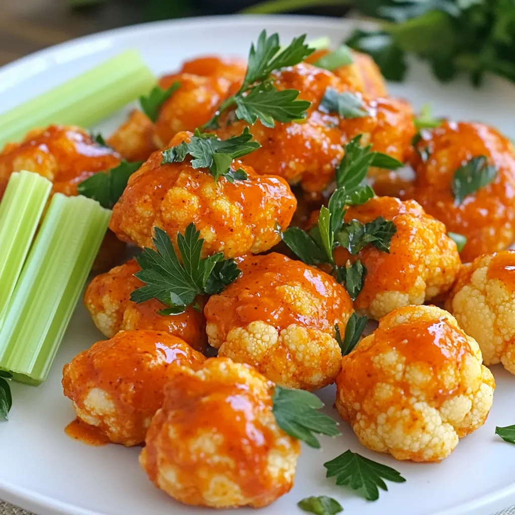 - 1 medium head of cauliflower - 1 cup all-purpose flour - 1 cup buttermilk (or dairy-free alternative) - 1 teaspoon garlic powder - 1 teaspoon onion powder - 1 teaspoon smoked paprika - ½ teaspoon salt - ½ teaspoon black pepper - ½ teaspoon cayenne pepper (adjust to taste) - ½ cup buffalo sauce (store-bought or homemade) - 2 tablespoons olive oil - Celery sticks - Ranch or blue cheese dressing - Fresh parsley or green onions for garnish When making Air Fryer Buffalo Cauliflower Wings, my choice of ingredients is key. I begin with a medium head of cauliflower, cutting it into bite-sized florets. The florets soak up the flavor and become crispy. Next, I grab one cup of all-purpose flour. This helps create a nice coating when mixed with the buttermilk. For the buttermilk, I often use a dairy-free alternative. It adds moisture and helps the flour stick. The seasoning is where the magic happens. I use garlic powder, onion powder, and smoked paprika for depth. Salt, black pepper, and cayenne pepper enhance the flavor. I choose cayenne pepper based on how spicy I want it. Finally, I mix half a cup of buffalo sauce with two tablespoons of olive oil. This mixture gives the wings their signature kick and richness. For serving, I love using crunchy celery sticks and a side of ranch or blue cheese dressing. Fresh parsley or green onions add a pop of color on the plate. These ingredients come together to create a dish that's both crispy and delicious! - Preheat air fryer to 400°F (200°C). - In a large bowl, mix the flour, garlic powder, onion powder, smoked paprika, salt, black pepper, and cayenne pepper. Start by gathering your ingredients. Preheating the air fryer helps the wings cook evenly. Mixing the dry ingredients first gives great flavor to the batter. You can adjust the cayenne pepper for more heat if you like. - Combine buttermilk with the dry mixture. - Dip and coat cauliflower florets. Next, pour the buttermilk into the bowl. Stir until it blends well with the dry mix. Take each cauliflower floret and dip it in the batter. Make sure to let the extra batter drip off. This coating helps create a crispy texture. - Coat air fryer basket with olive oil. - Cook cauliflower in batches, shaking halfway. Now, lightly coat your air fryer basket with olive oil. This step prevents the cauliflower from sticking. Place the battered florets in a single layer in the basket. Cook them for 10 to 12 minutes. Shake the basket halfway through to ensure even cooking. - Mixing with buffalo sauce. - Additional cooking for crispiness. While they cook, mix the buffalo sauce with the remaining olive oil in a small bowl. Once the cauliflower is golden and crisp, put it in a large bowl. Pour the buffalo sauce mixture over the cauliflower and toss gently until each piece is coated. Return the coated wings to the air fryer for 3 to 5 more minutes. This step adds extra crispiness. Enjoy your Air Fryer Buffalo Cauliflower Wings! To make your cauliflower wings crispy, start with even batter. Dip each floret and let excess batter drip off. This way, you avoid soggy bites. When cooking, use a shaking technique. Halfway through the cooking time, shake the basket to keep the wings from sticking. This helps them cook evenly and get that perfect crunch. Want to spice things up? Adjust the heat with cayenne pepper. If you like it hotter, add more. You can also try different sauces. Hot sauce, barbecue, or even a honey mustard can bring new flavors. Experiment with your favorite spices, too. This is a fun way to make the dish your own. Avoid overcrowding the air fryer basket. If you place too many wings at once, they won’t cook evenly. Cook in batches if needed. For extra crispiness, you can adjust the cooking time. Keep an eye on them. If you want them crispier, add a couple of minutes. Just remember to shake the basket again for best results. {{image_2}} For a gluten-free option, use almond flour or a gluten-free blend. Both work well with the flavors of the dish. You can also try using chickpea flour for added protein. If you want a vegan buttermilk, mix one cup of plant-based milk with one tablespoon of vinegar. Let it sit for five minutes. This will give you a nice, tangy base for your batter. You can make a simple homemade buffalo sauce. Combine ½ cup of hot sauce with 2 tablespoons of melted butter or a vegan substitute. This mix is easy and tasty. If you like other flavors, try sriracha or a chipotle sauce. These can add a nice twist to your cauliflower wings. To change servings, just adjust your ingredients. For two servings, use half of each item. If you want to serve eight, double the recipe. When hosting, serve with a variety of dips. Try ranch, blue cheese, or even hummus. This gives your guests options and makes the meal more fun. To store leftovers, place the cooled cauliflower wings in an airtight container. This helps keep them fresh. They last about 3 to 5 days in the fridge. Always check for any signs of spoilage before enjoying them again. To reheat, use the air fryer for the best results. Set it to 350°F (175°C) and heat for about 5 minutes. This method keeps them crispy. You can also use an oven, but the air fryer works best for texture. Yes, you can freeze the buffalo cauliflower wings! Place them in a freezer-safe bag. They can last for about 2 to 3 months. To thaw, move them to the fridge overnight. When ready to eat, reheat in the air fryer as mentioned above for that crispy finish. These wings are quick to make. They need about 30 minutes in total. It takes 15 minutes to prep and another 15 minutes to cook. You will air fry the cauliflower for 10-12 minutes. Then, you’ll add the buffalo sauce and cook them for an extra 3-5 minutes. This gives them a great crispy texture. Yes, you can easily spice up these wings! To add heat, use more cayenne pepper in the batter. You can also choose a hotter buffalo sauce. If you want to tone down the spice, reduce the cayenne or use a milder sauce. Taste as you go to find your perfect level of heat. These wings pair well with many sides. I recommend serving them with celery sticks for crunch. Also, consider ranch or blue cheese dressing for dipping. Fresh parsley or green onions add a nice touch on top. You can even serve them with a side salad for a well-rounded meal. You’ve explored every step to make tasty air fryer buffalo cauliflower wings. We covered the key ingredients, from the cauliflower to the sauce. You learned how to prepare, batter, and cook for that perfect crispiness. Remember, you can adjust flavors, switch up coatings, and even store leftovers properly. Don’t hesitate to try your own twists. These wings are not just for snacking; they can impress guests at any gathering. Enjoy your cooking adventure and share your delicious results!