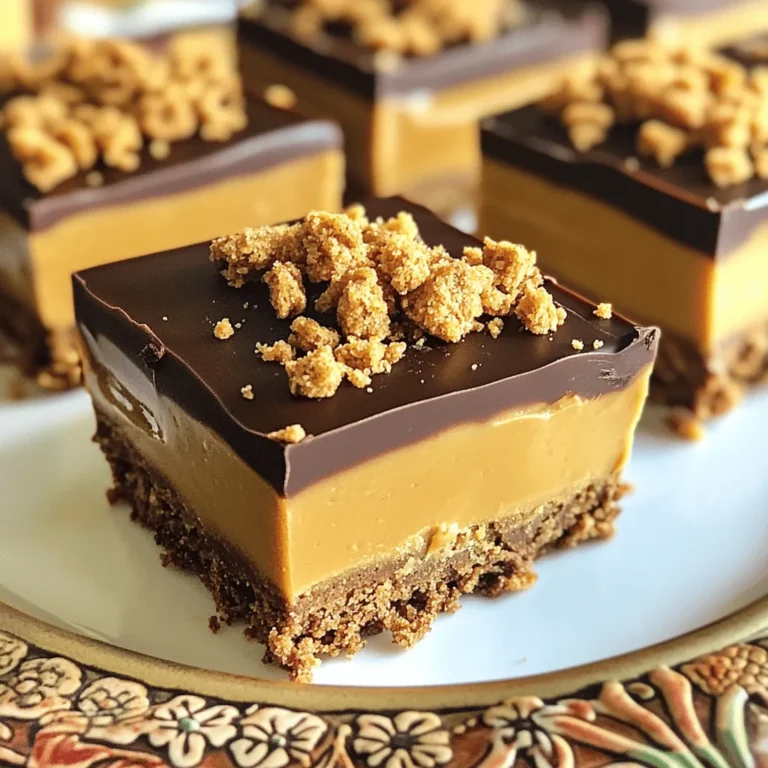 To make these No Bake Biscoff Cookie Butter Bars, you'll need: - 1 ½ cups Biscoff cookies, crushed - ½ cup unsalted butter, melted - 1 cup Biscoff cookie butter - ½ cup powdered sugar - 1 teaspoon vanilla extract - 1 cup dark chocolate chips - 2 tablespoons coconut oil (for the chocolate layer) These simple ingredients come together to create a sweet and rich treat. If you don't have Biscoff cookies, you can use any crunchy cookie. Graham crackers work well too. For the butter, you can swap unsalted for salted butter if needed. If you want to go dairy-free, use coconut oil instead of butter. For the Biscoff cookie butter, almond or sunflower seed butter can be a good alternative. Adjust the sugar if your substitute is sweet. To make your bars even more special, consider these fun toppings: - Crushed Biscoff cookies for a crunchy finish - A drizzle of extra cookie butter for added flavor - Sea salt flakes for a salty-sweet contrast - Chopped nuts like pecans or almonds for texture These options can add a personal touch and make your bars even more delicious. First, take your Biscoff cookies and crush them. You can use a food processor or place them in a bag and crush them with a rolling pin. Aim for fine crumbs. Next, melt your unsalted butter in a bowl. Mix the crushed cookies with the melted butter until it looks like wet sand. This mixture will form the base of your bars. Now, take an 8x8 inch baking pan. Press the cookie mixture firmly into the bottom of the pan. Make sure it's even and compact. This step is key for a strong crust. In another bowl, add the Biscoff cookie butter. Then, pour in the powdered sugar and vanilla extract. Use a spatula to mix until the mixture is smooth and well combined. This filling is rich and adds a wonderful flavor to your bars. Once mixed, spread the cookie butter filling evenly over the crust in the baking pan. Use a spatula to smooth it out. This layer is what makes the bars so tasty. For the chocolate layer, gather dark chocolate chips and coconut oil. Place them in a microwave-safe bowl. Heat in the microwave in 30-second intervals. Stir the mixture between each interval until it is melted and smooth. When the chocolate is ready, pour it over the Biscoff layer in the pan. Use a spatula to spread the chocolate evenly. This final layer adds a nice touch and makes the bars look appealing. Now, refrigerate the bars for at least 2 hours or until they are firm. After they set, take them out of the pan and cut them into squares. Enjoy your delicious no-bake Biscoff cookie butter bars! To get the best crust, start with crushed Biscoff cookies. Use a food processor or a rolling pin to crush them finely. Mix the crumbs with melted butter. It should feel like wet sand. Press the mixture firmly into the bottom of your baking pan. Use a flat tool to even it out. A good crust holds the bars together. Chill the crust for 15 minutes before adding the filling. This helps it set well. For a smooth chocolate layer, use quality dark chocolate chips. Combine them with coconut oil in a microwave-safe bowl. Melt them in short bursts of 30 seconds, stirring after each. This keeps the chocolate from burning. Once it’s smooth, pour it over the Biscoff layer. Use a spatula to spread it evenly. Make sure to cover all edges. A smooth layer looks nice and tastes great. When you’re ready to slice, use a sharp knife. Wipe the knife with a damp cloth after each cut. This helps keep the edges clean. If the bars feel too soft, chill them longer. Aim for small squares for easy serving. If you want a special touch, top each slice with a sprinkle of crushed cookies. This makes the bars look even more tempting. {{image_2}} You can make these bars even better by adding nuts. Chopped almonds or walnuts add a nice crunch. You can mix them in with the cookie crust. Just add about half a cup of your chosen nuts. This will add flavor and texture. You can also include mini chocolate chips or even dried fruit. These mix-ins make each bite a fun surprise! If you prefer a sweeter taste, try white chocolate. It gives a creamy touch to the bars. To do this, swap the dark chocolate chips for white ones. Melt the white chocolate the same way. Use coconut oil to keep it smooth. The white chocolate will contrast nicely with the Biscoff layers. You can also drizzle melted white chocolate on top for a pretty finish. You can turn these bars into cookie butter cups! Use cupcake liners in a muffin tin. Press the cookie crust mixture into the bottom of each liner. Add the Biscoff filling and top with chocolate like before. Chill them until set. These cookie butter cups are easy to grab and enjoy. They are perfect for parties or a sweet snack! To keep your No Bake Biscoff Cookie Butter Bars fresh, store them in an airtight container. Place parchment paper between layers to avoid sticking. This helps maintain their texture and flavor. Keep the container in the fridge for the best results. They can last up to one week, but trust me, they won’t last that long! Freezing these bars is easy. First, cut the bars into squares. Wrap each square in plastic wrap or foil. Then, place them in a freezer-safe bag or container. They freeze well for up to three months. When you want to enjoy them, just thaw them in the fridge overnight. Serve these bars chilled for the best taste. They are great for parties or a sweet treat after dinner. If stored properly, they stay fresh for about a week in the fridge. So, you can enjoy a little piece of heaven whenever you want! Yes, you can! You can swap Biscoff cookies for graham crackers, Oreos, or any crisp cookie. Each gives a different taste and texture. Just crush the cookies and mix them with melted butter. The same method works for all types. These bars need at least 2 hours to set in the fridge. This time helps the layers firm up. If you want them extra firm, you can chill them longer. Just keep an eye on them so they don’t freeze solid. You can serve these bars with whipped cream or vanilla ice cream. A drizzle of extra Biscoff cookie butter on top is a great idea too. Fresh fruit like strawberries or bananas also pairs well, adding a nice touch. In this blog post, we explored how to make No Bake Biscoff Cookie Butter Bars. We covered the ingredients, including possible substitutions and tasty toppings. I shared step-by-step instructions for the crust, filling, and chocolate layer. You learned tips for achieving the perfect crust and smooth chocolate. The variations section showed how to mix in nuts or use white chocolate. Finally, we discussed best storage practices and answered key FAQs. These bars are simple yet delicious. Enjoy making them and share with friends!
