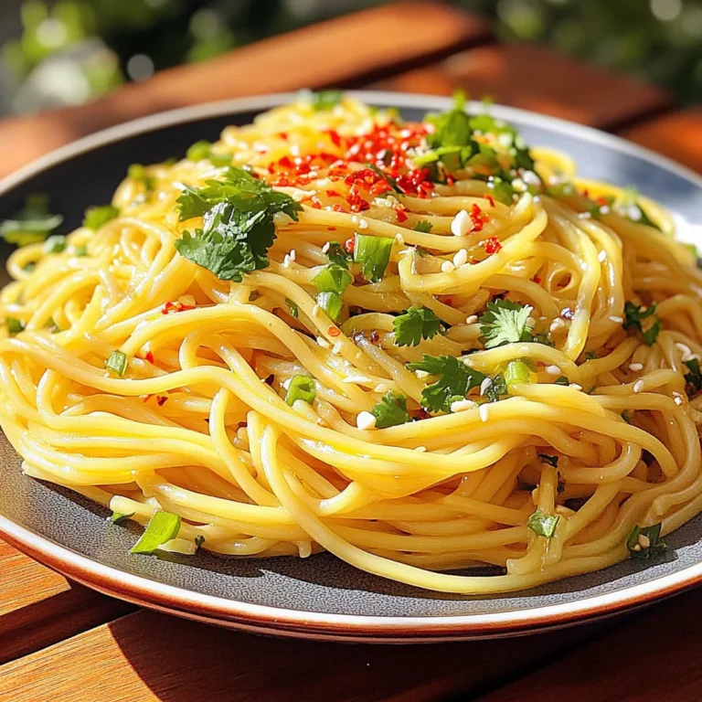 - 200g egg noodles - 3 tablespoons olive oil - 6 cloves garlic, minced - 2 teaspoons red chili flakes - 2 tablespoons soy sauce - 1 tablespoon sesame oil - 1 tablespoon rice vinegar - 1 tablespoon honey (or agave syrup) - 3 spring onions, chopped - Fresh cilantro for garnish - Salt and pepper to taste Gather these ingredients before you start cooking. Having everything ready makes the process smoother. The egg noodles form the base of this dish, providing a great texture. Olive oil adds richness and helps sauté the garlic. Garlic is key, giving a lovely aroma and flavor. Red chili flakes bring heat. Adjust them to your spice level. Soy sauce adds saltiness and depth. Sesame oil gives a nutty flavor, and rice vinegar adds a touch of acidity. Honey or agave syrup balances the heat with sweetness. Spring onions add freshness and crunch. Finally, use salt and pepper to season to your taste. This list keeps it simple. You won’t need hard-to-find items. These basic ingredients create a tasty meal in no time. To start, boil a pot of salted water. The salt helps to flavor the noodles. Once the water is boiling, add 200 grams of egg noodles. Cook them for about 3 to 4 minutes. You want them al dente, firm but not hard. When they are done, drain the noodles and set them aside. In a small bowl, mix the sauce ingredients. Combine 2 tablespoons of soy sauce, 1 tablespoon of sesame oil, 1 tablespoon of rice vinegar, and 1 tablespoon of honey. Stir well and set this aside for later. This sauce adds a great taste to your noodles. Next, grab a large skillet or wok and heat 3 tablespoons of olive oil over medium heat. Once hot, add 6 cloves of minced garlic. Sauté the garlic for about 30 seconds until it smells nice. Then, add 2 teaspoons of red chili flakes. Continue to sauté for another 30 seconds. Be careful not to burn the garlic; it should stay golden. Now, it’s time to toss in the noodles. Add the drained noodles to the skillet with the garlic and chili. Pour the sauce over the noodles and mix everything well. Ensure the noodles are coated in the sauce. Heat for another 1 to 2 minutes until the noodles are hot. Remove the skillet from the heat. Stir in 3 chopped spring onions for a fresh crunch. Season your dish with salt and pepper to taste. For a pretty finish, garnish with fresh cilantro. Serve your delicious noodles hot, and enjoy every bite! To cook perfect noodles, always use salted water. This gives your noodles flavor. Bring a large pot of water to a boil. Add the egg noodles and stir to prevent sticking. Cook for 3-4 minutes. Check for al dente texture. You want them firm but not hard. Drain them quickly and set aside. This keeps them from cooking more. Do you like it hot? Adjust the chili flakes to fit your taste. Start with 2 teaspoons. Taste the dish after mixing in the sauce. If you want more heat, add more chili flakes. Remember, you can always add more, but you can't take it out! For a richer taste, think about adding more ingredients. Try adding vegetables like bell peppers or broccoli. You can also mix in some protein, like chicken or tofu. Fresh herbs, like basil or mint, can brighten the dish. These additions will make your meal even more exciting! {{image_2}} To make Minute Garlic Chili Noodles vegan, swap honey for agave syrup. This keeps the dish sweet and delicious. Agave syrup adds a nice touch without using any animal products. It works well with the other flavors. You won’t miss the honey at all. Want to boost the protein in your noodles? Add cooked chicken, tofu, or shrimp. Chicken gives a hearty feel. Tofu is great for a plant-based option. Shrimp adds a nice seafood twist. Cook these proteins separately, then mix them in at the end. This way, everything heats through and blends well. Adding veggies makes this dish even better. Try bell peppers, carrots, or bok choy. These add color and nutrients. You can stir-fry them right after the garlic. This keeps them crisp and fresh. Toss them in with the noodles for a healthy twist. To keep your Minute Garlic Chili Noodles fresh, store them in an airtight container. Place the noodles in the fridge within two hours of cooking. They stay good for up to three days. Make sure to let them cool down first to avoid steam buildup, which can make them soggy. If you want, you can separate the sauce from the noodles. This helps keep the noodles firm. When it’s time to eat the leftovers, you can reheat the noodles easily. The best way is to use a skillet. Heat a little olive oil over medium heat. Add the noodles and stir them gently. This keeps them from sticking. You can also use the microwave. Put the noodles in a bowl, cover them with a damp paper towel, and heat for one to two minutes. Stir halfway through for even warming. Yes, you can freeze Minute Garlic Chili Noodles! Just make sure they are fully cooled. Put them in a freezer-safe bag or container. Remove as much air as possible to avoid freezer burn. They can last up to three months in the freezer. When you’re ready to eat, let them thaw in the fridge overnight before reheating. Enjoy your tasty noodles anytime! This dish is quick! It takes only 15 minutes total. You will spend 5 minutes prepping and 10 minutes cooking. The noodles cook fast, about 3 to 4 minutes. This makes it perfect for a busy day or a late-night snack. Yes, you can use different noodles! If you do not have egg noodles, try rice noodles or whole wheat spaghetti. You can even use zoodles, made from zucchini. Each type gives a unique taste and texture. These noodles pair well with many sides. Try a simple salad with fresh veggies. Grilled chicken or shrimp also goes great. For a veggie option, serve with steamed broccoli or sautéed bok choy. This makes a full meal. You can easily adapt this dish. For soy sauce, use tamari or coconut aminos. These are great gluten-free options. For noodles, choose rice noodles or gluten-free pasta. This way, everyone can enjoy the meal! This blog post shows how to make tasty Garlic Chili Noodles. We covered key ingredients, like egg noodles and garlic. I shared step-by-step instructions for cooking, mixing, and serving. The tips enhance your dish's flavor and spice level. We also discussed fun variations and how to store leftovers. Try this simple recipe to impress your friends or family. With a few tweaks, you can make it fit any diet. Enjoy your cooking and meal!