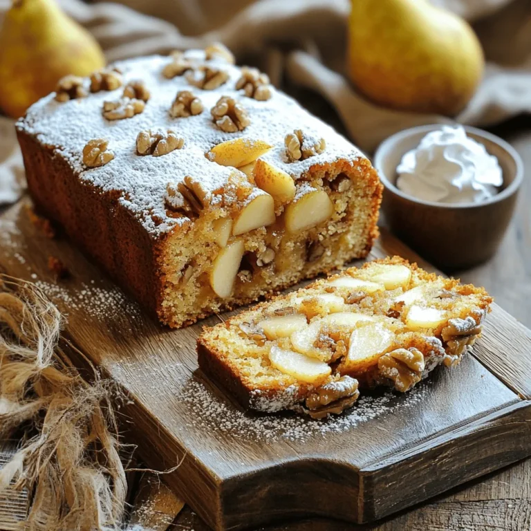 To make this spiced pear walnut coffee cake, gather these key ingredients: - 2 ripe pears, peeled and diced - 1 cup walnuts, chopped - 1 ½ cups all-purpose flour - 1 teaspoon baking powder - ½ teaspoon baking soda - 1 teaspoon ground cinnamon - ½ teaspoon ground nutmeg - ½ teaspoon salt - ¾ cup granulated sugar - ½ cup brown sugar - ½ cup unsalted butter, softened - 2 large eggs - 1 teaspoon vanilla extract - ½ cup buttermilk These ingredients create a moist and flavorful cake. The pears add sweetness and texture, while walnuts give a nice crunch. Feel free to adjust a few ingredients based on your taste: - Swap walnuts for pecans for a different nut flavor. - Use honey instead of granulated sugar for a natural sweetener. - Substitute almond extract for vanilla for a unique twist. - Replace buttermilk with regular milk or yogurt if needed. These changes can enhance the cake to match your preference. Experiment to find your favorite mix! You will need some basic kitchen tools to make this cake: - 9-inch round cake pan - Mixing bowls (large and small) - Whisk - Rubber spatula - Measuring cups and spoons - Toothpick or cake tester Having the right tools makes the process smoother. It also helps ensure your cake bakes evenly and turns out delicious! To start, preheat your oven to 350°F (175°C). Grease and flour a 9-inch round cake pan. This helps the cake come out easily. Next, take two ripe pears, peel them, and dice them into small pieces. Toss the diced pears in a small bowl with 1 tablespoon of flour. This keeps them from sinking in the batter. In another bowl, whisk together 1 ½ cups of all-purpose flour, 1 teaspoon of baking powder, ½ teaspoon of baking soda, 1 teaspoon of ground cinnamon, ½ teaspoon of ground nutmeg, and ½ teaspoon of salt. Set this dry mix aside. Now, grab a large mixing bowl. Cream together ½ cup of softened unsalted butter, ¾ cup of granulated sugar, and ½ cup of brown sugar until the mixture is light and fluffy. This step adds air to your batter, making it soft. Next, add 2 large eggs, one at a time. Mix well after each egg. Stir in 1 teaspoon of vanilla extract. Gradually add the dry mixture and ½ cup of buttermilk, alternating between the two. Start and end with the flour mix. Be careful not to over-mix. Finally, gently fold in the chopped walnuts and the floured pears. Make sure they are evenly spread throughout the batter. Pour the batter into your prepared cake pan. Spread it evenly with a spatula. Place the pan in the preheated oven. Bake for 30 to 35 minutes. When done, a toothpick inserted in the center should come out clean. Once baked, let the cake cool in the pan for about 10 minutes. Then, transfer it to a wire rack to cool completely. For serving, slice the cake and place it on a rustic wooden board. You can garnish with a sprinkle of powdered sugar and a few extra walnuts on top. For a special touch, add a small bowl of whipped cream or a scoop of vanilla ice cream on the side. Enjoy your delicious Spiced Pear Walnut Coffee Cake! To stop your pears from sinking, dust them with flour. Use about 1 tablespoon of flour and toss the diced pears in it. This light coating helps them stay afloat in the batter. Remember to do this step before you mix them into the cake. This small trick makes a big difference. For a soft and moist cake, don’t over-mix the batter. Mix until just combined. This keeps the cake light and fluffy. Use room temperature butter and eggs for the best results. They blend better and create a smoother batter. Also, let your cake rest for a few minutes in the pan. This helps it settle and keeps it from crumbling. Always preheat your oven before baking. This ensures even cooking. Grease your cake pan well to avoid sticking. You can use butter or non-stick spray. Bake until a toothpick comes out clean. This shows your cake is done. Finally, let it cool on a wire rack. This prevents sogginess and keeps the cake fresh longer. {{image_2}} You can swap pears for other fruits. Apples work well and add a nice crunch. You might try juicy peaches for a summer twist. For nuts, pecans can replace walnuts. They add a sweet, buttery flavor. To make this cake gluten-free, use a gluten-free flour blend. Ensure it has xanthan gum for proper texture. For a vegan version, replace eggs with flax eggs. Mix 1 tablespoon ground flaxseed with 3 tablespoons water for each egg. Use a plant-based butter instead of regular butter. Want to boost the flavor? Add vanilla bean seeds for a rich taste. A touch of ginger can add warmth, too. Try mixing in some chocolate chips for a sweet surprise. A hint of orange zest can brighten the cake’s flavor. To keep your spiced pear walnut coffee cake fresh, place it in an airtight container. This will help keep moisture in and prevent it from drying out. If you don’t have a container, wrap the cake tightly in plastic wrap. Store it at room temperature for up to three days. For longer storage, refrigerate it, but expect some changes in texture. When you want to enjoy your coffee cake again, reheating it is simple. Preheat your oven to 350°F (175°C). Place a slice of cake on a baking sheet and warm it for about 10 minutes. This will bring back its soft, fluffy texture. You can also use the microwave. Heat a slice for about 15-20 seconds. Keep an eye on it to avoid making it too hot. If you want to save some cake for later, freezing works great! Wrap the cooled cake tightly in plastic wrap, then in aluminum foil. Label it with the date. It will stay good in the freezer for up to three months. When you’re ready to eat it, let it thaw in the fridge overnight. You can also thaw it at room temperature for a few hours before enjoying. Yes, you can use canned pears. Just make sure to drain them well. Canned pears have a softer texture. This might change the cake's feel slightly. Fresh pears offer a firmer bite. They add a nice contrast to the cake's soft crumb. If you choose canned, use the same amount as fresh. You can prepare the batter a day in advance. Mix the dry and wet ingredients separately. Store them in the fridge overnight. On the next day, combine them and bake. You can also bake the cake in advance. Let it cool completely. Store it in an airtight container for up to three days. This coffee cake pairs well with coffee or tea. A dollop of whipped cream adds richness. Vanilla ice cream makes a sweet treat. You can also try it with a drizzle of caramel sauce. Fresh fruit, like berries, adds brightness and flavor. Enjoy your cake in many ways! This blog post covered how to bake a Spiced Pear Walnut Coffee Cake. We explored the main ingredients, optional tweaks, and necessary tools. I provided clear steps for preparing the batter, baking, and serving. Helpful tips ensured your cake has the right texture and stays light. Variations allowed substitutions for dietary needs and flavor boosts. Lastly, we discussed storage and reheating methods. Baking can be fun, and this cake is worth trying. Enjoy every bite of your creation!