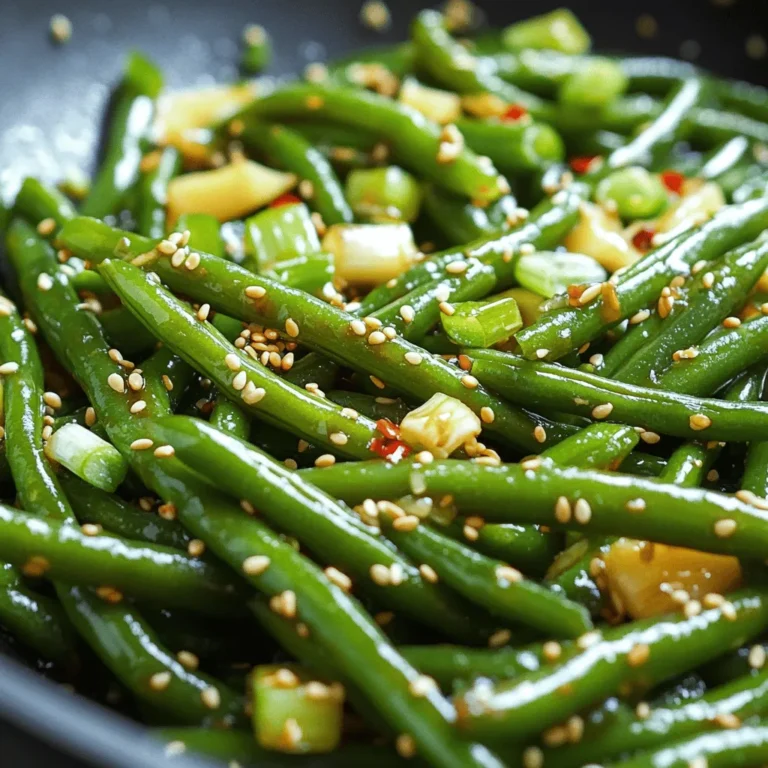 - 400g fresh green beans, trimmed - 4 garlic cloves, minced - 1 tablespoon ginger, grated - 2 green onions, sliced (for garnish) - 3 tablespoons sesame oil - 2 tablespoons soy sauce (low sodium) - 1 tablespoon rice vinegar - 1 tablespoon sesame seeds, toasted - Red pepper flakes (optional, for heat) - Salt and pepper to taste When it comes to making Sesame Garlic Green Beans, fresh ingredients make all the difference. Start with 400 grams of fresh green beans. Trim the ends to remove any tough bits. This keeps them crisp and tender. Next, you need four garlic cloves. Mince them finely for that strong, aromatic punch. One tablespoon of grated ginger adds warmth and depth. Don't forget the green onions! Slice two of them for a fresh garnish. Now, let’s talk about oils and sauces. Three tablespoons of sesame oil provide a rich, nutty flavor. It’s the star of the show! For seasoning, use two tablespoons of low-sodium soy sauce. This adds a savory touch without too much salt. One tablespoon of rice vinegar offers a nice tang. It balances the flavors perfectly. Finally, we need some seasoning and garnish. Toast one tablespoon of sesame seeds for a crunchy finish. If you like heat, sprinkle in some red pepper flakes. Lastly, use salt and pepper to taste. This simple blend of ingredients ensures your stir fry is not only tasty but also vibrant and colorful. To start, I bring a pot of salted water to a boil. I add the trimmed green beans and blanch them for about 2-3 minutes. This process helps the beans turn bright green and become slightly tender. After blanching, I drain the beans and transfer them to an ice bath. This bath stops the cooking process and helps keep the beans crisp. Once they cool down, I drain them again and set them aside. This step is key for both color and texture in the final dish. Next, I heat sesame oil in a large skillet over medium heat. I make sure the oil is hot but not smoking. This is perfect for sautéing. I then add the minced garlic and grated ginger to the skillet. I sauté them for about 30 seconds. It's crucial to watch them closely so they don’t burn. The aroma fills the kitchen, and that’s when I know I’m on the right track. Now, I add the blanched green beans to the skillet. I toss them with the garlic and ginger for about 2 minutes until they are heated through. Then, I pour in the soy sauce and rice vinegar. I stir well to coat the green beans evenly. If I want extra heat, I sprinkle in some red pepper flakes. Finally, I season with salt and pepper to taste. This seasoning is important; it brings all the flavors together. I continue to stir-fry for another minute, letting the green beans absorb all those delicious flavors. Blanching green beans is key to keeping them bright and crisp. First, boil salted water in a pot. Add the trimmed green beans and cook for just 2-3 minutes. The timing matters! You want them tender but still green. After blanching, an ice bath is crucial. It stops the cooking right away and helps the beans stay crisp. You can change the flavor of this dish by adjusting the garlic and ginger. If you love garlic, add more! For a milder taste, use less. You can also make it vegetarian by omitting any meat. If you want a non-vegetarian twist, try adding cooked chicken or shrimp. It’s all about what you like! This stir fry pairs well with many Asian dishes. Serve it alongside rice or noodles for a complete meal. You can also add it to a plate with other stir-fried vegetables. For extra crunch, try serving it with sesame-crusted tofu or spring rolls. Enjoy the mix of flavors and textures! {{image_2}} You can mix things up with other veggies. Adding bell peppers or carrots can add color and sweetness. These vegetables cook well and blend nicely with the garlic and sesame flavors. You can also try using different types of beans. Snow peas or sugar snap peas work great, too. Their crunch adds a fun texture to the dish. Want more heat? Adjust the spiciness easily. You can add more red pepper flakes for a bold kick. If you prefer a smoother heat, try using chili paste instead. Just a little will go a long way! Taste as you go to find your perfect level of spice. Making this dish gluten-free is simple. Just swap soy sauce with tamari. It gives the same great flavor without gluten. If you need vegan options, stick to the basic ingredients. The sesame oil and veggies keep it tasty and plant-based. You can enjoy this dish no matter your diet! To keep your sesame garlic green beans fresh, follow these tips: - Refrigeration guidelines: Store the stir fry in the fridge within two hours of cooking. It stays good for up to four days. - Airtight containers: Use airtight containers to prevent moisture loss. This keeps the beans crisp and flavorful. Reheating can change the texture of your dish. Here’s how to do it right: - Best methods for reheating without losing texture: Use a skillet to reheat. This method helps maintain the crunch of the green beans. - Microwave vs. stovetop reheating: The stovetop is best for even heat. The microwave can make the beans soggy, so avoid it if you can. Freezing can extend the life of your dish. Here’s how to freeze it properly: - Freezing cooked vs. uncooked: It’s best to freeze uncooked green beans. They keep their texture better this way. - Tips for withstanding texture changes: If you freeze cooked beans, expect some texture loss. Blanch them before freezing to help preserve their quality when thawed. Yes, you can prepare this dish ahead of time. Store the cooked green beans in an airtight container. They stay fresh for up to three days in the fridge. When you reheat them, the flavors may change slightly. The beans might lose some crunch. To keep them crisp, reheat on the stovetop instead of the microwave. This way, they maintain better texture and taste. If you need a substitute for sesame oil, try using olive oil or avocado oil. Both have a mild flavor that works well. You can also use peanut oil for a nutty taste. Just remember that each oil has its own flavor profile. This might change the final taste of your dish. Choose an oil that fits your personal taste. Yes, you can use frozen green beans for this recipe. However, they require different cooking times. Start by thawing them first for best results. Then, sauté them for about three to four minutes. This gives them a nice, tender texture. Keep an eye on them to avoid overcooking. Adjust the seasoning as needed since frozen beans can be less flavorful. This article covered how to make Sesame Garlic Green Beans. We explored fresh produce, oils, and sauces. I shared tips for perfect blanching and customizing flavors. You learned serving ideas and storage tips too. In closing, I hope you enjoy making this dish. It’s a simple way to add flavor and nutrition to your meals. Experiment with the tips and have fun in the kitchen!