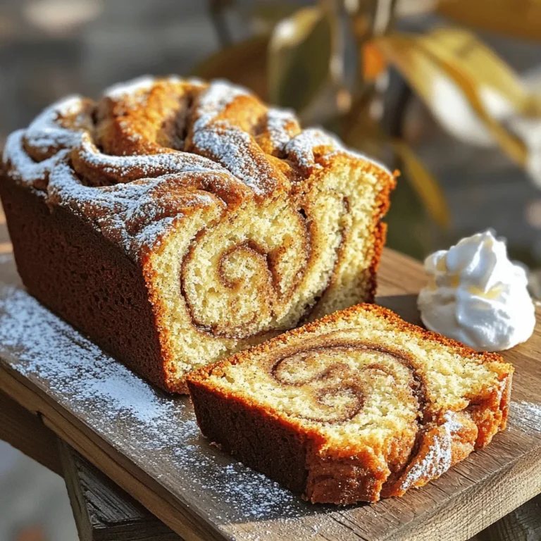 When making cinnamon swirl banana bread, gather the following fresh ingredients for the best taste: - 3 ripe bananas, mashed - 1/3 cup melted coconut oil (or unsalted butter) - 1/2 cup brown sugar, packed - 1 large egg, beaten - 1 teaspoon vanilla extract - 1 teaspoon baking soda - Pinch of salt - 1 1/2 cups all-purpose flour - 1 teaspoon ground cinnamon - 1/4 cup sugar (for cinnamon swirl mixture) Use ripe bananas for the sweetest flavor. The coconut oil or butter adds richness. Brown sugar brings moisture and depth. The egg helps bind your loaf. Vanilla extract gives a warm aroma. Baking soda will make it rise. Salt balances the sweetness. All-purpose flour gives structure. Ground cinnamon is key for that swirl. Finally, the sugar for the swirl adds a sweet crunch. With these ingredients, you can create a sweet, warm treat that fills your kitchen with a wonderful scent. This banana bread is perfect for breakfast or a snack. Feel free to customize with nuts or chocolate chips, if you like! First, preheat your oven to 350°F (175°C). This step is key for even baking. Grease a 9x5-inch loaf pan with cooking spray or butter. This prevents the bread from sticking. In a large bowl, combine the melted coconut oil with the mashed bananas. Stir this mix well until it looks smooth. Next, add the brown sugar, the beaten egg, and the vanilla extract. Mix until everything combines nicely. In another bowl, whisk together the baking soda, salt, and flour. This helps to mix the dry ingredients evenly. Gradually add this mixture to the banana batter. Stir gently until just combined. Avoid overmixing to keep the bread soft. In a small bowl, mix the sugar and ground cinnamon together. This is your cinnamon-sugar mixture. Pour half of the banana batter into the loaf pan. Then sprinkle half of the cinnamon-sugar mix on top. Pour the rest of the batter into the pan and add the remaining cinnamon-sugar mix. Use a knife to swirl it gently, creating a marbled look. Now, place the loaf pan in the oven. Bake for 50-60 minutes. To check if it's done, insert a toothpick into the center. If it comes out clean, your bread is ready. Let it cool in the pan for about 10 minutes. Then, transfer it to a wire rack to cool completely before slicing. Using ripe bananas is key. They add natural sweetness and moisture. Look for bananas with brown spots. Overmixing the batter is a common mistake. Mix just until combined for the best texture. This keeps the bread soft and tender. You can boost flavor by adding nuts or chocolate chips. Walnuts or pecans add a nice crunch. Chocolate chips make it sweet and rich. Try mixing in about 1/2 cup of either for a tasty twist. Serve the banana bread on a wooden board. Dust it lightly with powdered sugar for a nice touch. It pairs well with whipped cream or vanilla ice cream. These additions make it a delightful treat for everyone. {{image_2}} You can change the oil in this recipe. Instead of coconut oil, use unsalted butter. Both will give a rich taste. For flour, try whole wheat flour for more fiber. If you need a sweetener swap, use maple syrup or honey. Adjust the amount to keep the sweetness. For fun, add spices to your bread. Try nutmeg or ginger for a warm twist. You can also mix in fruit like blueberries or chopped apples. This adds flavor and texture to each bite. Feeling adventurous? Add a handful of nuts for crunch. If you need a gluten-free option, use gluten-free flour instead of all-purpose flour. Almond flour or oat flour are great choices. You might need to adjust the liquid a bit. Add a tablespoon of ground flaxseed mixed with water for binding. This keeps your bread moist and tasty. To keep your cinnamon swirl banana bread fresh, wrap it well. Use plastic wrap or aluminum foil. Store it in a cool, dry place. A bread box works great too. Avoid direct sunlight, as it can dry the bread out. If you want to keep it longer, the fridge can help. Just remember to wrap it tightly to avoid drying. Freezing banana bread is easy. Start by letting it cool completely. Then, slice the bread. Place each slice in plastic wrap. Put the wrapped slices in a freezer bag. Remove as much air as possible before sealing. To thaw, take out a slice and leave it at room temperature. You can also microwave it for a few seconds if you're in a hurry. Cinnamon swirl banana bread can last 2 to 4 days at room temperature. If stored in the fridge, it can last up to a week. In the freezer, it keeps well for about 2 to 3 months. Just make sure to check for any signs of spoilage before eating. Enjoy your delicious treat! You can use unsalted butter in place of coconut oil. The taste will change slightly, but it still works well. You could also try vegetable oil or even applesauce for a lighter option. Each choice brings its own flavor and texture to the bread. Yes, you can make this banana bread without eggs. Use a flax egg. To create one, mix 1 tablespoon of ground flaxseed with 2.5 tablespoons of water. Let it sit for about 5 minutes until it thickens. You can also use 1/4 cup of unsweetened applesauce as a substitute. To check if the banana bread is done, look for a golden color on top. You can also gently press the top; it should spring back. If you're unsure, you can insert a toothpick in the center. If it comes out clean, the bread is done. Yes, you can use frozen bananas. Just thaw them first and drain any excess water. They will be mushy, which is perfect for this recipe. Using frozen bananas can add extra moisture and sweetness to your bread. Making banana bread is simple and fun. We covered the key ingredients, like ripe bananas and cinnamon, that make the flavor pop. You learned how to mix the batter and create a tasty swirl. Tips on flavor, variations, and storage will keep your bread fresh. With these steps, you can enjoy warm, homemade banana bread anytime. Remember, baking is about trying new things and having fun. Enjoy every slice and share with friends!