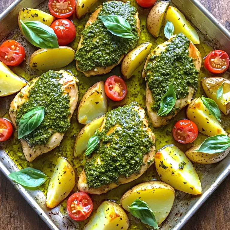 To make this tasty dish, you will need: - 4 boneless, skinless chicken breasts - 4 medium-sized Yukon gold potatoes, cut into wedges - 1 cup cherry tomatoes, halved - 1/2 cup basil pesto (store-bought or homemade) - 2 tablespoons olive oil - 2 cloves garlic, minced - 1 teaspoon salt - 1/2 teaspoon black pepper - 1 teaspoon Italian seasoning - Fresh basil leaves for garnish (optional) These ingredients work well together. The chicken stays juicy, while the potatoes turn crisp. The cherry tomatoes add a sweet touch. You can switch some ingredients to fit your taste: - Chicken Options: Use thighs or drumsticks if you prefer darker meat. For a lean option, try turkey breasts. - Potato Alternatives: Sweet potatoes are a great swap. For a lighter dish, use cauliflower florets. - Vegetable Choices: Bell peppers or zucchini can replace cherry tomatoes. They add color and flavor. - Pesto Choices: You can make pesto at home using fresh basil, garlic, nuts, and olive oil. Store-bought pesto is quick and easy, too. These swaps keep the dish fresh and fun. Feel free to mix it up! 1. Preheat the oven to 400°F (200°C). This helps cook your dish evenly. 2. Prepare a large sheet pan by lining it with parchment paper. This will make cleanup easy. 3. In a big bowl, mix the chicken breasts, potato wedges, cherry tomatoes, minced garlic, and pesto. 4. Add olive oil, salt, black pepper, and Italian seasoning to the bowl. 5. Stir everything together until each piece gets a nice coat of pesto. 1. Spread the mixture evenly on the sheet pan. Make sure they are in a single layer. 2. Bake in the oven for 25-30 minutes. 3. Check for doneness: The chicken should reach 165°F. The potatoes should be tender and lightly golden. 1. Remove the pan from the oven and let it rest for 5 minutes. 2. Garnish with fresh basil leaves if you like. 3. Serve directly from the sheet pan for a rustic and fun presentation! Enjoy your meal! To ensure even cooking for the chicken and potatoes, cut the potatoes into similar-sized wedges. This helps them cook at the same time. Spread them out in a single layer on the pan. Avoid crowding the ingredients, as this can lead to steaming instead of roasting. To prevent sticking on the sheet pan, use parchment paper or a silicone mat. You can lightly grease the pan with olive oil, too. This makes cleanup easy and keeps your chicken and potatoes from sticking. Prep ahead by cutting the potatoes and mincing the garlic the night before. Store them in the fridge in a sealed bag. You can also marinate the chicken in pesto overnight. This adds flavor and saves time when you're ready to cook. Using pre-cut vegetables can speed up your meal prep. Many stores sell ready-to-use potatoes or mixed veggies. Just toss them in with your chicken and pesto for a quick and tasty dish. For extra flavor, add spices like paprika or crushed red pepper. Toss in some fresh herbs, too, like thyme or rosemary. These can brighten the dish and enhance its taste. Marinating tips for a richer taste include using the pesto as a marinade. Coat the chicken in it and let it sit for at least 30 minutes. This infuses the chicken with flavor and makes it juicy when cooked. {{image_2}} You can switch up the protein in this dish. Try using turkey if you want a leaner option. If you prefer plant-based meals, tofu works great too. Just cut it into cubes and marinate it in pesto. For veggies, Yukon gold potatoes can be swapped. Zucchini adds a lovely texture. Bell peppers add color and sweetness. Feel free to mix and match any veggies you have on hand. Different pestos can change the flavor. Sun-dried tomato pesto gives a rich taste. Arugula pesto adds a peppery kick. You can even make your own by blending nuts, cheese, and herbs. Adding spices can also give your dish a new vibe. For Mediterranean flair, try oregano and thyme. If you want to go Italian, add red pepper flakes and fresh basil. You can grill or air fry this dish for a twist. For grilling, marinate the chicken and veggies in pesto. Cook them on medium heat for 15 to 20 minutes, turning often. For air frying, preheat the air fryer to 375°F. Place the chicken and veggies in a single layer. Cook for about 20 minutes, checking for doneness halfway through. Store leftovers in an airtight container. This keeps the chicken and potatoes fresh. You can store them in the fridge for up to three days. Make sure the dish is cool before sealing. This helps avoid moisture build-up. Label your container with the date. This way, you know when to use it. To reheat, place the leftovers on a baking sheet. Preheat your oven to 350°F (175°C). Heat for about 15-20 minutes. This helps keep the chicken juicy and the potatoes crisp. You can also use a microwave if you’re in a hurry. Just cover the dish with a damp paper towel. This keeps the moisture in. For long-term storage, freeze the leftovers. Divide them into single servings. Use freezer-safe containers or bags. Make sure to remove as much air as possible. Label each container with the date. You can freeze the dish for up to three months. Thaw in the fridge overnight before reheating. Enjoy a quick meal anytime! What is the best type of chicken to use? I recommend using boneless, skinless chicken breasts. They cook evenly and stay juicy. You can also use thighs for more flavor, but they may take longer to cook. How do you know when the chicken is fully cooked? The chicken is done when it reaches 165°F (75°C) inside. Use a meat thermometer to check. If you don’t have one, cut into the thickest part. The meat should be white, not pink. Can I make this recipe gluten-free? Yes! This recipe is naturally gluten-free. Just ensure your pesto is gluten-free. Many store-bought brands are safe. Homemade pesto is also a great option. How can I adjust the recipe for a smaller or larger crowd? To serve fewer people, simply cut the recipe in half. For more guests, double the ingredients. Just use a larger sheet pan or two pans. Keep the same cooking time. Can I use a different cooking method? Absolutely! You can grill the chicken and veggies if you prefer. Just marinate them in pesto and cook over medium heat until done. You can also use an air fryer for a crispy finish. How do I make pesto from scratch? Making pesto is easy! Blend 2 cups of fresh basil, 1/2 cup of olive oil, 1/3 cup of pine nuts, 2 cloves of garlic, and 1/2 cup of Parmesan cheese. Add salt to taste. Enjoy fresh or store in the fridge! This blog covered the key ingredients for a tasty sheet pan meal. We explored options for substitutions, cooking steps, and serving ideas. I shared tips for even cooking and flavor enhancement, along with fun variations to try. Remember, you can adapt this recipe to fit your taste. Enjoy experimenting with ingredients to make a dish that’s all your own. Your kitchen should be fun and creative, so dive in and enjoy the process!