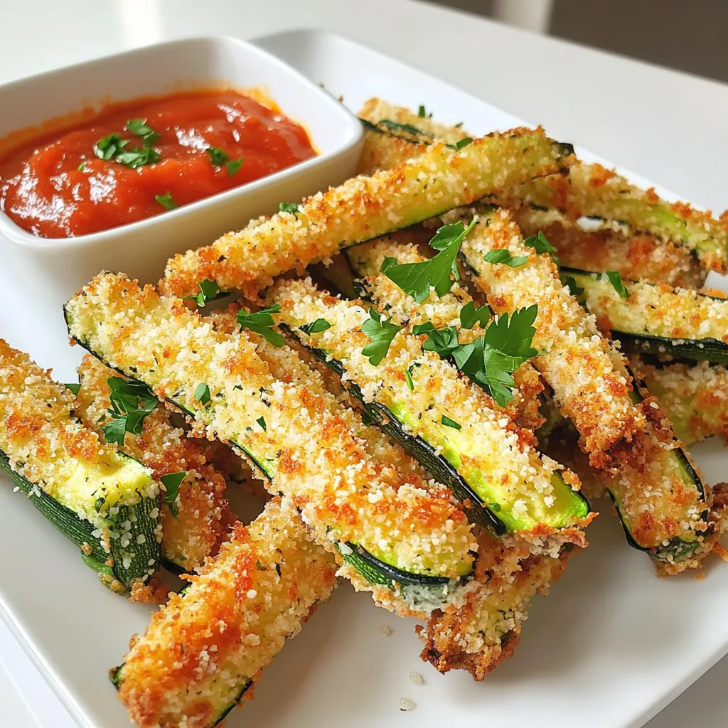 - Zucchini and their preparation - Use 2 medium zucchinis. - Cut them into fries about 1/4 inch thick. - This size helps them cook evenly. - Coating ingredients - 1/2 cup all-purpose flour for the first dip. - 2 large eggs, beaten, for a sticky layer. - 1 cup panko breadcrumbs for crunch. - 1/2 cup grated Parmesan cheese adds flavor. - Spices and seasoning details - 1 teaspoon garlic powder for a savory touch. - 1 teaspoon oregano for a hint of earthiness. - 1/2 teaspoon paprika for a slight kick. - Salt and pepper to taste, enhancing all flavors. - Cooking spray options - Use cooking spray for a light coat. - You can also drizzle olive oil for extra crispiness. - This step ensures they cook nicely in the air fryer. First, you need to preheat your air fryer. Set it to 400°F (200°C). Preheating helps achieve the right crispiness. This step usually takes about 3 to 5 minutes. Now, let’s get to the fun part: coating the zucchini fries. You will need three bowls. - First bowl: Fill it with 1/2 cup of all-purpose flour. - Second bowl: Beat 2 large eggs and pour them in. - Third bowl: Mix 1 cup of panko breadcrumbs, 1/2 cup of grated Parmesan cheese, and 1 teaspoon each of garlic powder and oregano. Add 1/2 teaspoon of paprika and salt and pepper to taste. Now, take each zucchini fry. Dip it into the flour first. Shake off any extra flour. Next, dip it in the beaten eggs. Make sure it is fully coated. Finally, roll the fry in the panko mixture. Press down lightly to help it stick. Proper coating gives you that crunchy texture you want. For cooking, place the coated zucchini fries in the air fryer basket. Make sure they are in a single layer. This helps them cook evenly. If you have a lot, cook them in batches. Lightly spray the fries with cooking spray or drizzle some olive oil over them. This adds to the crispiness. Set the timer for 12 to 15 minutes. Remember to flip the fries halfway through. This ensures they cook evenly and get golden all around. Once they are done, take them out and enjoy! For crispy zucchini fries, the right time and temperature matter. Set your air fryer to 400°F (200°C). Cook for 12-15 minutes. Flip the fries halfway for even crispiness. Using cooking spray helps too. Lightly spray the fries before cooking. This adds a golden finish. If you want, drizzle a bit of olive oil on for extra crunch. Dipping sauces make zucchini fries even better. Marinara sauce is a classic choice. Ranch dressing also pairs well. For a fun twist, try garlic aioli. When serving, use a colorful platter. Arrange the fries neatly. Add fresh parsley on top. A lemon wedge can brighten the plate. Avoid overcrowding the air fryer basket. This can lead to soggy fries. Cook in batches if needed. Ensure the coating sticks well. Shake off excess flour and egg mixture. Press the panko mix onto the zucchini. This helps the coating stay put during cooking. {{image_2}} You can switch Parmesan for other cheeses. Try using mozzarella for a gooey texture. Cheddar adds a sharp taste. For a bolder flavor, use aged Gouda. Just remember, different cheeses may change the crispiness. To boost flavor, add spices like cayenne for heat. You can sprinkle some onion powder for sweetness. Fresh herbs like basil or thyme can brighten the dish. Mix these herbs into the panko for a fresh taste. If you're looking for low-carb options, try almond flour instead of all-purpose flour. For gluten-free breading, use crushed gluten-free crackers. Air frying is healthier than baking since it uses less oil. Plus, air frying keeps the zucchini crispy and fun to eat. To keep your leftover Parmesan zucchini fries fresh, use airtight containers. Glass or plastic containers work well. Make sure they are sealed tightly. Store the fries in the fridge. They will last up to three days. If you plan to eat them later, avoid stacking them. This helps keep them from getting soggy. To reheat your fries and keep them crispy, use the air fryer again. Preheat it to 350°F (175°C). Place the fries in the basket in a single layer. Heat for about 5-7 minutes, flipping halfway through. This method revives their crunchiness. Avoid using the microwave, as it can make them soft. You can freeze the fries before or after cooking. To freeze before cooking, coat them and place them on a baking sheet. Freeze them for about an hour until solid, then transfer to a freezer bag. They can stay frozen for up to two months. If you freeze them after cooking, let them cool first. Store them in airtight containers or bags. Cooked fries can last up to one month in the freezer. Yes, you can! Zucchini is great, but other veggies work too. Try these: - Eggplant: Slice into fries and coat like zucchini. - Sweet potatoes: Cut into sticks for a sweet twist. - Carrots: They add color and a nice crunch. - Bell peppers: Slice them into strips for a tasty option. Feel free to experiment with your favorites. Just adjust cooking times based on thickness. Look for a golden brown color. This shows they are crispy and ready. When you tap them, they should feel firm. If they look soft or pale, they may need more time. Always flip halfway through cooking for even crispness. These fries pair well with many tasty sides. Here are some ideas: - Marinara sauce: A classic dip for extra flavor. - Ranch dressing: Creamy and cool, it balances the crunch. - Garlic aioli: A rich dip that adds a gourmet touch. - Serve with a fresh salad for a light meal. You can mix and match these options for fun and flavor! We've explored how to make delicious air fryer zucchini fries from start to finish. You learned about the ingredients and the step-by-step process, from preparation to cooking. I shared tips for extra crispiness, serving ideas, and common mistakes to avoid. Finally, we discussed variations and storage methods. In my view, these zucchini fries are a tasty and healthy snack. With practice, you'll perfect this simple recipe and enjoy crispy fries anytime. Dip them, serve them, and impress your friends!